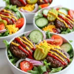 - 1 lb ground beef or ground turkey - 4 cups mixed salad greens (like romaine and spinach) - 1 cup cherry tomatoes, halved - 1 cucumber, thinly sliced - 1/2 red onion, thinly sliced - 1 cup pickles, sliced - 1/2 cup ketchup - 1/4 cup quality mustard - 1/4 cup mayonnaise - 1 tablespoon garlic powder - 1 teaspoon onion powder - Sea salt and freshly ground black pepper, to taste - 1 cup shredded cheddar cheese - 2 tablespoons extra-virgin olive oil In these burger bowls, ground beef or turkey serves as the star. I often choose turkey for a lighter meal. The mixed salad greens provide a fresh crunch to each bite. I love using a variety of greens like romaine and spinach for added flavor and nutrition. Toppings make these bowls fun. Halved cherry tomatoes add sweetness, while crunchy cucumbers and pickles bring a nice contrast. Thinly sliced red onion adds a bit of zing. For sauces, I use classic ketchup, mustard, and mayonnaise. They bring that beloved burger taste to the bowl. Garlic powder and onion powder enhance the meat's flavor. Don't forget the sea salt and pepper; they make everything pop! Optional extras, like shredded cheddar cheese, give a creamy twist. A drizzle of extra-virgin olive oil adds richness to the greens. These ingredients come together to create a meal that's both tasty and easy to make. In a mixing bowl, combine the ground beef or turkey with garlic powder, onion powder, sea salt, and black pepper. Use your hands or a spatula to mix well. Make sure all the spices coat the meat evenly. You can adjust the salt and pepper to fit your taste. Heat a skillet over medium-high heat and add olive oil. Wait until the oil shimmers but does not smoke. Shape the meat mixture into small patties, roughly the size of your palm. Place the patties in the hot skillet, leaving space between them. Cook for about 4-5 minutes on each side. They should be brown and cooked to your liking. Once done, transfer them to a plate to rest for a few minutes. This helps keep the patties juicy. Grab four serving bowls and layer mixed salad greens as the base. This adds color and crunch. Next, evenly distribute halved cherry tomatoes, sliced cucumber, thinly sliced red onion, and pickles on top of the greens. Sprinkle shredded cheddar cheese generously over the salad. Slice the rested burger patties into strips or bite-sized pieces and arrange them neatly on the fresh salad. Finally, drizzle ketchup, mustard, and mayonnaise over each bowl. For a fun touch, you can add fresh herbs like parsley or dill on top. Serve right away for a fresh, tasty meal! To cook your burger bowls perfectly, you can choose between ground beef or turkey. Ground beef gives your bowl a rich flavor. Turkey is leaner and lighter. The choice is yours! If you pick turkey, season it well. This will bring out the taste. After cooking, let the patties rest. Resting helps keep them juicy. If you skip this step, they may dry out. I recommend resting them for about five minutes. This small step makes a big difference. When it comes to presentation, think colorful. Use vibrant plates to make the bowls pop. Arrange each ingredient in sections. This creates a fun look. For extra flair, add sesame seeds or fresh herbs on top. These touches make your meal look gourmet. For busy weeknights, prep your ingredients in advance. Chop your veggies and store them separately. This keeps them fresh and crisp. You can make the patties ahead of time too. Cook them, let them cool, and freeze. When you're ready, just reheat and assemble your bowls. This saves time and makes dinner easy. With these tips, you can enjoy delicious burger bowls that are fun to make and eat! {{image_4}} For a tasty veggie twist, replace meat with black beans or lentils. These options add protein and keep it hearty. You can also try chickpeas for a different flavor. Top your veggie bowl with fresh avocado, diced tomatoes, and a sprinkle of cilantro. These add freshness and color, making the dish pop. If you're on a low-carb diet, swap salad greens for cauliflower rice. This keeps it light while staying low in carbs. Use sugar-free ketchup and mayonnaise to lower carb counts. You can also try avocado oil instead of olive oil for a different taste. These small swaps help keep your meal healthy and satisfying. Want to spice things up? Try a Mexican twist! Add jalapeños, corn, and avocado for flavor. A squeeze of lime juice brings it all together. For a Mediterranean theme, use feta cheese and kalamata olives. These unique toppings create a fresh and bold flavor. Don't be afraid to mix and match. Your burger bowl can be anything you want! For short-term storage, keep the assembled burger bowls in the fridge. Use airtight containers to keep them fresh. They last about 2-3 days in the fridge. The mixed salad greens can wilt, so eat them first. Store individual ingredients separately if possible. This method keeps everything fresh longer. You can freeze the burger patties for long-term storage. Wrap each patty in plastic wrap, then place them in a freezer bag. They can last up to 3 months in the freezer. For meal prep, cut veggies ahead of time. Store them in separate containers for easy assembly later. When reheating leftovers, use a microwave or a skillet. If using a microwave, cover the bowl to keep moisture in. Heat in short bursts to avoid overcooking. In a skillet, add a splash of water and cover for even heating. This helps keep the texture and flavor intact. Burger bowls are a fun twist on traditional burgers. Instead of a bun, you layer fresh salad greens with burger toppings. You can use ground beef or turkey. This dish is perfect for a light yet filling meal. It combines all the flavors of a burger in a healthy format. You can customize your burger bowl in many ways. Here are some ideas: - Protein swaps: Use grilled chicken, black beans, or lentils for variety. - Greens base: Try kale, arugula, or mixed greens for different tastes. - Toppings: Add avocado, jalapeños, or roasted red peppers for a flavor boost. - Cheese options: Use feta, goat cheese, or pepper jack for a twist. - Dressing: Experiment with ranch, balsamic vinaigrette, or a zesty yogurt sauce. Yes, you can prep burger bowls ahead. This saves time on busy days. Here are some tips: - Prep ingredients separately: Keep greens, proteins, and toppings apart for freshness. - Cook patties in advance: Grill or pan-fry the patties and store them in the fridge. - Assemble just before serving: Layer your bowls when you're ready to eat. You can serve a variety of sides with burger bowls. Here are some tasty options: - Sweet potato fries: Crispy and sweet, they pair well with the savory bowls. - Coleslaw: Adds crunch and a tangy flavor to balance the meal. - Fruit salad: A refreshing side that complements the savory elements. - Garlic bread: Offers a warm, crunchy contrast to the fresh salad. These sides will enhance your burger bowl experience and make your meal complete. Burger bowls offer a fun twist on traditional burgers. We explored key ingredients, from the patties to fresh toppings and sauces. I shared step-by-step instructions for mixing and cooking, ensuring you create the best burger bowls. Don’t forget the tips for meal prep, variations, and storage to make your cooking easier. Enjoy the freedom to customize each bowl to fit your taste. This dish makes meals exciting and can please many eaters. With simple ingredients and techniques, you can create delicious meals every week. Happy cooking!