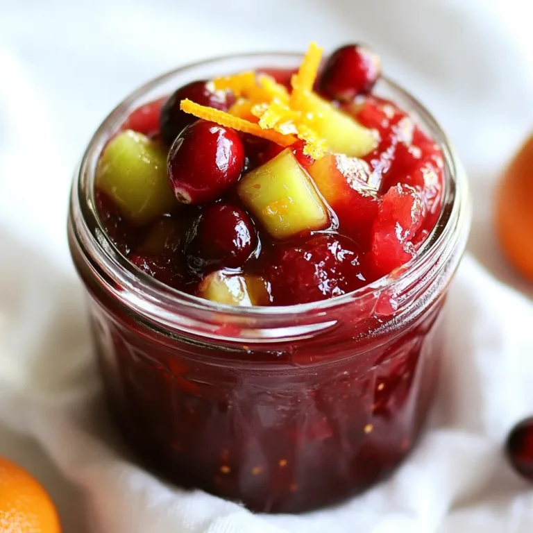 - 2 cups fresh cranberries, thoroughly rinsed - 2 medium apples, peeled and diced (Granny Smith offers a great tartness) - Zest and juice from 1 large orange - 1 cup granulated sugar (feel free to adjust for your desired sweetness) - 1/2 cup water - 1 teaspoon ground cinnamon - 1/4 teaspoon ground nutmeg - 1 tablespoon fresh lemon juice I love using fresh ingredients to make this jam. Fresh cranberries give a bright flavor. The tartness of Granny Smith apples balances well with the sweet cranberries. I always zest and juice a large orange for a fresh and zesty kick. When it comes to sugar, you can adjust it. If you want it sweeter, add a bit more. Keep in mind, the sugar helps with preserving the jam too. The half cup of water is needed to help the fruit cook down. Spices like ground cinnamon and nutmeg add warmth and depth. They make the jam taste cozy and inviting. Finally, the lemon juice brightens the flavors and adds a touch of acidity. By using these key ingredients, you create a tasty jam that is perfect on toast or as a gift. {{ingredient_image_2}} 1. Start by combining ingredients in a pot. Take a large pot and add 2 cups of fresh cranberries, 2 peeled and diced apples, the zest, and juice from one large orange. Add 1/2 cup of water. This mix will create a bright and tangy base for our jam. 2. Next, focus on the cooking process and simmering details. Place the pot over medium heat. As it heats, stir the mixture gently. When it begins to boil, lower the heat to low. Let it simmer for about 10 minutes. You will see the cranberries burst open and soften, releasing their juices. 3. Now, test for consistency. After simmering, add 1 cup of granulated sugar, 1 teaspoon of ground cinnamon, 1/4 teaspoon of ground nutmeg, and 1 tablespoon of fresh lemon juice. Stir well until the sugar dissolves completely. Continue to simmer for 20-25 minutes while stirring often. The jam will thicken and become glossy. 4. To ensure it’s ready, place a teaspoon of jam on a cold plate. Wait a minute, then run your finger through it. If it holds its shape, it’s perfect. 5. Remove the pot from the heat and allow the jam to cool slightly. Pour it carefully into sterilized jars. Seal them tightly to keep the jam fresh. 6. Let the jars cool completely at room temperature before storing them in the fridge. Enjoy your homemade cranberry apple orange jam! - Adjusting sweetness for taste: You can change the sugar amount. If you like it sweeter, add more sugar. If you prefer it less sweet, use less. Always taste as you go! - Tips for achieving the ideal consistency: The key is to simmer long enough. As it cooks, the jam will thicken. To check, place a spoonful on a cold plate. If it holds its shape, it’s perfect. - Preventing burning or sticking: Stir the jam often while it cooks. This keeps the fruit moving and helps prevent sticking. If you see any sticking, lower the heat or add a splash of water. Pro Tips Use Fresh Ingredients: Always opt for fresh cranberries and apples to enhance the flavor of your jam. Fresh ingredients yield a brighter taste and a more vibrant color. Adjust Sweetness: Taste the mixture before adding all the sugar. Depending on the tartness of your cranberries and apples, you may want to adjust the amount of sugar to suit your preference. Check Consistency: For a perfect jam consistency, do the plate test. If the jam wrinkles when pushed with your finger, it has reached the right thickness. Storage Tips: To ensure longevity, store the jam in sterilized jars and keep it refrigerated. For longer storage, consider water bath canning for shelf stability. {{image_4}} Want to take your cranberry apple orange jam to the next level? You can add more spice and flavor. Here are some ideas: - Additional spices to consider: Try adding allspice or cloves. They bring warmth and depth. Just a small amount can change the taste a lot. Cinnamon is great, but don’t be shy with other spices. - Adding other fruits: You can mix in other fruits too. Pears or peaches work well. They add sweetness and a nice texture. Be sure to chop them small so they blend in well. - Preserving techniques for different textures: If you want a smoother jam, blend it after cooking. For a chunkier version, just mash the fruit slightly. You can also try canning or freezing for longer storage. Each method gives a different feel, so choose what you like best. These variations make your jam unique and perfectly suited to your taste. Enjoy experimenting! To store your homemade jam safely, start with clean jars. Wash them in hot, soapy water. You can also run them through the dishwasher. This will kill germs. For best results, place the jars in a pot of boiling water for a few minutes. This extra step will help keep your jam fresh longer. Once your jam cools, pour it into the sterilized jars. Leave about half an inch of space at the top. This space helps the jam expand when it freezes or heats. Seal the jars tightly with their lids. If you do not seal them well, air can spoil your jam. After sealing, place the jars in the fridge. Homemade jam can stay fresh for about three weeks in the fridge. If you want to keep it longer, consider freezing it. Just make sure to use jars that can handle the cold. You should also leave more space at the top of the jar when freezing. This space allows the jam to expand. Homemade jam can last a while if stored correctly. In the fridge, it stays good for up to three weeks. If you freeze it, the jam can last for up to a year. Always check for signs of spoilage. If you see mold or smell something off, it’s best to toss it. Enjoy your tasty cranberry apple orange jam while it’s fresh! Yes, you can use frozen cranberries for this recipe. Just thaw them first. Drain any excess water before using them. This ensures your jam stays thick and flavorful. To make this jam without sugar, use natural sweeteners. Try honey or maple syrup. You can also use mashed bananas for sweetness. Remember to adjust the amount to taste, so your jam remains balanced. You can pair this jam with many foods. It tastes great on toast or fresh scones. Try it on pancakes or waffles for a sweet twist. You can also use it in yogurt or oatmeal. It adds a nice fruity flavor. You learned about the key ingredients for making Cranberry Apple Orange Jam, including fresh cranberries, apples, and flavor enhancers. We went through the step-by-step process, from mixing ingredients to cooking them for the right consistency. I shared tips to adjust sweetness and prevent sticking. You also discovered ways to enhance flavors and preserve texture. Finally, we talked about jarring, sealing, and storing your jam. Now you’re ready to create your own batch. This jam is sure to bring joy and flavor to your meals!