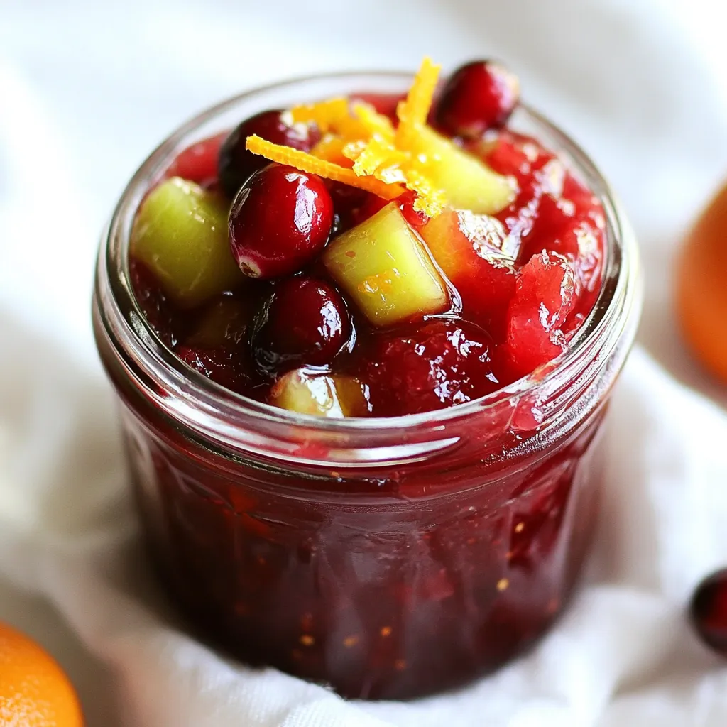 - 2 cups fresh cranberries, thoroughly rinsed - 2 medium apples, peeled and diced (Granny Smith offers a great tartness) - Zest and juice from 1 large orange - 1 cup granulated sugar (feel free to adjust for your desired sweetness) - 1/2 cup water - 1 teaspoon ground cinnamon - 1/4 teaspoon ground nutmeg - 1 tablespoon fresh lemon juice I love using fresh ingredients to make this jam. Fresh cranberries give a bright flavor. The tartness of Granny Smith apples balances well with the sweet cranberries. I always zest and juice a large orange for a fresh and zesty kick. When it comes to sugar, you can adjust it. If you want it sweeter, add a bit more. Keep in mind, the sugar helps with preserving the jam too. The half cup of water is needed to help the fruit cook down. Spices like ground cinnamon and nutmeg add warmth and depth. They make the jam taste cozy and inviting. Finally, the lemon juice brightens the flavors and adds a touch of acidity. By using these key ingredients, you create a tasty jam that is perfect on toast or as a gift. {{ingredient_image_2}} 1. Start by combining ingredients in a pot. Take a large pot and add 2 cups of fresh cranberries, 2 peeled and diced apples, the zest, and juice from one large orange. Add 1/2 cup of water. This mix will create a bright and tangy base for our jam. 2. Next, focus on the cooking process and simmering details. Place the pot over medium heat. As it heats, stir the mixture gently. When it begins to boil, lower the heat to low. Let it simmer for about 10 minutes. You will see the cranberries burst open and soften, releasing their juices. 3. Now, test for consistency. After simmering, add 1 cup of granulated sugar, 1 teaspoon of ground cinnamon, 1/4 teaspoon of ground nutmeg, and 1 tablespoon of fresh lemon juice. Stir well until the sugar dissolves completely. Continue to simmer for 20-25 minutes while stirring often. The jam will thicken and become glossy. 4. To ensure it’s ready, place a teaspoon of jam on a cold plate. Wait a minute, then run your finger through it. If it holds its shape, it’s perfect. 5. Remove the pot from the heat and allow the jam to cool slightly. Pour it carefully into sterilized jars. Seal them tightly to keep the jam fresh. 6. Let the jars cool completely at room temperature before storing them in the fridge. Enjoy your homemade cranberry apple orange jam! - Adjusting sweetness for taste: You can change the sugar amount. If you like it sweeter, add more sugar. If you prefer it less sweet, use less. Always taste as you go! - Tips for achieving the ideal consistency: The key is to simmer long enough. As it cooks, the jam will thicken. To check, place a spoonful on a cold plate. If it holds its shape, it’s perfect. - Preventing burning or sticking: Stir the jam often while it cooks. This keeps the fruit moving and helps prevent sticking. If you see any sticking, lower the heat or add a splash of water. Pro Tips Use Fresh Ingredients: Always opt for fresh cranberries and apples to enhance the flavor of your jam. Fresh ingredients yield a brighter taste and a more vibrant color. Adjust Sweetness: Taste the mixture before adding all the sugar. Depending on the tartness of your cranberries and apples, you may want to adjust the amount of sugar to suit your preference. Check Consistency: For a perfect jam consistency, do the plate test. If the jam wrinkles when pushed with your finger, it has reached the right thickness. Storage Tips: To ensure longevity, store the jam in sterilized jars and keep it refrigerated. For longer storage, consider water bath canning for shelf stability. {{image_4}} Want to take your cranberry apple orange jam to the next level? You can add more spice and flavor. Here are some ideas: - Additional spices to consider: Try adding allspice or cloves. They bring warmth and depth. Just a small amount can change the taste a lot. Cinnamon is great, but don’t be shy with other spices. - Adding other fruits: You can mix in other fruits too. Pears or peaches work well. They add sweetness and a nice texture. Be sure to chop them small so they blend in well. - Preserving techniques for different textures: If you want a smoother jam, blend it after cooking. For a chunkier version, just mash the fruit slightly. You can also try canning or freezing for longer storage. Each method gives a different feel, so choose what you like best. These variations make your jam unique and perfectly suited to your taste. Enjoy experimenting! To store your homemade jam safely, start with clean jars. Wash them in hot, soapy water. You can also run them through the dishwasher. This will kill germs. For best results, place the jars in a pot of boiling water for a few minutes. This extra step will help keep your jam fresh longer. Once your jam cools, pour it into the sterilized jars. Leave about half an inch of space at the top. This space helps the jam expand when it freezes or heats. Seal the jars tightly with their lids. If you do not seal them well, air can spoil your jam. After sealing, place the jars in the fridge. Homemade jam can stay fresh for about three weeks in the fridge. If you want to keep it longer, consider freezing it. Just make sure to use jars that can handle the cold. You should also leave more space at the top of the jar when freezing. This space allows the jam to expand. Homemade jam can last a while if stored correctly. In the fridge, it stays good for up to three weeks. If you freeze it, the jam can last for up to a year. Always check for signs of spoilage. If you see mold or smell something off, it’s best to toss it. Enjoy your tasty cranberry apple orange jam while it’s fresh! Yes, you can use frozen cranberries for this recipe. Just thaw them first. Drain any excess water before using them. This ensures your jam stays thick and flavorful. To make this jam without sugar, use natural sweeteners. Try honey or maple syrup. You can also use mashed bananas for sweetness. Remember to adjust the amount to taste, so your jam remains balanced. You can pair this jam with many foods. It tastes great on toast or fresh scones. Try it on pancakes or waffles for a sweet twist. You can also use it in yogurt or oatmeal. It adds a nice fruity flavor. You learned about the key ingredients for making Cranberry Apple Orange Jam, including fresh cranberries, apples, and flavor enhancers. We went through the step-by-step process, from mixing ingredients to cooking them for the right consistency. I shared tips to adjust sweetness and prevent sticking. You also discovered ways to enhance flavors and preserve texture. Finally, we talked about jarring, sealing, and storing your jam. Now you’re ready to create your own batch. This jam is sure to bring joy and flavor to your meals!