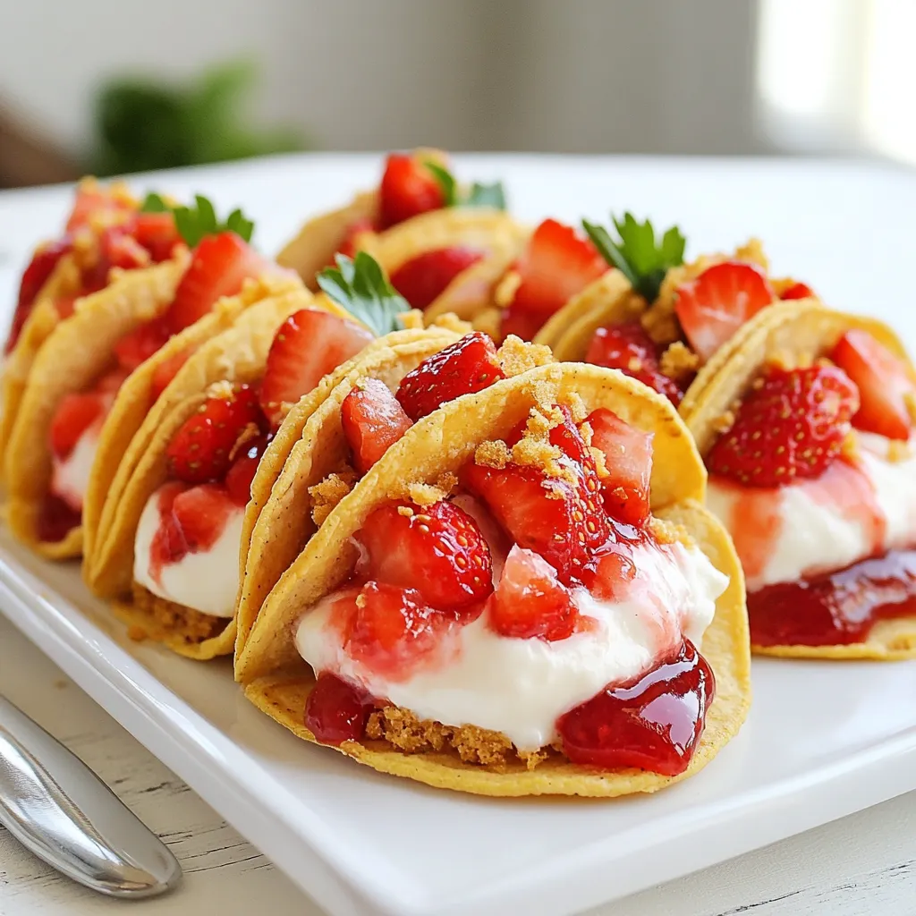 - 1 cup graham cracker crumbs - 1/2 cup unsalted butter, melted - 1 tablespoon granulated sugar - 1 (8 oz) package cream cheese, softened to room temperature - 1/2 cup powdered sugar - 1 teaspoon pure vanilla extract - 1 cup heavy whipping cream - 1 cup fresh strawberries, hulled and diced - 1/4 cup strawberry jam - Mini flour tortillas (6-inch size) These ingredients create a sweet delight. Each one plays an important role in the taste and texture. You can add a pinch of salt to the crust. It brings out the flavors. For extra fun, mix in some lemon zest in the cream cheese filling. It adds a bright note. You might also enjoy adding a sprinkle of cinnamon to the graham cracker crumbs. This gives a warm twist to each bite. These small changes can make your cheesecake tacos special. They let you play with flavors. Have fun experimenting with your favorite tastes! {{ingredient_image_2}} To start, get a medium mixing bowl. Add these items: - 1 cup graham cracker crumbs - 1/2 cup unsalted butter, melted - 1 tablespoon granulated sugar Mix until it looks like wet sand. This should take just a minute. Then, preheat your oven to 350°F (175°C). Spread the crumb mix on a baking sheet. Bake for 8-10 minutes. You want it golden brown. Once done, take it out and let it cool completely on the baking sheet. In a large bowl, add these ingredients: - 1 (8 oz) package cream cheese, softened - 1/2 cup powdered sugar - 1 teaspoon pure vanilla extract Use a hand mixer or stand mixer to beat them together. Mix until smooth and creamy. There should be no lumps left. This step is key for a velvety cheesecake filling. In a separate bowl, pour in 1 cup of heavy whipping cream. Use a hand mixer to whip it until you see stiff peaks. This takes a few minutes. Once you see those peaks, carefully fold the whipped cream into the cream cheese mix. Use a spatula and be gentle. You want to keep it light and fluffy. Take mini flour tortillas (about 6 inches each) and lay them flat. Spoon about 2 tablespoons of the cheesecake filling in the center of each tortilla. Make sure not to overfill. This will help keep the tacos neat. Next, sprinkle diced strawberries on top of the cheesecake filling. Use about 1 cup of fresh strawberries for this step. Then, drizzle 1/4 cup of strawberry jam over the strawberries. This adds a nice sweetness and bright color. Now, fold each tortilla in half like a taco. Make sure to enclose the filling well. Roll the edges in the cooled graham cracker crust for a crunchy coating. For serving, arrange the tacos on a colorful platter. You can add more strawberry jam on top and garnish with whole strawberries. This makes a beautiful display that everyone will love. To make these strawberry crunch cheesecake tacos shine, you need some key tools. Here’s what I recommend: - Mixing bowls (medium and large) - Hand mixer or stand mixer - Spatula for folding - Baking sheet for the crust - Measuring cups and spoons Using these tools will help you work efficiently. A hand mixer makes it easier to beat the cream cheese. It saves time and energy. For a beautiful presentation, arrange the tacos on a colorful platter. Here are some ideas to enhance their look: - Drizzle extra strawberry jam over the tacos. - Garnish with whole strawberries for a pop of color. - Serve with a side of whipped cream for added delight. These touches make your tacos not just tasty, but also visually appealing. You can prepare these tacos ahead of time. To store them before serving: - Assemble the tacos as instructed. - Place them in an airtight container. - Refrigerate for up to 30 minutes before serving. This way, you keep them fresh while saving time. Enjoy your delicious tacos! Pro Tips Chill Your Ingredients: For a smoother cheesecake filling, ensure your cream cheese is softened at room temperature and your heavy cream is chilled before whipping. Use Fresh Strawberries: Opt for ripe, fresh strawberries for the best flavor. You can also macerate them in a bit of sugar for extra sweetness. Experiment with Flavors: Feel free to add a splash of lemon juice or zest to your cheesecake filling for a refreshing citrus twist. Keep It Cool: If not serving immediately, refrigerate the assembled tacos for up to 30 minutes to keep them fresh and firm. {{image_4}} For a gluten-free crust, use almond flour or gluten-free graham cracker crumbs. Mix these with melted coconut oil instead of butter. This swap keeps the crunchy texture and adds a nutty flavor that pairs well with cheesecake. To make this dessert vegan, use dairy-free cream cheese and coconut whipped cream. You can find these products in most grocery stores. Replace butter with vegan margarine for the crust. These substitutes let everyone enjoy this tasty treat. While strawberries shine in this recipe, you can mix it up. Try using blueberries, raspberries, or peaches for a different twist. Each fruit brings its own sweetness and tang. This way, you can experiment and find your favorite flavor! To keep your Strawberry Crunch Cheesecake Tacos fresh, store them in the fridge. Place them in an airtight container. They stay great for up to 2 days. The longer they sit, the softer the tortillas become. For the best taste, enjoy them within this time frame. You can freeze these tacos for longer storage. Wrap each taco in plastic wrap. Then, place them in a freezer-safe bag. They last up to 2 months in the freezer. To eat, just thaw them in the fridge overnight. This keeps the filling creamy and delicious. If your tacos feel a bit soft after storage, don’t worry. You can revive them! Place them in a preheated oven at 350°F (175°C) for about 5-7 minutes. This warms them up and adds a nice crisp. For extra flavor, drizzle some fresh strawberry jam after warming. Enjoy your delicious treat! You can use crushed cookies instead of graham cracker crumbs. Try vanilla wafers or digestive biscuits. You can also use crushed pretzels for a salty twist. Just make sure to mix them with melted butter and sugar. To make these tacos ahead, prepare the crust and filling first. Store them separately in the fridge. You can fill the tortillas just before serving. This keeps everything fresh and tasty. Yes! You can use other fruits like blueberries, raspberries, or peaches. Each fruit brings a new flavor. Just be sure to adjust the jam to match the fruit you choose. Serve these tacos on a bright platter. Drizzle extra strawberry jam on top for a pop of color. Add whole strawberries for a fun touch. It makes the dish look even better! These tacos stay fresh for up to two days in the fridge. Keep them in an airtight container to avoid sogginess. For best texture, enjoy them within the first day after making. This blog post shared a fun recipe for strawberry crunch cheesecake tacos. We detailed the ingredients with measurements and optional flavors. You learned step-by-step how to create the graham cracker crust, cheesecake filling, and how to layer your tacos. We also covered tips for serving and storage, along with variations for dietary needs. Now you have the tools to impress your friends and family. Enjoy this simple and creative dessert with fresh flavors!