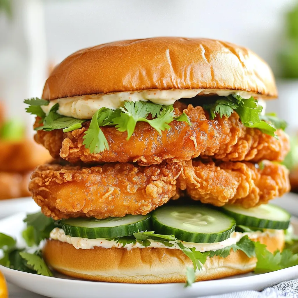 To make a delicious Thai fried chicken sandwich, you need: - 2 boneless, skinless chicken thighs - 1 cup buttermilk (or plant-based milk) - 1 tablespoon fish sauce - 1 tablespoon Sriracha sauce - 1 cup all-purpose flour - 1 teaspoon cornstarch - 1 teaspoon garlic powder - 1 teaspoon onion powder - 1 teaspoon salt - 1/2 teaspoon freshly ground black pepper - Oil for frying (about 2 cups) - 4 brioche or whole wheat hamburger buns - Fresh lettuce leaves - Sliced cucumbers - Fresh cilantro leaves - Spicy mayo (mix mayonnaise and Sriracha) If you want to change a few ingredients, here are some swaps: - Use almond milk or soy milk for a dairy-free option. - Replace fish sauce with soy sauce for a vegetarian version. - Use gluten-free flour for a gluten-free sandwich. - Swap Sriracha for a milder sauce if you prefer less heat. To prepare this sandwich, you will need: - A medium mixing bowl for marinating - Another bowl for the dry coating - A deep skillet or frying pan for frying - A thermometer to check oil temperature - A paper towel-lined plate for draining excess oil - A spatula for flipping the chicken These ingredients and tools set you up for a tasty meal. Enjoy every crispy bite! {{ingredient_image_2}} To start, grab a medium bowl. Whisk together 1 cup of buttermilk, 1 tablespoon of fish sauce, and 1 tablespoon of Sriracha. This mix brings flavor and moisture. Next, add the chicken thighs to the bowl. Make sure they are fully covered in the marinade. Cover the bowl with plastic wrap and place it in the fridge. I recommend marinating for at least 1 hour, but overnight works best. This waiting time allows the flavors to soak in deeply. In another bowl, mix 1 cup of all-purpose flour with 1 teaspoon of cornstarch, 1 teaspoon of garlic powder, 1 teaspoon of onion powder, 1 teaspoon of salt, and 1/2 teaspoon of black pepper. Stir it well to combine all the dry ingredients. This mixture will create a crispy crust. You want it to be even and flavorful for the chicken. Set this bowl aside while you prepare to fry. Now it's time to heat the oil. Pour about 2 cups of oil into a deep skillet. You need about 1 inch of oil for frying. Heat it over medium-high heat until it reaches 350°F (175°C). You can check the oil's heat by dropping in a pinch of the flour mix. If it sizzles, you're ready. Remove the chicken from the marinade, letting excess drip off. Dredge each thigh in the flour mix, pressing gently for a good coating. Carefully place the chicken in the hot oil. Fry for about 5 to 7 minutes per side. Look for a golden brown color and ensure the chicken reaches an internal temperature of at least 165°F (74°C). When cooked, transfer the chicken to a paper towel-lined plate to drain any extra oil. Enjoy the crunchy sound as you place it down! Marinating chicken makes it juicy and full of flavor. For this sandwich, I use buttermilk, fish sauce, and Sriracha. Mix these well in a bowl. Add your chicken thighs, making sure they are fully covered. Cover with plastic wrap and let it sit in the fridge for at least one hour. If you can, marinate overnight. This step really deepens the flavor and makes the chicken more tender. Keeping the right oil temperature is key for crispy chicken. Heat your oil to about 350°F (175°C). You can test it by dropping a pinch of the coating mix in the oil. If it sizzles and bubbles, the oil is ready. If the oil is too hot, the chicken will burn. If it's too cold, the chicken will soak up too much oil and become greasy. Use a thermometer for best results. Spicy mayo is easy to make and adds a kick. Start with mayonnaise as your base. Mix in Sriracha to your liking. For extra flavor, try adding lime juice or a touch of garlic powder. This can balance the heat and add depth. You can even mix in some fresh herbs like cilantro for a fresh taste. Adjust the spices to make it your own! Pro Tips Marination Matters: For the best flavor, marinate the chicken thighs overnight. This allows the buttermilk and spices to penetrate deeply, resulting in tender and flavorful meat. Temperature Check: Use a thermometer to check the oil temperature. Frying at the right temperature (around 350°F) ensures a crispy exterior without overcooking the chicken inside. Press for Perfection: When dredging the chicken in flour, press gently but firmly to ensure a thick and even coating. This helps achieve that perfect crispy crust. Serving Suggestion: Serve the sandwiches immediately after assembling for the best texture and flavor. If you're prepping ahead, keep components separate until ready to serve. {{image_4}} You can play with flavors in your marinade. Instead of fish sauce, use soy sauce for a vegan touch. Add lime juice or ginger for a fresh twist. Try adding different chili sauces to adjust the heat. A touch of honey or brown sugar gives a sweet kick. Experimenting with these flavors makes your chicken unique. While brioche is soft and rich, you can use whole wheat for a hearty option. Pretzel buns add a fun twist with their salty crust. For a lighter choice, consider lettuce wraps. They keep it fresh and low-carb. Each bun type changes the sandwich experience, so try different ones! If you want a meatless version, use fried tofu or tempeh. Marinate the tofu like chicken for great taste. Grilled eggplant or portobello mushrooms also work well. They add depth and flavor to the sandwich. Top with the same spicy mayo and fresh veggies for a delicious bite. To store leftover fried chicken, let it cool first. Place it in an airtight container. This keeps it fresh. You can store it in the fridge for up to three days. If you leave it out, it will spoil quickly. When you are ready to eat, reheat the chicken in the oven. Set it to 375°F (190°C). This helps keep the chicken crispy. Heat it for about 10-15 minutes. You can also use an air fryer for a quick option. It will keep the chicken crunchy. You can freeze the fried chicken for later. Wrap the pieces in plastic wrap, then place them in a freezer bag. This method stops freezer burn. You can keep it for up to three months. For buns, wrap them in foil before freezing. When you are ready, thaw them in the fridge overnight. You can serve many tasty sides with Thai fried chicken sandwiches. Here are some great options: - Crispy French fries: These add a nice crunch. - Sweet potato fries: They provide a sweet contrast. - Coleslaw: It adds a fresh, crunchy bite. - Pickles: They bring tangy flavors that pair well. - Asian-style salad: A light, refreshing side works great too. Each of these sides complements the sandwich's bold flavors. To make a gluten-free Thai fried chicken sandwich, swap regular flour for gluten-free flour. You can use: - Rice flour: This keeps it light and crispy. - Almond flour: This adds a nutty flavor. - Chickpea flour: This gives a unique taste and texture. Choose gluten-free buns to complete the sandwich. Always check labels for allergens. To ensure your chicken is fully cooked, use a meat thermometer. Insert it into the thickest part of the thigh. The chicken should reach an internal temperature of 165°F (74°C). Here are some tips: - Visual check: The chicken should be golden brown. - Juices: They should run clear, not pink. - Cut test: If unsure, cut into the thickest part. No pink means it’s done! Following these steps ensures a safe, delicious meal. You now know how to make a Thai fried chicken sandwich. We looked at important ingredients, cooking steps, and great tips for the best flavor. You can even try fun variations or store leftovers well. Remember to adjust for your tastes or dietary needs. Keep experimenting and enjoy this tasty dish! Your kitchen will smell amazing, and your meals will shine. Start cooking and share your delicious results!
