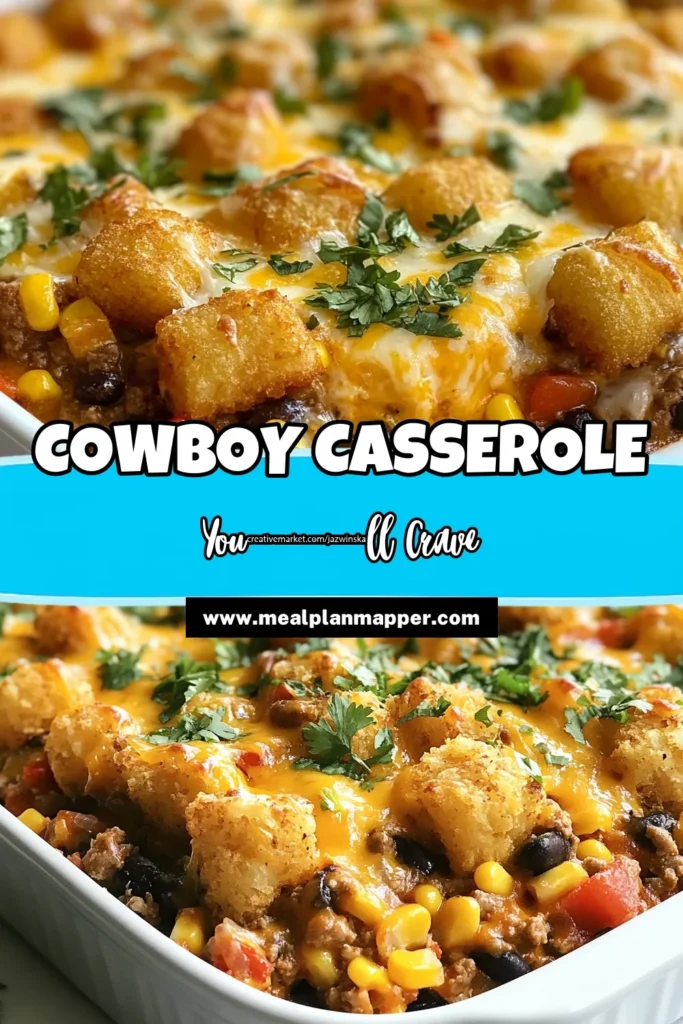 Looking for an easy dinner recipe that will please the whole family? Try this delicious cowboy casserole recipe! This ground beef casserole combines black beans, sweet corn, and tater tots for a hearty meal. The layers of flavor and cheesy goodness make it a perfect weeknight dinner. Don't miss out on this comforting dish—save it now! #CowboyCasserole #GroundBeefCasserole #TaterTotCasserole #EasyDinnerRecipes