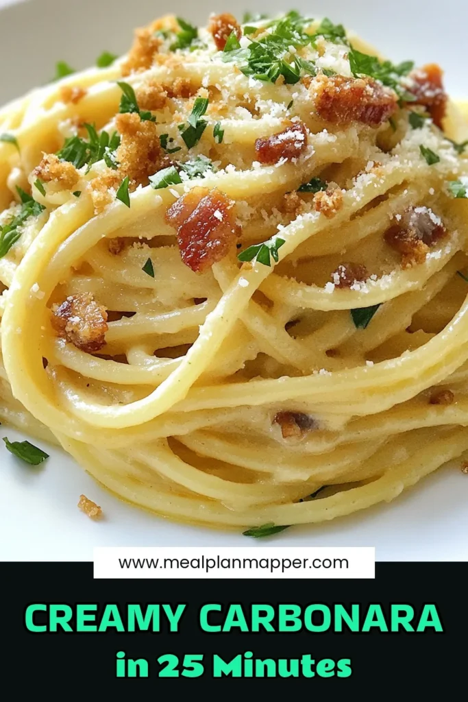 Discover the ultimate creamy carbonara recipe that will elevate your pasta game! This easy carbonara recipe features spaghetti carbonara with cream cheese, creating a rich and delicious homemade carbonara pasta dish. With crispy pancetta, garlic, and a hint of Parmesan, it's a meal you won't forget. Get ready to enjoy this comforting carbonara with pancetta in just 25 minutes! Save it now for your next dinner. #CreamyCarbonara #SpaghettiCarbonara #EasyRecipe #HomemadePasta