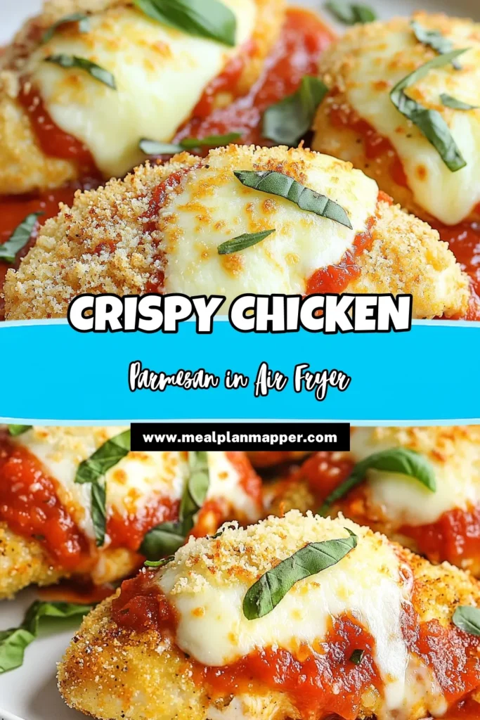 Discover the deliciousness of Air Fryer Chicken Parmesan with this crispy chicken Parmesan recipe! Perfect for busy weeknights, this easy air fryer recipe uses panko breadcrumbs to create a crunchy coating that pairs beautifully with marinara and melted mozzarella. Enjoy a quick dinner recipe that’s ready in just 30 minutes. Try it now and impress your family with this tasty dish! #AirFryerChickenParmesan #CrispyChickenParmesan #EasyAirFryerRecipes #QuickDinnerRecipes