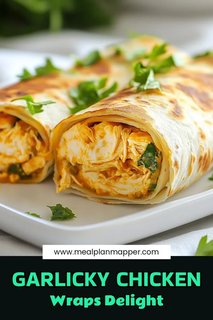 Discover the ultimate comfort food with these garlicky chicken wraps! This easy chicken wrap recipe features melty chicken tortillas filled with shredded chicken, mozzarella cheese, and fresh spinach. Perfect for a quick dinner or lunch, this mozzarella chicken wrap recipe bursts with flavor. Enjoy these delicious garlic chicken tortilla wraps and don’t forget to save the recipe for later! #ChickenWraps #GarlicLovers #EasyRecipes #DinnerIdeas