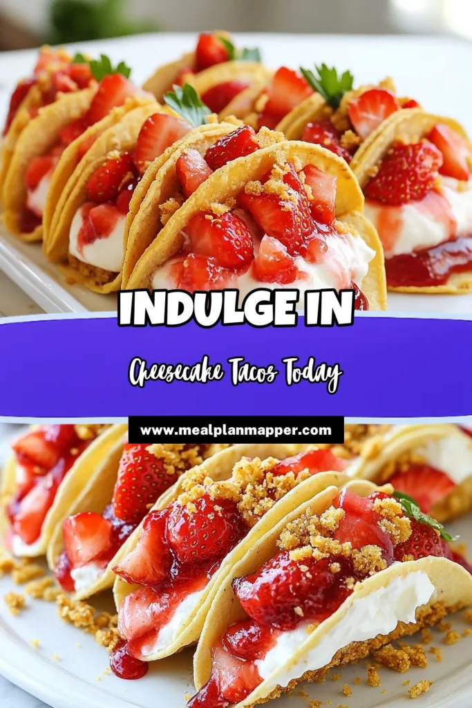 Indulge in the delicious Strawberry Crunch Cheesecake Tacos! These Strawberry Cheesecake Tacos are the perfect no-bake dessert that combines creamy cheesecake and fresh strawberries in mini tortilla desserts. This easy No-Bake Cheesecake Recipe is sure to impress at any gathering. Try these fun Strawberry Dessert Ideas today and enjoy a refreshing treat. Save this recipe for your next dessert craving! #DessertRecipes #StrawberryDesserts #NoBakeCheesecake #TacoTuesday