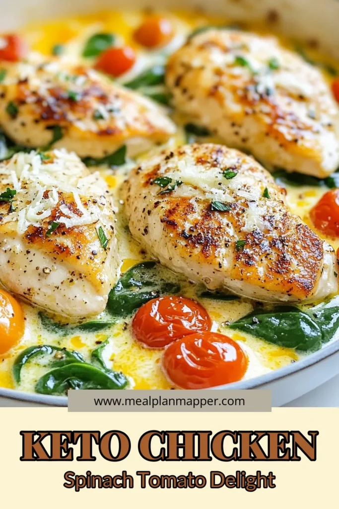 Discover a delicious Keto chicken skillet recipe that's perfect for a low carb chicken dinner! This creamy chicken spinach dish combines fresh spinach, succulent tomatoes, and tender chicken in just 25 minutes. It’s an easy, quick keto recipe that will delight your taste buds. Ready to impress? Try this spinach tomato chicken skillet today! Save it for later! #KetoRecipes #LowCarbDinner #HealthyEating #QuickMeals