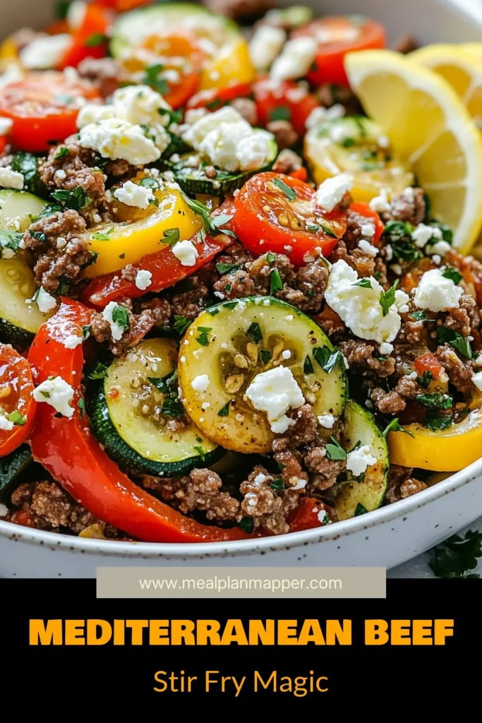 Looking for a quick and healthy dinner idea? Try this Mediterranean ground beef stir fry! This easy beef stir fry recipe combines ground beef with fresh vegetables like zucchini and bell pepper, making it a delicious addition to your collection of healthy Mediterranean recipes. Perfect for busy nights, it takes just 25 minutes to prepare. Give this ground beef recipe with vegetables a go and impress your family! Save this recipe for later! #BeefStirFry #HealthyRecipes #MediterraneanDiet #QuickDinnerIdeas