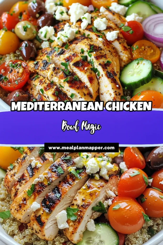 Discover the perfect healthy Mediterranean recipe with these Simple Greek Chicken Bowls! This Greek chicken recipe features marinated grilled chicken served over a vibrant quinoa salad with chicken, cherry tomatoes, cucumbers, feta, and kalamata olives. Enjoy flavorful feta chicken bowls that are easy to make and delicious for meal prep. Save this Mediterranean chicken bowl recipe and elevate your weeknight dinners! #GreekChicken #MediterraneanBowls #HealthyRecipes #ChickenRecipes