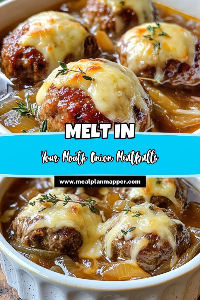 Discover the ultimate comfort food with these savory French onion meatballs! This beef and pork meatballs recipe features rich flavors from caramelized onion and melty Gruyère cheese. Enjoy savory meatballs with broth that make every bite deliciously satisfying. Perfect for a family dinner or meal prep. Try this easy recipe today and elevate your mealtime! Save it for later! #MeatballRecipe #FrenchOnion #ComfortFood #DinnerIdeas