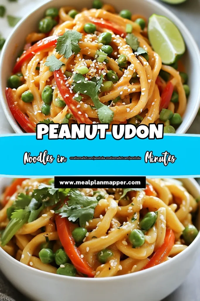 Discover how to make delicious peanut udon noodles with this quick udon noodle recipe! These crunchy peanut noodles are tossed in a simple yet flavorful easy peanut sauce, making this a perfect vegetarian noodle dish for busy weeknights. Ready in just 20 minutes, it’s a meal you’ll love. Try this delightful recipe today and save for later! #PeanutUdonNoodles #QuickNoodleRecipe #VegetarianDinner #EasyPeanutSauce