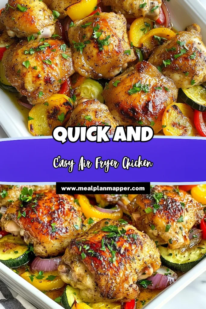 Discover the delightful combination of Air Fried Chicken Thighs and vibrant vegetables with this Easy Chicken Thigh Recipe. This healthy Air Fryer Chicken and Vegetables dish is perfect for a quick weeknight meal. Marinated Chicken Thighs come together with colorful veggies in just 30 minutes, making it one of the best Healthy Air Fryer Recipes you'll try! Click for the full recipe and save for later! #AirFriedChickenThighs #HealthyAirFryerRecipes #EasyChickenThighRecipe #AirFryerChickenAndVegetables