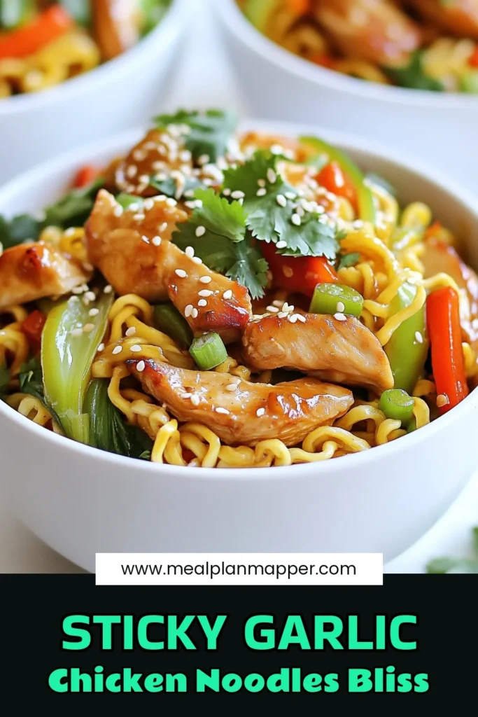 Discover the ultimate comfort food with this easy chicken noodle recipe featuring sticky garlic chicken noodles! Perfect for a quick weeknight dinner, this savory dish combines tender chicken, vibrant veggies, and an irresistible garlic sauce. Whip it up in just 25 minutes and enjoy a flavorful meal that everyone will love. Save this Asian garlic chicken recipe for your next meal inspiration! #StickyGarlicChickenNoodles #QuickDinner #SavoryNoodles #EasyRecipes