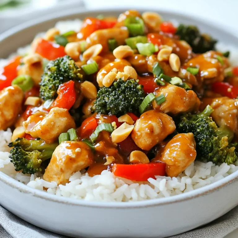 - 1 lb (450g) chicken breast, cut into bite-sized pieces - 2 tablespoons peanut oil - 1 medium onion, diced - 3 cloves garlic, minced - 1-inch piece of fresh ginger, grated - 1 red bell pepper, sliced into strips - 1 cup broccoli florets - ½ cup unsweetened creamy peanut butter - 2 tablespoons low-sodium soy sauce - 1 tablespoon honey (or maple syrup for a vegan option) - 1 tablespoon rice vinegar - 1 teaspoon sriracha (adjust to your spice preference) - ¼ cup chicken broth or water - 4 green onions, thinly sliced (for garnish) - Crushed peanuts (for garnish) - Cooked jasmine rice or quinoa (for serving) This dish shines because of its fresh ingredients. You need quality chicken for a tasty meal. I like to use chicken breast. Cut it into bite-sized pieces for even cooking. You can't forget the vegetables. They add crunch and flavor. I use onion, garlic, ginger, red bell pepper, and broccoli. Each brings its own taste to the dish. Don't overlook the peanut sauce. It’s the star! The sauce has peanut butter, soy sauce, honey, rice vinegar, sriracha, and chicken broth. This mix makes a creamy, tangy sauce that coats the chicken and veggies perfectly. Make sure to have fresh green onions and crushed peanuts ready for garnish. They add a nice touch at the end. Serve the dish with jasmine rice or quinoa for a complete meal. {{ingredient_image_2}} - Heat the peanut oil in a large skillet over medium-high heat until it shimmers. - Carefully add the chicken pieces in a single layer. Sauté them for about 5-7 minutes, stirring now and then. Cook until the chicken turns golden brown and is fully cooked. Remove the chicken and set it aside on a plate. - In the same skillet, add the diced onion, minced garlic, and grated ginger. Cook for about 2-3 minutes. Stir often until the onion becomes translucent and smells great. - Next, add the sliced red bell pepper and broccoli florets. Stir and cook for another 5 minutes. This keeps the veggies tender but still a bit crisp. - In a medium bowl, whisk together peanut butter, soy sauce, honey, rice vinegar, sriracha, and chicken broth. Mix until smooth and well blended. - Bring the cooked chicken back to the skillet with the sautéed veggies. Pour the peanut sauce over everything. Gently stir to coat all the ingredients in the sauce. Allow it to cook for an extra 2-3 minutes until heated through. - Serve your peanut chicken skillet over a bed of jasmine rice or fluffy quinoa for a filling meal. - For a tasty garnish, sprinkle sliced green onions and crushed peanuts on top for extra flavor and crunch. To keep your chicken juicy, start with fresh, high-quality breast. Cut the chicken into bite-sized pieces for even cooking. I suggest marinating it briefly with soy sauce. This adds flavor and moisture. When you cook, make sure your skillet is hot. This helps to sear the chicken and lock in juices. You can adjust the spice level by adding more sriracha. If you want a milder dish, use less. Sriracha not only adds heat, but also depth. For a twist, try using different sauces. You can swap the peanut butter for almond butter for a new taste. Avoid overcrowding your skillet. If you add too much, the chicken may steam instead of sear. Cook in batches if needed. For your vegetables, time is key. Add them after the chicken is browned. Cook until they are tender but still crisp. This way, you keep the bright colors and nutrients. Pro Tips Use Fresh Ingredients: Fresh vegetables and chicken will enhance the flavors in this dish, making it even more delicious! Adjust Spice Levels: Feel free to modify the amount of sriracha based on your spice tolerance. You can also add chili flakes for extra heat. Peanut Butter Consistency: For a smoother sauce, use creamy peanut butter. If you prefer a chunkier texture, crunchy peanut butter can add an interesting twist. Meal Prep Friendly: This dish can be made in advance and stored in the refrigerator for up to 3 days. Just reheat and enjoy! {{image_4}} You can swap chicken for tofu or tempeh. Both options absorb flavors well. Choose firm tofu for a good texture. Cut it into bite-sized pieces. Cook it in the skillet until golden brown. For a vegan sauce, use maple syrup instead of honey. This keeps it plant-based while still sweet. Feel free to mix in various vegetables. Carrots and snap peas add crunch and color. Seasonal veggies like zucchini or bell peppers can also brighten the dish. Just chop them small to cook evenly. You can use whatever you have on hand. This way, you make it your own. For those avoiding nuts, you can make tasty substitutions. Try sunflower seed butter or tahini for the sauce. Both provide creamy textures without peanuts. You can also use chicken or turkey as protein options. This keeps the meal hearty and satisfying while being nut-free. To keep your leftover peanut chicken skillet fresh, store it in the fridge. Place it in an airtight container. This helps prevent it from drying out or absorbing odors. Leftovers will last for three to four days in the refrigerator. You can reheat your peanut chicken skillet in two ways: microwave or stovetop. For the microwave, place the dish in a safe bowl and cover it. Heat in short bursts, stirring between, until warm. For stovetop, use a skillet over medium heat. Add a splash of water or chicken broth to keep it moist. Stir until heated through. This helps maintain the food's texture and flavor. If you want to freeze your peanut chicken skillet, let it cool first. Then, place it in a freezer-safe container or a zip-top bag. Squeeze out the air to prevent freezer burn. It can stay in the freezer for up to three months. When you're ready to eat, thaw it in the fridge overnight. You can also use the microwave for a quick thaw. After thawing, reheat as mentioned above. This keeps the dish tasting fresh and delicious. To add more heat, use extra sriracha. Start with one teaspoon and taste. You can also include chopped fresh chilies, like jalapeños or bird's eye peppers. If you like a smoky flavor, try smoked paprika. Sprinkle this in during the cooking. Adjust the spice a little at a time to find your perfect heat level. Yes, you can prepare this meal ahead of time. Cook the chicken and veggies, then store them in an airtight container. Keep the peanut sauce separate. This helps keep the texture great. When you’re ready to eat, just reheat everything in a skillet. You can also microwave it, but use a low setting to avoid overcooking. This dish pairs well with jasmine rice or fluffy quinoa. Both grains soak up the sauce nicely. You can also serve it with a simple green salad for freshness. For drinks, try a light iced tea or a crisp white wine. These choices enhance the meal's flavors without overpowering them. This Peanut Chicken Skillet is a flavorful and fun dish. We covered the key ingredients, like chicken, fresh veggies, and a tasty peanut sauce. I shared steps to cook everything just right and tips to enhance flavors. You learned about several variations, great for different diets. Storing leftovers and reheating tips ensure your meal stays fresh. Use these ideas to enjoy your cooking and experiment. This dish can thrill taste buds any night of the week. Dive in and make it your own!