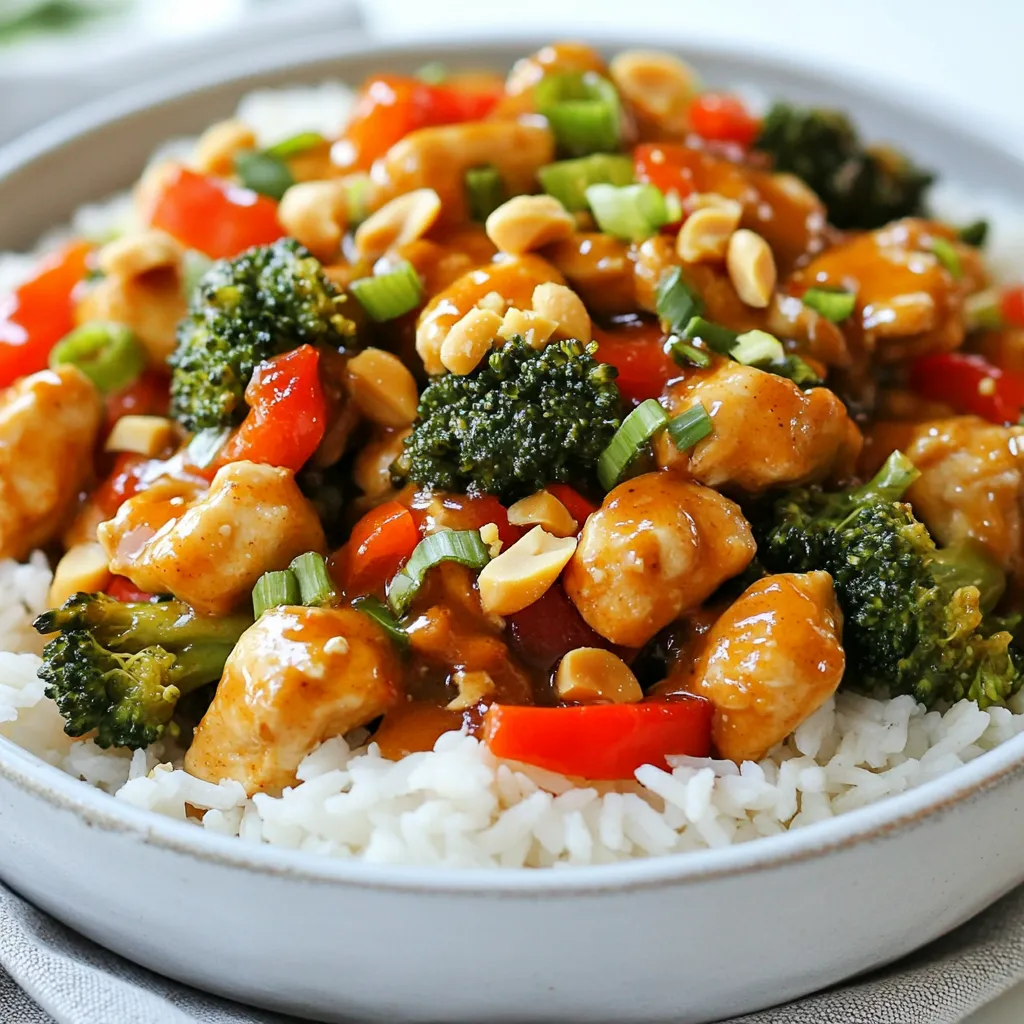 - 1 lb (450g) chicken breast, cut into bite-sized pieces - 2 tablespoons peanut oil - 1 medium onion, diced - 3 cloves garlic, minced - 1-inch piece of fresh ginger, grated - 1 red bell pepper, sliced into strips - 1 cup broccoli florets - ½ cup unsweetened creamy peanut butter - 2 tablespoons low-sodium soy sauce - 1 tablespoon honey (or maple syrup for a vegan option) - 1 tablespoon rice vinegar - 1 teaspoon sriracha (adjust to your spice preference) - ¼ cup chicken broth or water - 4 green onions, thinly sliced (for garnish) - Crushed peanuts (for garnish) - Cooked jasmine rice or quinoa (for serving) This dish shines because of its fresh ingredients. You need quality chicken for a tasty meal. I like to use chicken breast. Cut it into bite-sized pieces for even cooking. You can't forget the vegetables. They add crunch and flavor. I use onion, garlic, ginger, red bell pepper, and broccoli. Each brings its own taste to the dish. Don't overlook the peanut sauce. It’s the star! The sauce has peanut butter, soy sauce, honey, rice vinegar, sriracha, and chicken broth. This mix makes a creamy, tangy sauce that coats the chicken and veggies perfectly. Make sure to have fresh green onions and crushed peanuts ready for garnish. They add a nice touch at the end. Serve the dish with jasmine rice or quinoa for a complete meal. {{ingredient_image_2}} - Heat the peanut oil in a large skillet over medium-high heat until it shimmers. - Carefully add the chicken pieces in a single layer. Sauté them for about 5-7 minutes, stirring now and then. Cook until the chicken turns golden brown and is fully cooked. Remove the chicken and set it aside on a plate. - In the same skillet, add the diced onion, minced garlic, and grated ginger. Cook for about 2-3 minutes. Stir often until the onion becomes translucent and smells great. - Next, add the sliced red bell pepper and broccoli florets. Stir and cook for another 5 minutes. This keeps the veggies tender but still a bit crisp. - In a medium bowl, whisk together peanut butter, soy sauce, honey, rice vinegar, sriracha, and chicken broth. Mix until smooth and well blended. - Bring the cooked chicken back to the skillet with the sautéed veggies. Pour the peanut sauce over everything. Gently stir to coat all the ingredients in the sauce. Allow it to cook for an extra 2-3 minutes until heated through. - Serve your peanut chicken skillet over a bed of jasmine rice or fluffy quinoa for a filling meal. - For a tasty garnish, sprinkle sliced green onions and crushed peanuts on top for extra flavor and crunch. To keep your chicken juicy, start with fresh, high-quality breast. Cut the chicken into bite-sized pieces for even cooking. I suggest marinating it briefly with soy sauce. This adds flavor and moisture. When you cook, make sure your skillet is hot. This helps to sear the chicken and lock in juices. You can adjust the spice level by adding more sriracha. If you want a milder dish, use less. Sriracha not only adds heat, but also depth. For a twist, try using different sauces. You can swap the peanut butter for almond butter for a new taste. Avoid overcrowding your skillet. If you add too much, the chicken may steam instead of sear. Cook in batches if needed. For your vegetables, time is key. Add them after the chicken is browned. Cook until they are tender but still crisp. This way, you keep the bright colors and nutrients. Pro Tips Use Fresh Ingredients: Fresh vegetables and chicken will enhance the flavors in this dish, making it even more delicious! Adjust Spice Levels: Feel free to modify the amount of sriracha based on your spice tolerance. You can also add chili flakes for extra heat. Peanut Butter Consistency: For a smoother sauce, use creamy peanut butter. If you prefer a chunkier texture, crunchy peanut butter can add an interesting twist. Meal Prep Friendly: This dish can be made in advance and stored in the refrigerator for up to 3 days. Just reheat and enjoy! {{image_4}} You can swap chicken for tofu or tempeh. Both options absorb flavors well. Choose firm tofu for a good texture. Cut it into bite-sized pieces. Cook it in the skillet until golden brown. For a vegan sauce, use maple syrup instead of honey. This keeps it plant-based while still sweet. Feel free to mix in various vegetables. Carrots and snap peas add crunch and color. Seasonal veggies like zucchini or bell peppers can also brighten the dish. Just chop them small to cook evenly. You can use whatever you have on hand. This way, you make it your own. For those avoiding nuts, you can make tasty substitutions. Try sunflower seed butter or tahini for the sauce. Both provide creamy textures without peanuts. You can also use chicken or turkey as protein options. This keeps the meal hearty and satisfying while being nut-free. To keep your leftover peanut chicken skillet fresh, store it in the fridge. Place it in an airtight container. This helps prevent it from drying out or absorbing odors. Leftovers will last for three to four days in the refrigerator. You can reheat your peanut chicken skillet in two ways: microwave or stovetop. For the microwave, place the dish in a safe bowl and cover it. Heat in short bursts, stirring between, until warm. For stovetop, use a skillet over medium heat. Add a splash of water or chicken broth to keep it moist. Stir until heated through. This helps maintain the food's texture and flavor. If you want to freeze your peanut chicken skillet, let it cool first. Then, place it in a freezer-safe container or a zip-top bag. Squeeze out the air to prevent freezer burn. It can stay in the freezer for up to three months. When you're ready to eat, thaw it in the fridge overnight. You can also use the microwave for a quick thaw. After thawing, reheat as mentioned above. This keeps the dish tasting fresh and delicious. To add more heat, use extra sriracha. Start with one teaspoon and taste. You can also include chopped fresh chilies, like jalapeños or bird's eye peppers. If you like a smoky flavor, try smoked paprika. Sprinkle this in during the cooking. Adjust the spice a little at a time to find your perfect heat level. Yes, you can prepare this meal ahead of time. Cook the chicken and veggies, then store them in an airtight container. Keep the peanut sauce separate. This helps keep the texture great. When you’re ready to eat, just reheat everything in a skillet. You can also microwave it, but use a low setting to avoid overcooking. This dish pairs well with jasmine rice or fluffy quinoa. Both grains soak up the sauce nicely. You can also serve it with a simple green salad for freshness. For drinks, try a light iced tea or a crisp white wine. These choices enhance the meal's flavors without overpowering them. This Peanut Chicken Skillet is a flavorful and fun dish. We covered the key ingredients, like chicken, fresh veggies, and a tasty peanut sauce. I shared steps to cook everything just right and tips to enhance flavors. You learned about several variations, great for different diets. Storing leftovers and reheating tips ensure your meal stays fresh. Use these ideas to enjoy your cooking and experiment. This dish can thrill taste buds any night of the week. Dive in and make it your own!