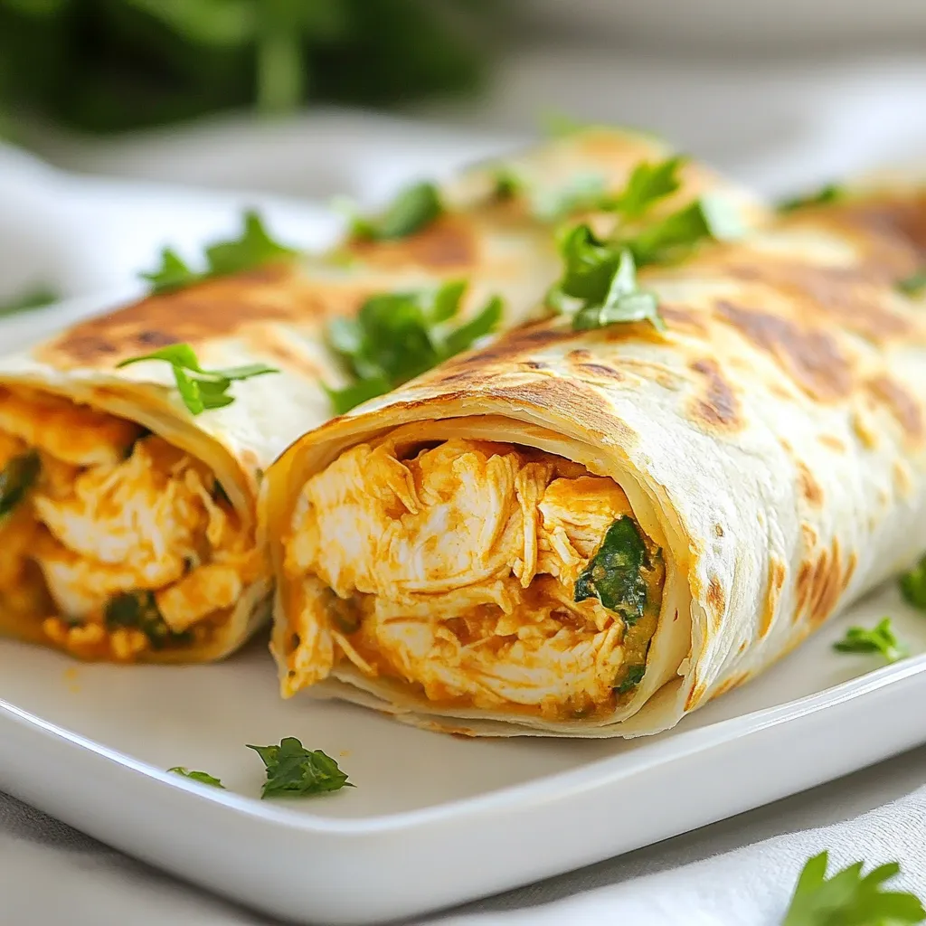 - 2 cups cooked chicken, shredded - 1 cup mozzarella cheese, shredded - 4 large flour tortillas - 4 cloves garlic, minced - 1 tablespoon extra virgin olive oil - 1 teaspoon dried oregano - 1/2 teaspoon red pepper flakes (optional) - 1/2 cup fresh spinach leaves - Salt and black pepper, to taste - Fresh parsley, chopped (for garnish) You can swap the chicken with other options. Try rotisserie chicken for speed, or use tofu for a veggie choice. For cheese, mozzarella is great, but cheddar or pepper jack adds nice flavor. Vegan cheese works too if you want a dairy-free wrap. {{ingredient_image_2}} 1. Heat 1 tablespoon of extra virgin olive oil in a medium skillet over medium heat. 2. Once hot, add 4 minced garlic cloves. Sauté for about 1 minute until fragrant. 3. Next, add 2 cups of shredded cooked chicken to the skillet. Mix in 1 teaspoon of dried oregano and 1/2 teaspoon of red pepper flakes if you want heat. 4. Season with salt and black pepper to taste. Stir well and cook for 3-4 minutes until the chicken is hot. 5. Remove the skillet from heat. Add 1 cup of shredded mozzarella cheese to the chicken mix. Stir until the cheese melts and combines. 1. Take a large flour tortilla and lay it flat on a clean surface. 2. Spoon a generous amount of the melty chicken mixture into the center of the tortilla. 3. Add a handful of fresh spinach leaves on top of the chicken mix. 4. Fold the sides of the tortilla inward over the filling. 5. Start rolling the tortilla tightly from the bottom. Make sure it is secure to prevent spillage. 1. Heat a clean skillet over medium heat. 2. Place the wraps seam side down in the skillet. Cook for 2-3 minutes on each side. 3. Look for a beautiful golden-brown finish. 4. Once cooked, take the wraps out and let them rest for a minute. 5. Slice them in half to show off the tasty filling inside. 6. Garnish with fresh chopped parsley for a nice touch before serving. How to avoid dry chicken in the wrap To keep your chicken juicy, always use cooked chicken that is moist. If you use leftover chicken, add a splash of broth or water when heating. This helps steam the chicken. When you mix it with garlic and spices, it gets even better. Ensuring even melting of cheese To melt the cheese well, shred it finely. This way, it melts faster and mixes better with the chicken. When you add cheese to the hot chicken, stir it quickly. This helps the cheese melt evenly and coat the chicken. Adding herbs or spices for customized taste You can add your favorite herbs like basil or thyme. If you want more heat, try adding more red pepper flakes or a dash of cayenne. Just a pinch can change everything. Get creative and find what you love. Suggestions for dipping sauces A great dip makes these wraps even better. Try creamy ranch for a cool taste. If you want a kick, zesty garlic aioli is perfect. You can also serve them with salsa or guacamole to add a fresh twist. Plating tips for an appetizing look To make your wraps look good, arrange them neatly on a big platter. Cut them in half to show off the melty filling. Place them in a fan shape or stack them for a fun look. Garnishes to elevate the dish A sprinkle of fresh parsley on top adds color and freshness. You can also add thinly sliced cherry tomatoes or lemon wedges on the side. These little touches make the dish look fancy and inviting. Pro Tips Use Fresh Garlic: Freshly minced garlic adds a vibrant flavor that powdered garlic cannot match. Always opt for fresh for the best taste. Perfectly Melty Cheese: For a gooey and melty texture, use mozzarella cheese that is freshly shredded rather than pre-packaged, which often contains anti-caking agents. Wrap it Up Right: To avoid spills, ensure you securely fold in the sides of the tortilla before rolling it tightly. This keeps all the delicious filling inside. Serving Suggestions: Pair these wraps with a dipping sauce like ranch or garlic aioli for an extra layer of flavor. Fresh herbs as garnish enhance both presentation and taste. {{image_4}} You can switch the chicken in this recipe for shrimp, beef, or a veggie mix. Each choice brings a new taste. - Shrimp: Use fresh or frozen shrimp. Cook until pink and tender. - Beef: Ground beef works well. Season it with garlic and spices. - Vegetarian: Try tofu or a mix of beans for a hearty option. Mix in different vegetables or sauces for a fun twist. Seasonal changes can also keep things fresh. - Vegetables: Bell peppers, onions, or mushrooms add great crunch. - Sauces: Ranch, barbecue, or spicy aioli can enhance the flavor. - Seasonal: Use zucchini in summer or roasted squash in fall. If you have dietary needs, there are easy swaps to make. - Gluten-free: Use gluten-free tortillas for those avoiding gluten. - Dairy-free: Try almond or coconut cheese instead of mozzarella. These options keep the wraps delicious and fun for everyone! To store leftover Melty Garlic Chicken Wraps, let them cool first. Wrap each one tightly in plastic wrap or aluminum foil. Place them in an airtight container. This way, they will stay fresh. They will keep in the fridge for up to three days. If you want to freeze the wraps, wrap each one in plastic wrap. Then, place them in a freezer bag. Try to remove as much air as you can. This helps keep them fresh. You can freeze them for up to three months. When ready to eat, thaw them in the fridge overnight. You can reheat the wraps in the oven or microwave. For the oven, preheat it to 350°F (175°C). Place the wraps on a baking sheet for about 10-15 minutes. This method helps keep them crispy. In the microwave, wrap them in a damp paper towel. Heat for about 1-2 minutes. This method is faster but can make them a bit soft. If you want to restore crispiness, finish them in a hot skillet for a minute or two. Melty Garlic Chicken Wraps last about 3 days in the fridge. Store them in an airtight container. Make sure they cool down before sealing. This keeps them fresh and safe to eat. If you see any signs of spoilage, throw them away. It’s better to be safe! Yes, you can make these wraps ahead of time. Prepare the chicken filling and store it in the fridge for 1-2 days. When ready to eat, just assemble and cook the wraps. Reheat the filling in a skillet before wrapping. This keeps the chicken warm and tasty. These wraps taste great with various sides. Here are some ideas: - Fresh garden salad: Crisp greens and veggies add crunch. - Sweet potato fries: They bring a nice sweetness to the meal. - Coleslaw: A creamy side adds a cool touch. - Fruit salad: Bright, fresh fruits offer a sweet contrast. Pairing these sides with your wraps will create a balanced meal. Enjoy the mix of flavors! In this article, we covered how to make Melty Garlic Chicken Wraps. We discussed the ingredients, preparation steps, cooking techniques, and storage tips. You can use various proteins and flavors, which makes these wraps fun and versatile. Try different substitutions and garnishes for a personal touch. Whether you enjoy them fresh or stored, they’re sure to delight. Your kitchen adventures just got a lot tastier!
