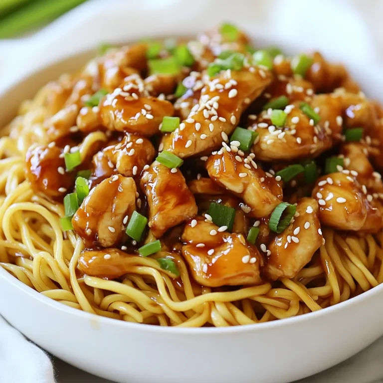To make Sticky Garlic Chicken Noodles, you'll need: - 300g egg noodles - 2 tablespoons vegetable oil - 2 chicken breasts, thinly sliced - 4 garlic cloves, minced - 1 tablespoon fresh ginger, grated - 1/4 cup soy sauce - 2 tablespoons honey - 1 tablespoon rice vinegar - 1 tablespoon oyster sauce - 1/2 teaspoon red pepper flakes (optional) - 1 green onion, finely chopped for garnish - Sesame seeds for garnish This recipe serves four people. Each person gets a hearty bowl of sticky noodles with tasty chicken. You can easily adjust the amounts if you need to feed more or fewer people. Just keep the same ratios for the sauce and noodles. You can swap ingredients if you have dietary needs: - Use rice noodles instead of egg noodles for a gluten-free option. - Try tofu or shrimp instead of chicken for a different protein. - Maple syrup can replace honey for a vegan choice. - If you don’t have oyster sauce, a mix of soy sauce and a dash of vinegar can work as a substitute. - You can skip red pepper flakes if you prefer no heat. These substitutions make the dish flexible and fun to adjust to your taste! {{ingredient_image_2}} To cook the noodles, fill a large pot with salted water. Bring it to a rolling boil. Add 300g of egg noodles to the pot. Cook them for about 4 to 6 minutes. The noodles should be al dente. After cooking, drain them in a colander. Rinse them under cold water to stop cooking. Set the noodles aside for later. Grab a small mixing bowl. Combine 1/4 cup soy sauce, 2 tablespoons honey, 1 tablespoon rice vinegar, and 1 tablespoon oyster sauce. If you like heat, add 1/2 teaspoon red pepper flakes. Whisk everything together well. This sauce will coat the chicken and noodles nicely. Set the sauce aside for later use. Take a large skillet or wok and heat 2 tablespoons of vegetable oil over medium-high heat. Once the oil is hot, add 2 thinly sliced chicken breasts. Cook the chicken for about 5 to 7 minutes. Stir it occasionally until it turns golden brown. Ensure the chicken is cooked through. When done, transfer the chicken to a plate and set it aside. In the same skillet, add 4 minced garlic cloves and 1 tablespoon of grated fresh ginger. Sauté these for about 1 minute. Cook until they become fragrant. Be careful not to burn the garlic, as it can taste bitter. Put the cooked chicken back into the skillet. Pour the prepared sauce over the chicken. Stir everything together well. Let it simmer for 2 to 3 minutes. This helps the sauce thicken and cling to the chicken. Carefully add the cooked egg noodles to the skillet. Toss everything gently to coat the noodles in the sticky garlic sauce. Once everything is mixed, remove the skillet from the heat. Serve the sticky garlic chicken noodles in bowls. Garnish with finely chopped green onions and a sprinkle of sesame seeds for a nice touch. Enjoy your meal! To cook the best noodles, follow these simple steps: - Use plenty of water. This helps the noodles cook evenly. - Add salt to the boiling water. It adds flavor to the noodles. - Cook until al dente, usually 4-6 minutes. They should be firm yet tender. - Rinse the noodles in cold water. This stops cooking and keeps them from sticking. Cooking chicken well is key to a great dish. Here are some tips: - Slice the chicken thinly. This helps it cook evenly and quickly. - Use a hot skillet for sautéing. This gives the chicken a nice sear. - Avoid crowding the pan. Cook in batches if needed to ensure browning. - Always check doneness. Chicken should reach an internal temperature of 165°F. A good sauce can elevate your meal. Here’s how to boost the flavor: - Use fresh garlic and ginger. Fresh ingredients add a punch of taste. - Adjust the honey. If you like it sweet, add a bit more. - Add a splash of lime juice for brightness. This can balance the sweetness. - Experiment with spices. Try adding a pinch of five-spice powder or sesame oil for depth. Pro Tips Marinate for More Flavor: If you have time, marinate the chicken in the sauce for 30 minutes before cooking. This allows the flavors to penetrate the meat, making it even more delicious. Use Fresh Ingredients: Fresh garlic and ginger elevate the dish's flavor significantly compared to dried alternatives. Always opt for fresh when possible. Adjust Spice Level: Feel free to adjust the amount of red pepper flakes or add fresh chili for a spicier kick. Customize the heat to your taste! Perfect Noodle Texture: Rinsing the noodles under cold water after cooking stops the cooking process and helps maintain their texture, ensuring they don’t become mushy. {{image_4}} You can switch out chicken for other proteins. Shrimp, beef, or tofu work great. For shrimp, cook it until pink and tender. For beef, slice it thin and sauté until just brown. Tofu should be firm and pan-fried until crispy. Each protein gives a different taste and texture. If you want a vegetarian dish, replace chicken with veggies. Use bell peppers, carrots, or broccoli. You can also add mushrooms for a meaty bite. Just sauté the veggies until tender. The sauce still adds that sticky goodness you love. Feel free to mix up the flavors. Add lime juice for a zesty kick. Swap soy sauce for tamari to go gluten-free. If you love heat, toss in more red pepper flakes. You can also try adding hoisin sauce for a sweet twist. These changes keep the dish fresh and exciting. To store your leftover sticky garlic chicken noodles, let them cool first. Place them in an airtight container. You can keep them in the fridge for up to three days. This allows the flavors to meld, making them even tastier when you reheat them. When it’s time to enjoy your leftovers, reheat them on the stove for best results. Add a splash of water or soy sauce to prevent sticking. Heat over medium until hot. You can also use the microwave. Just place them in a bowl, cover with a damp paper towel, and heat for one to two minutes. Stir halfway for even heating. If you want to freeze the sticky garlic chicken noodles, use a freezer-safe container. You can freeze them for up to three months. When you’re ready to eat, let them thaw in the fridge overnight. Reheat as mentioned above once they are thawed. This way, you can enjoy a quick meal even on busy days. You can use tamari as a soy sauce substitute. Tamari is gluten-free and has a similar taste. Coconut aminos is another great option. It is lighter and sweeter than soy sauce. Both will add flavor to your dish without changing it too much. To make Sticky Garlic Chicken Noodles gluten-free, swap out regular soy sauce for tamari or coconut aminos. You should also use gluten-free noodles. Rice noodles work well and are easy to find. This way, you can enjoy the dish without worry. Yes, you can make this dish ahead of time. Cook the chicken and sauce, then store them in the fridge. When ready to eat, reheat the chicken and mix in the cooked noodles. This saves time and keeps the flavors fresh. Sticky Garlic Chicken Noodles pair well with a fresh salad or steamed veggies. You can also serve them with spring rolls or dumplings for a full meal. Add some pickled vegetables for extra crunch and flavor. This makes your meal more exciting and delicious. This post detailed the key elements for making Sticky Garlic Chicken Noodles. We explored the ingredients and their portions. I shared tips for perfect noodles and chicken. We also discussed variations to suit different tastes. Finally, I explained how to store and reheat leftovers effectively. Remember, cooking is fun! Use this guide to create your own dish. Enjoy your meal and share with friends!