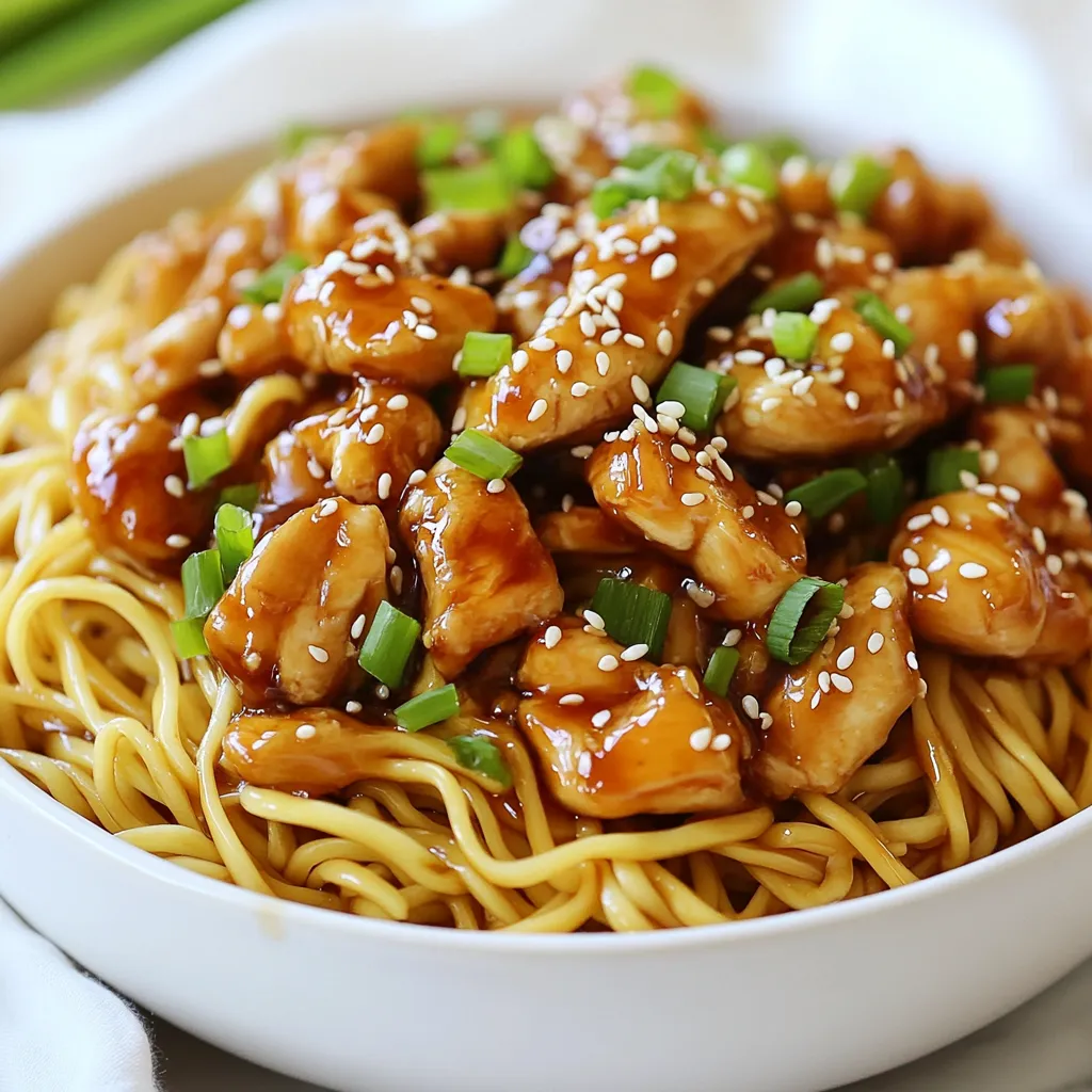 To make Sticky Garlic Chicken Noodles, you'll need: - 300g egg noodles - 2 tablespoons vegetable oil - 2 chicken breasts, thinly sliced - 4 garlic cloves, minced - 1 tablespoon fresh ginger, grated - 1/4 cup soy sauce - 2 tablespoons honey - 1 tablespoon rice vinegar - 1 tablespoon oyster sauce - 1/2 teaspoon red pepper flakes (optional) - 1 green onion, finely chopped for garnish - Sesame seeds for garnish This recipe serves four people. Each person gets a hearty bowl of sticky noodles with tasty chicken. You can easily adjust the amounts if you need to feed more or fewer people. Just keep the same ratios for the sauce and noodles. You can swap ingredients if you have dietary needs: - Use rice noodles instead of egg noodles for a gluten-free option. - Try tofu or shrimp instead of chicken for a different protein. - Maple syrup can replace honey for a vegan choice. - If you don’t have oyster sauce, a mix of soy sauce and a dash of vinegar can work as a substitute. - You can skip red pepper flakes if you prefer no heat. These substitutions make the dish flexible and fun to adjust to your taste! {{ingredient_image_2}} To cook the noodles, fill a large pot with salted water. Bring it to a rolling boil. Add 300g of egg noodles to the pot. Cook them for about 4 to 6 minutes. The noodles should be al dente. After cooking, drain them in a colander. Rinse them under cold water to stop cooking. Set the noodles aside for later. Grab a small mixing bowl. Combine 1/4 cup soy sauce, 2 tablespoons honey, 1 tablespoon rice vinegar, and 1 tablespoon oyster sauce. If you like heat, add 1/2 teaspoon red pepper flakes. Whisk everything together well. This sauce will coat the chicken and noodles nicely. Set the sauce aside for later use. Take a large skillet or wok and heat 2 tablespoons of vegetable oil over medium-high heat. Once the oil is hot, add 2 thinly sliced chicken breasts. Cook the chicken for about 5 to 7 minutes. Stir it occasionally until it turns golden brown. Ensure the chicken is cooked through. When done, transfer the chicken to a plate and set it aside. In the same skillet, add 4 minced garlic cloves and 1 tablespoon of grated fresh ginger. Sauté these for about 1 minute. Cook until they become fragrant. Be careful not to burn the garlic, as it can taste bitter. Put the cooked chicken back into the skillet. Pour the prepared sauce over the chicken. Stir everything together well. Let it simmer for 2 to 3 minutes. This helps the sauce thicken and cling to the chicken. Carefully add the cooked egg noodles to the skillet. Toss everything gently to coat the noodles in the sticky garlic sauce. Once everything is mixed, remove the skillet from the heat. Serve the sticky garlic chicken noodles in bowls. Garnish with finely chopped green onions and a sprinkle of sesame seeds for a nice touch. Enjoy your meal! To cook the best noodles, follow these simple steps: - Use plenty of water. This helps the noodles cook evenly. - Add salt to the boiling water. It adds flavor to the noodles. - Cook until al dente, usually 4-6 minutes. They should be firm yet tender. - Rinse the noodles in cold water. This stops cooking and keeps them from sticking. Cooking chicken well is key to a great dish. Here are some tips: - Slice the chicken thinly. This helps it cook evenly and quickly. - Use a hot skillet for sautéing. This gives the chicken a nice sear. - Avoid crowding the pan. Cook in batches if needed to ensure browning. - Always check doneness. Chicken should reach an internal temperature of 165°F. A good sauce can elevate your meal. Here’s how to boost the flavor: - Use fresh garlic and ginger. Fresh ingredients add a punch of taste. - Adjust the honey. If you like it sweet, add a bit more. - Add a splash of lime juice for brightness. This can balance the sweetness. - Experiment with spices. Try adding a pinch of five-spice powder or sesame oil for depth. Pro Tips Marinate for More Flavor: If you have time, marinate the chicken in the sauce for 30 minutes before cooking. This allows the flavors to penetrate the meat, making it even more delicious. Use Fresh Ingredients: Fresh garlic and ginger elevate the dish's flavor significantly compared to dried alternatives. Always opt for fresh when possible. Adjust Spice Level: Feel free to adjust the amount of red pepper flakes or add fresh chili for a spicier kick. Customize the heat to your taste! Perfect Noodle Texture: Rinsing the noodles under cold water after cooking stops the cooking process and helps maintain their texture, ensuring they don’t become mushy. {{image_4}} You can switch out chicken for other proteins. Shrimp, beef, or tofu work great. For shrimp, cook it until pink and tender. For beef, slice it thin and sauté until just brown. Tofu should be firm and pan-fried until crispy. Each protein gives a different taste and texture. If you want a vegetarian dish, replace chicken with veggies. Use bell peppers, carrots, or broccoli. You can also add mushrooms for a meaty bite. Just sauté the veggies until tender. The sauce still adds that sticky goodness you love. Feel free to mix up the flavors. Add lime juice for a zesty kick. Swap soy sauce for tamari to go gluten-free. If you love heat, toss in more red pepper flakes. You can also try adding hoisin sauce for a sweet twist. These changes keep the dish fresh and exciting. To store your leftover sticky garlic chicken noodles, let them cool first. Place them in an airtight container. You can keep them in the fridge for up to three days. This allows the flavors to meld, making them even tastier when you reheat them. When it’s time to enjoy your leftovers, reheat them on the stove for best results. Add a splash of water or soy sauce to prevent sticking. Heat over medium until hot. You can also use the microwave. Just place them in a bowl, cover with a damp paper towel, and heat for one to two minutes. Stir halfway for even heating. If you want to freeze the sticky garlic chicken noodles, use a freezer-safe container. You can freeze them for up to three months. When you’re ready to eat, let them thaw in the fridge overnight. Reheat as mentioned above once they are thawed. This way, you can enjoy a quick meal even on busy days. You can use tamari as a soy sauce substitute. Tamari is gluten-free and has a similar taste. Coconut aminos is another great option. It is lighter and sweeter than soy sauce. Both will add flavor to your dish without changing it too much. To make Sticky Garlic Chicken Noodles gluten-free, swap out regular soy sauce for tamari or coconut aminos. You should also use gluten-free noodles. Rice noodles work well and are easy to find. This way, you can enjoy the dish without worry. Yes, you can make this dish ahead of time. Cook the chicken and sauce, then store them in the fridge. When ready to eat, reheat the chicken and mix in the cooked noodles. This saves time and keeps the flavors fresh. Sticky Garlic Chicken Noodles pair well with a fresh salad or steamed veggies. You can also serve them with spring rolls or dumplings for a full meal. Add some pickled vegetables for extra crunch and flavor. This makes your meal more exciting and delicious. This post detailed the key elements for making Sticky Garlic Chicken Noodles. We explored the ingredients and their portions. I shared tips for perfect noodles and chicken. We also discussed variations to suit different tastes. Finally, I explained how to store and reheat leftovers effectively. Remember, cooking is fun! Use this guide to create your own dish. Enjoy your meal and share with friends!