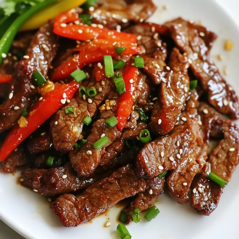 - 500g flank steak, thinly sliced against the grain - 2 tablespoons cornstarch - 1 tablespoon soy sauce - 1 tablespoon sesame oil - 1 red bell pepper, thinly sliced - 1 green bell pepper, thinly sliced - 2-3 green onions, finely chopped - 3 garlic cloves, minced - 1 inch piece of fresh ginger, minced - 2 tablespoons chili paste (adjust to taste for spice level) - 1 tablespoon honey - Salt and freshly ground black pepper to taste - Vegetable oil, for frying - Sesame seeds, for garnish You can add more veggies for extra crunch. Try snap peas, carrots, or broccoli. If you love heat, add sliced fresh chilies. For a sweeter touch, toss in more honey or use a sweet chili sauce. The chili paste gives this dish a nice kick. Start with two tablespoons if you like it spicy. Want it milder? Use one tablespoon or even less. Adjust salt and pepper to your taste as well. Remember, you can always add more spice later, but you can't take it away! {{ingredient_image_2}} Start by slicing the flank steak thinly against the grain. This helps keep the meat tender. In a mixing bowl, combine the beef with soy sauce, sesame oil, salt, and pepper. Let it marinate for 15-20 minutes. This step is key for flavor. The longer you let it sit, the more taste it will absorb. After marination, sprinkle cornstarch over the beef. Use your hands to coat each piece well. This layer of cornstarch is crucial. It gives the beef that perfect crispy crunch when frying. Make sure every slice has a nice, even coating. Next, heat vegetable oil in a pan until it shimmers. This shows it's ready for frying. Carefully add the beef in batches. Fry for 3-4 minutes on each side until golden brown. Avoid overcrowding the pan. Once done, place the beef on paper towels to drain excess oil. In the same pan, remove some oil, keeping about a tablespoon. Add minced garlic and ginger, sautéing for 30 seconds. Then, toss in sliced bell peppers and stir-fry for 2-3 minutes. They should be tender yet crisp. Return the crispy beef to the pan, adding chili paste and honey. Stir everything to coat well and cook for another minute. Finally, mix in chopped green onions and adjust seasoning to taste. Enjoy the flavor explosion! To get that perfect crispiness, start with dry beef. Pat the flank steak slices with paper towels before marinating. This helps the cornstarch stick better. When you coat the beef, use enough cornstarch. A good, even layer is key. Fry in small batches. Too much beef in the pan can lower the oil temperature. This will make the beef soggy. Fry until golden brown, which takes about 3-4 minutes per side. Crispy Chilli Beef is all about balance. You can control the spice with chili paste. If you prefer less heat, use less paste. Add more honey for sweetness if the spice is strong. Taste as you go. This way, you can find the perfect mix for your palate. Fresh ingredients like garlic and ginger add depth. Don’t forget to adjust salt and pepper to enhance the flavors. Use a large frying pan or wok for even cooking. The wider surface allows for better heat distribution. A thermometer can help you check the oil temperature. Aim for about 350°F (175°C) when frying. If you have a splatter guard, use it. It helps keep your kitchen clean while frying. Lastly, a good slotted spoon is handy. It helps you remove the crispy beef and let excess oil drain off. Pro Tips Marinate for Flavor: Allowing the beef to marinate for at least 15-20 minutes enhances its flavor and tenderness. For even more depth, consider marinating it longer, up to a few hours in the refrigerator. Perfectly Crispy Coating: Ensure each piece of beef is evenly coated with cornstarch. This will create a crispy texture when frying, so don’t skip this step! Control the Heat: When frying, maintain medium-high heat to achieve that golden brown color without burning the beef. If the oil is smoking, it’s too hot; lower the heat slightly. Customize Your Spice: Adjust the amount of chili paste based on your spice preference. Start with less, and taste as you go to find your perfect balance. {{image_4}} You can easily swap beef for other proteins. Try chicken, pork, or tofu. Each option brings its own flavor and texture. For chicken, use thinly sliced breast or thigh. Pork tenderloin works well, too. If you choose tofu, use firm or extra-firm tofu. Press it to remove excess moisture, then slice. This helps achieve that crispy texture. For a vegetarian twist, consider using seitan or tempeh. Seitan has a chewy texture, making it a great meat substitute. Tempeh is nutty and full of protein. Slice either into thin strips, marinate, and prepare just like the beef. You can also use a mix of colorful veggies like eggplant or mushrooms for extra flavor. If you're allergic to soy, try coconut aminos instead of soy sauce. It has a similar taste but is soy-free. For gluten-free needs, check cornstarch and use a gluten-free soy sauce. Honey can be swapped with maple syrup or agave for a vegan option. Always adjust spice levels based on your taste and dietary needs. These variations make the dish versatile and fun. You can create a meal that fits your lifestyle while still enjoying that crispy chili flavor. To keep your crispy chilli beef fresh, follow these steps: - Allow the dish to cool to room temperature. - Store leftovers in an airtight container. - Refrigerate within two hours of cooking. - Consume within three days for the best flavor and texture. Reheating your leftover crispy chilli beef can be tricky. Here’s how to do it right: - Preheat your oven to 375°F (190°C). - Spread the beef on a baking tray in a single layer. - Bake for about 10-15 minutes until heated through and crispy. - Avoid microwaving, as this can make the beef soggy. Freezing can extend the life of your dish. Here’s what to do: - Cool the beef completely before freezing. - Use a freezer-safe container or bag. - Label with the date and contents for easy tracking. - Consume within three months for the best taste. - Thaw in the fridge overnight before reheating. The best cut of beef for this dish is flank steak. It has great flavor and tenderness. When you slice it against the grain, it becomes even more tender. This cut also crisps up nicely when cooked. To reduce the spice, you can adjust the chili paste. Start with half the amount you plan to use. You can also add more honey to balance the heat. Adding some extra vegetables, like bell peppers, will help too. They add flavor without heat. Yes, you can prepare some parts in advance. Marinate the beef up to a day ahead. You can also slice your veggies beforehand. However, I recommend frying the beef right before serving. This keeps it crispy and fresh. Crispy Chilli Beef pairs well with steamed rice or noodles. You can also serve it with a light salad for balance. For extra flavor, add some soy sauce or sesame oil on the side. This makes your meal delicious and fun! Crispy Chilli Beef combines fun flavors and techniques to create a delicious dish. We explored marinating, seasoning, and cooking methods to achieve the perfect crispy texture. With optional ingredients and variations, you can customize it to your taste. Remember to store leftovers properly to keep them tasty. Whether you love spice or prefer mild, this dish is easy to adjust. Embrace the joy of making your own Crispy Chilli Beef and share it with friends and family. Happy cooking!
