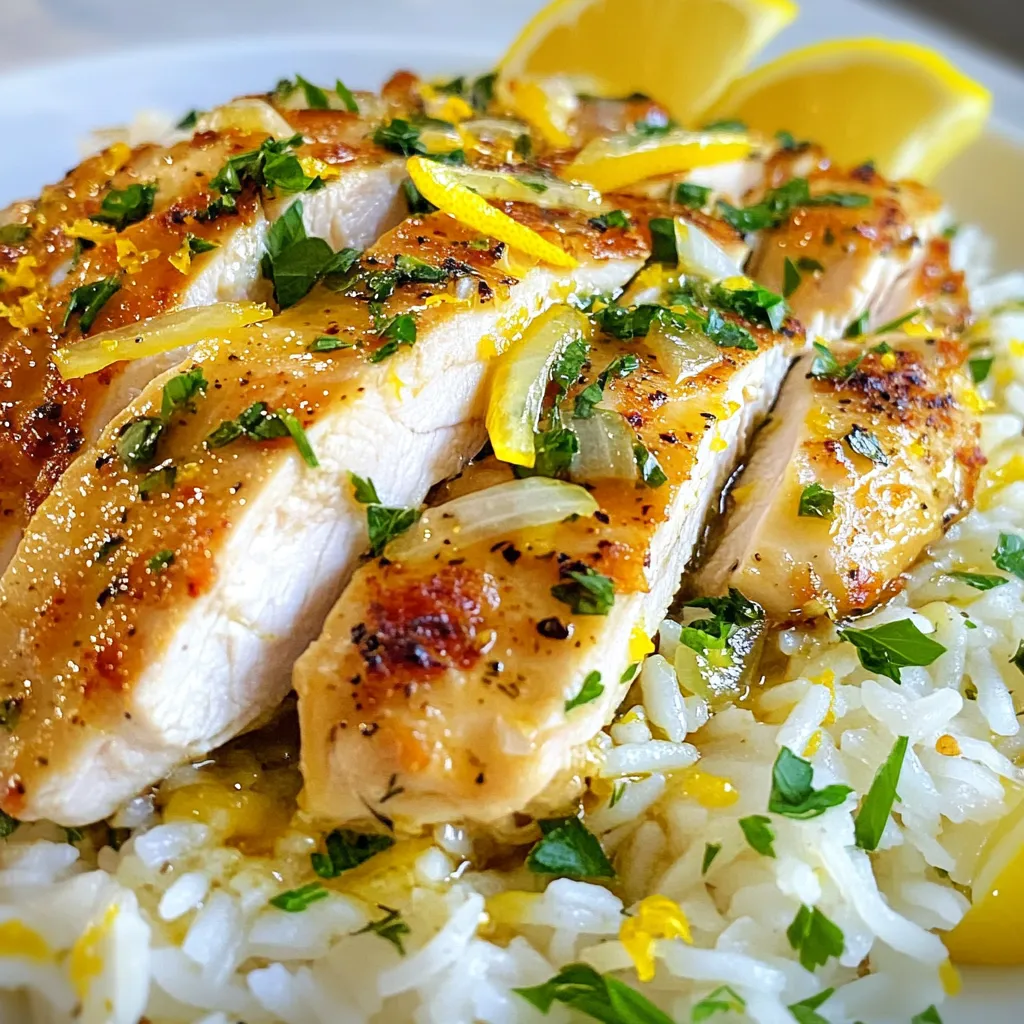 - 4 boneless, skinless chicken breasts - 1 cup basmati rice - 2 cups chicken broth - 1 medium onion, finely chopped - 3 cloves garlic, minced - 1 lemon (juiced and zested) - 2 tablespoons olive oil - 1 tablespoon fresh thyme leaves (or 1 teaspoon dried thyme) - 1 tablespoon fresh parsley, chopped - 1 teaspoon dried oregano - Salt and pepper to taste - Optional: Lemon wedges and fresh herb sprigs for garnish To make lemon herb chicken and rice, you need simple, fresh ingredients. First, the chicken is key. Choose 4 boneless, skinless chicken breasts for a tender bite. Basmati rice provides a fluffy base. Use 1 cup for a filling side. The broth is vital. Two cups of chicken broth add flavor to the rice. Aromatics bring depth. One medium onion, finely chopped, and three cloves of minced garlic will do the trick. Now, let’s talk about the herbs. They make the dish shine. You’ll need fresh thyme leaves, fresh parsley, and dried oregano. If fresh thyme is not available, use dried thyme instead. Don’t forget the lemon! One fresh lemon gives zest and juice. Lastly, have salt and pepper on hand for seasoning. For extra flair, you can add optional garnishes like lemon wedges or fresh herb sprigs. These ingredients blend perfectly for a flavorful, zesty meal. Enjoy gathering them for your next cooking adventure! {{ingredient_image_2}} To make your chicken tasty, you need to marinate it well. Start by mixing olive oil, lemon juice, lemon zest, fresh thyme, dried oregano, salt, and pepper in a bowl. Whisk until everything blends nicely. Tips for Effective Marination - Use a glass or ceramic bowl for marinating. - Make sure all chicken pieces are coated. - Cover the bowl to keep the flavors in. Recommended Marination Times - Marinate at room temperature for at least 30 minutes. - For stronger flavor, refrigerate for up to 2 hours. Now that your chicken is marinated, it's time to cook. Heat a tablespoon of olive oil in a large skillet over medium heat. Take the chicken from the marinade, leaving behind any extra liquid. Place the chicken in the skillet. Searing Techniques - Cook each side for 5-7 minutes until golden brown. - Avoid moving the chicken too much while it cooks. Internal Temperature Guideline - Use a meat thermometer to check. - Chicken should reach 165°F for safety. While the chicken rests, focus on the rice. Use the same skillet to add your onions and garlic. Sautéing Aromatics - Cook for 3-4 minutes until the onions turn soft. - Stir often to keep garlic from burning. Cooking the Rice Perfectly - Add basmati rice to the skillet and stir for 1-2 minutes. - Pour in chicken broth and bring to a boil. - Once boiling, lower the heat, cover, and simmer for 15 minutes. Your chicken and rice are ready to come together. Fluffing the Rice - Use a fork to fluff the rice gently. - Taste the rice and adjust seasoning with salt and pepper if needed. Arranging the Dish - Slice the rested chicken and place it on the rice. - Sprinkle fresh parsley for color and flavor. Using Fresh vs. Dried Herbs I always recommend using fresh herbs when possible. Fresh thyme and parsley add a bright taste. If you only have dried herbs, that’s okay! Use less than you would with fresh. About a teaspoon of dried thyme works well. Adjusting Seasoning to Taste Taste your dish as you cook! Start with a little salt and pepper. You can always add more later. If you want more zing, a splash of lemon juice can help. This simple tip can make a big difference. Best Skillet for Searing A non-stick skillet is my go-to for searing chicken. It helps to prevent sticking and makes cleanup easier. Make sure it’s large enough to fit all the chicken breasts without crowding. Ideal Pot for Cooking Rice For cooking rice, use a heavy-bottomed pot with a lid. This helps the rice cook evenly. A pot that holds at least 2 quarts is a good choice. It gives the rice enough room to expand as it cooks. Garnishing Ideas Garnish your dish with lemon wedges and fresh herb sprigs. This adds color and makes the meal look fancy. A sprinkle of parsley over the chicken also adds a nice touch. Serving Suggestions Serve the chicken and rice on a large platter. This makes it easy for everyone to help themselves. For a fun twist, you can add a side salad or some steamed veggies. Pro Tips Marination Time Matters: Allowing the chicken to marinate for at least 1 hour enhances its flavor and tenderness. If time permits, marinate overnight in the refrigerator for the best results. Perfect Rice Every Time: Rinse the basmati rice under cold water before cooking to remove excess starch, which prevents it from becoming sticky and helps achieve fluffy grains. Use a Meat Thermometer: To ensure the chicken is cooked perfectly, use a meat thermometer to check that the internal temperature reaches 165°F. This prevents overcooking and keeps the meat juicy. Garnish for Flavor: Fresh herbs and lemon wedges not only add visual appeal but also enhance the dish’s flavor. Squeeze fresh lemon juice over the top just before serving for an extra zesty kick. {{image_4}} You can switch up the rice to make this dish even more exciting. Basmati rice is great, but wild rice adds a nutty flavor and chewy texture. Jasmine rice gives a sweet aroma and fluffy finish. Both options can work well with the lemon and herbs. If you want to try something different from chicken, there are great options available. Tofu is a fantastic choice for a plant-based meal. It soaks up flavors and adds protein. Fish, like salmon or tilapia, can also bring a nice touch. Just adjust the cooking time for fish to ensure it cooks through. Adding vegetables can take this dish to the next level. Try bell peppers, spinach, or peas for a colorful twist. You can also switch the herbs. Basil or cilantro can add a fresh taste. Feel free to mix and match to find your perfect flavor combo! To store leftovers, cool the lemon herb chicken and rice to room temperature. Place it in an airtight container. This keeps the dish fresh and prevents it from drying out. Store it in the fridge for up to three days. When you want to enjoy it again, check for any off smells or colors before eating. If you want to save the meal for later, freezing is a great option. First, let the chicken and rice cool completely. Then, divide them into portions. Use freezer-safe bags or containers for storage. Label each bag with the date. You can freeze the dish for up to three months. This way, you can enjoy a quick meal anytime! When you’re ready to eat, reheating properly ensures great taste and texture. For best results, use the microwave or stovetop. If using a microwave, cover the dish and heat in short bursts, stirring in between. Add a splash of chicken broth if it seems dry. On the stovetop, warm it gently over low heat. Stir frequently to heat evenly and avoid burning. Enjoy your flavorful meal just like it was freshly made! Yes, you can use brown rice. Just keep in mind that it takes longer to cook. Brown rice usually takes about 40-50 minutes. You will need to add more chicken broth, about 3 cups, to ensure it cooks well. Make sure to check for doneness before serving. To keep the chicken juicy, marinate it well. Use a mix of lemon juice, olive oil, and spices. This adds flavor and moisture. After cooking, let the chicken rest for a few minutes. This helps keep the juices inside. Serve it right away for the best taste. Leftovers can be stored in the fridge for 3-4 days. Keep them in an airtight container. If you want to store them longer, freeze them. They can last up to 3 months in the freezer. When ready to eat, reheat gently in the microwave or on the stove. In this post, we explored preparing a tasty chicken and rice dish. We covered essential ingredients, from chicken to herbs. I shared step-by-step instructions for marinating, cooking, and combining the flavors. Effective tips helped enhance taste and presentation. We looked at variations for different rice types and proteins, ensuring you can customize your meal. Finally, I provided storage and reheating advice to keep your dish fresh. With these insights, you can create a delicious and satisfying meal every time. Enjoy cooking and experimenting with flavors!