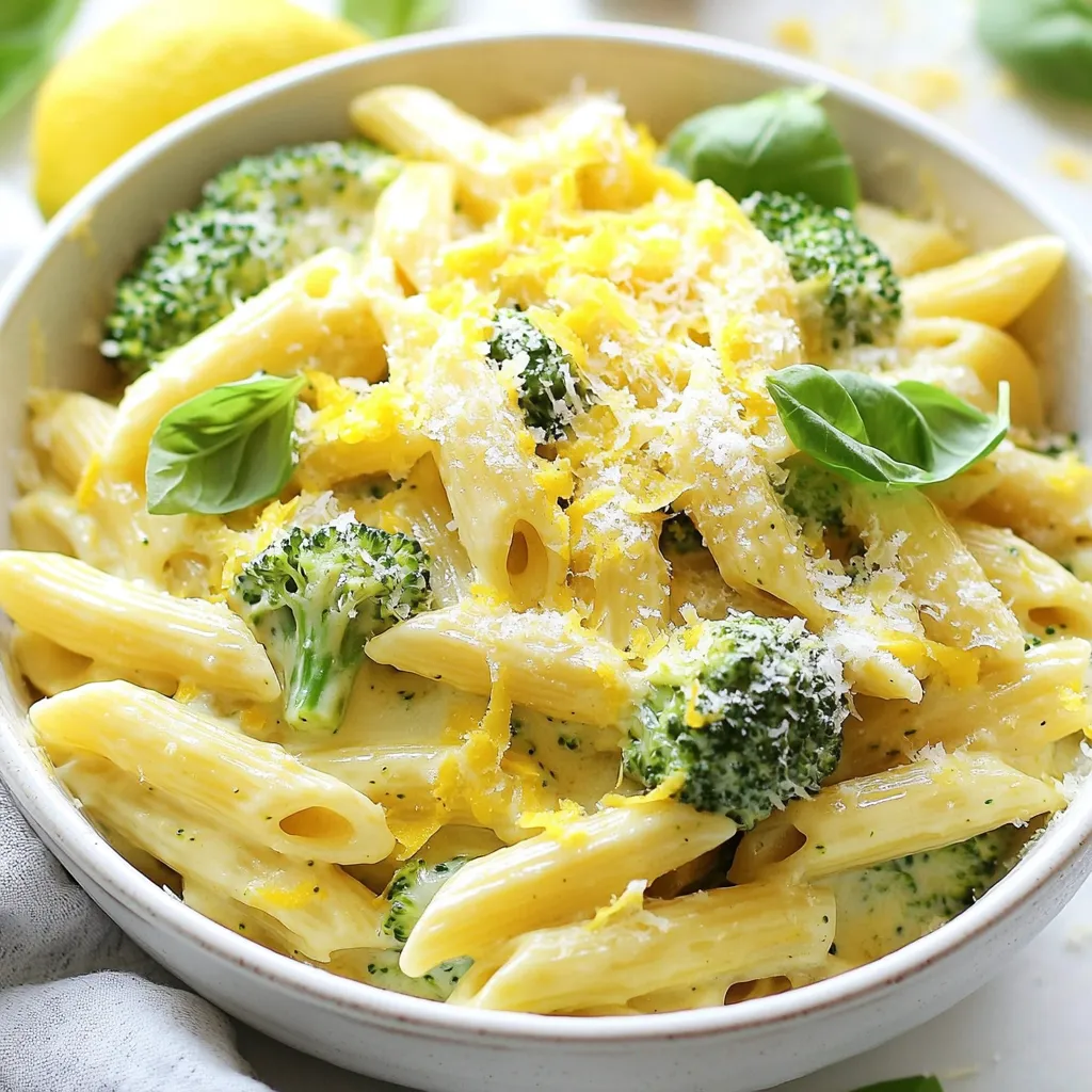 - 8 oz (225g) pasta (penne or fusilli) - 2 cups fresh broccoli florets - 1 tablespoon extra virgin olive oil - 3 cloves garlic, finely minced - 1 cup vegetable broth - 1 cup heavy cream (or coconut cream for dairy-free) - 1 cup freshly grated Parmesan cheese (or nutritional yeast for vegan) - 1 teaspoon freshly grated lemon zest - Sea salt and freshly cracked black pepper, to taste - Crushed red pepper flakes (optional, for added heat) - A handful of fresh basil leaves, for garnish I love using fresh ingredients in my cooking. Fresh broccoli adds a bright color and crunch to the dish. You can pick up a nice bunch from your local market. The extra virgin olive oil gives a rich flavor. I always choose a high-quality oil for the best taste. Garlic is a must. It adds a warm, savory note. Use fresh cloves for more flavor. The vegetable broth adds depth and makes the pasta cook perfectly. Heavy cream makes the sauce creamy and rich. If you want a lighter option, coconut cream works great too. Parmesan cheese is my go-to for a savory kick. For a vegan option, I recommend nutritional yeast. It offers a cheesy flavor without dairy. Lemon zest brightens up the dish. It gives a nice citrus touch. Don’t forget the seasoning! Sea salt and black pepper enhance all the flavors. If you like a bit of heat, add crushed red pepper flakes. Finally, fresh basil leaves make a lovely garnish. They bring freshness and color to your plate. Enjoy your cooking! {{ingredient_image_2}} Start by heating 1 tablespoon of extra virgin olive oil in a large pot over medium heat. Once the oil shimmers, add 3 cloves of finely minced garlic. Fry the garlic gently for 1-2 minutes. Stir it often to keep it from burning. This step brings out the garlic's flavor. Next, add 8 ounces of pasta to the pot. You can use penne or fusilli. Pour in 1 cup of vegetable broth at the same time. Bring this mixture to a gentle simmer. Stir occasionally to keep the pasta from sticking together. After 5 minutes, add 2 cups of fresh broccoli florets to the pot. This will cook for another 5-7 minutes. Keep an eye on the pasta and broccoli. You want the pasta al dente and the broccoli tender but bright green. Once the pasta and broccoli are cooked, lower the heat. Stir in 1 cup of heavy cream and 1 cup of freshly grated Parmesan cheese. Mix well until a rich, creamy sauce forms. This sauce will coat the pasta evenly, giving it a delightful taste. Now, add 1 teaspoon of freshly grated lemon zest for a fresh kick. Season the dish with sea salt, freshly cracked black pepper, and optional crushed red pepper flakes. Mix everything thoroughly so the flavors spread evenly. Remove the pot from the heat and let it rest for a couple of minutes. This helps the sauce thicken slightly. Serve the pasta warm. Garnish with fresh basil leaves and extra Parmesan cheese if you like. Enjoy this easy and tasty meal! For this dish, I recommend using penne or fusilli. These shapes hold the sauce well. They also cook evenly and have a great texture. If you want to try other types, consider rotini or farfalle. Each shape brings its own charm to the plate. To get a creamy sauce, pay attention to the heat level. Once you add the cream and cheese, keep stirring. If the sauce is too thick, add a bit more vegetable broth. If it's too thin, let it simmer longer. This will help the sauce thicken nicely. You can make this dish in a pressure cooker. Just add all the ingredients and cook for 5-7 minutes. If you prefer baking, transfer the mixture to a baking dish. Top with cheese and bake until bubbly. Both methods save time and give tasty results. Serve this pasta hot, garnished with fresh basil. A sprinkle of extra cheese adds flavor. Pair it with a simple green salad or garlic bread. This makes a complete meal that everyone will enjoy. You can also add grilled chicken or shrimp for extra protein. Pro Tips Perfect Pasta Cooking: Always cook pasta until al dente as it will continue to cook slightly once combined with the sauce. Broccoli Brightness: To keep broccoli vibrant and bright green, avoid overcooking it; add it to the pot just a few minutes before pasta is done. Cheese Choice: For a silky sauce, ensure the Parmesan cheese is finely grated so it melts smoothly into the cream. Flavor Boost: Enhance the flavor by adding a splash of white wine to the broth or a squeeze of fresh lemon juice just before serving. {{image_4}} You can make this dish vegan easily. Simply swap the heavy cream for coconut cream. Use nutritional yeast instead of Parmesan cheese. This change gives a cheesy flavor without dairy. Your creamy sauce will still taste amazing and rich! Want some heat? Add crushed red pepper flakes when you mix in the cream and cheese. You can also toss in some sliced jalapeños for extra spice. This will kick up the flavor and make your taste buds dance! Need to avoid gluten? Use gluten-free pasta. You can also replace vegetable broth with low-sodium chicken broth for more flavor. If you're avoiding dairy, stick to coconut cream and nutritional yeast. These swaps keep the dish tasty and enjoyable for everyone. To keep your One-Pot Creamy Broccoli Pasta fresh, store it in an airtight container. Make sure the pasta cools down before sealing it. This helps prevent extra moisture, which can lead to sogginess. You can keep the leftovers in the fridge for up to three days. If you want to enjoy it later, consider freezing. When you're ready to eat your leftovers, reheat them gently. You can use a microwave or a stovetop. If using a microwave, cover the container to keep moisture in. Heat it in short bursts, stirring in between. If using a stovetop, add a splash of vegetable broth or cream to help revive the creamy sauce. Stir often and heat until warm. To freeze your pasta, place it in a freezer-safe container. Make sure to leave some space at the top for expansion. It’s best to freeze it without the cheese added. The dish can last in the freezer for up to three months. When you're ready to eat, thaw it overnight in the fridge. Then, reheat it as mentioned above for the best results. Yes, you can use frozen broccoli. Frozen broccoli works well in this dish. It cooks quickly and still tastes great. Just add it to the pot along with the pasta. To make this dish gluten-free, choose gluten-free pasta. There are many options available, such as rice or quinoa pasta. Just cook it like regular pasta, and enjoy! You can add many herbs for extra flavor. Try thyme, oregano, or parsley. Fresh herbs can enhance the taste and make your dish even better. This dish lasts about 3-4 days in the fridge. Store it in an airtight container. Reheat it in a pot on low heat, adding a splash of broth or cream to keep it creamy. Yes, you can use different cheeses. Mozzarella or cheddar work well. For a vegan option, use nutritional yeast. It gives a cheesy flavor without dairy. This recipe combines simple ingredients and easy steps for a tasty dish. You learned how to make creamy pasta with broccoli, garlic, and cheese. We also covered tips for perfecting the sauce and variations for dietary needs. Feel free to customize this dish to match your taste. Remember, cooking is about having fun! Enjoy what you make and share it with others. Happy cooking!