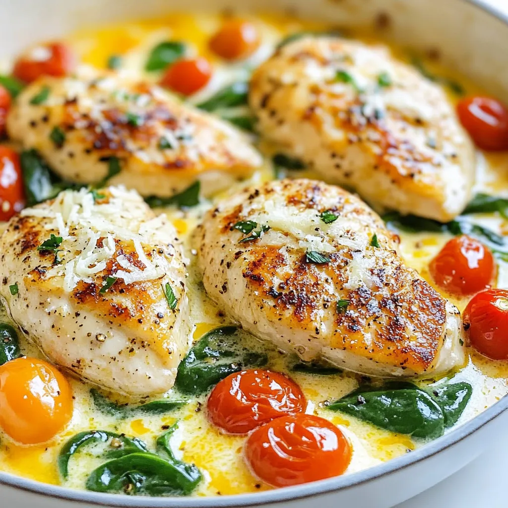 - 2 medium chicken breasts, diced into bite-sized pieces - 2 cups fresh spinach, roughly chopped - 1 cup cherry tomatoes, halved - 3 cloves garlic, minced - 1 teaspoon Italian seasoning blend - 1/2 teaspoon red pepper flakes (optional for heat) - 3 tablespoons extra virgin olive oil - 1/2 cup heavy cream - Salt and freshly cracked pepper to taste - Grated Parmesan cheese for garnish You will need: - A large skillet - A cutting board - A sharp knife - A spatula or wooden spoon - Measuring spoons - A serving dish This recipe serves 2 people. Here’s the nutritional breakdown per serving: - Calories: 550 - Protein: 40g - Fat: 39g - Carbohydrates: 8g - Fiber: 2g - Net Carbs: 6g This dish is great for anyone on a keto diet. The high protein and healthy fats keep you full. Plus, the low carbs fit perfectly into your meal plan. Enjoy the mix of flavors while staying on track! {{ingredient_image_2}} 1. Heat 2 tablespoons of olive oil in a large skillet over medium heat. 2. Add diced chicken. Season with salt, pepper, and Italian seasoning. 3. Sauté chicken for 6-8 minutes until golden brown and cooked through. 4. Remove chicken from the skillet and set aside on a plate. 5. Add the last tablespoon of olive oil to the same skillet. 6. Toss in minced garlic and optional red pepper flakes. 7. Sauté for 1 minute until garlic is fragrant. 8. Add halved cherry tomatoes and cook for 2-3 minutes. 9. Add chopped spinach and stir until it wilts, about 1-2 minutes. 10. Reduce heat to low and pour in heavy cream. Stir well. 11. Bring the cream to a gentle simmer. 12. Return cooked chicken to the skillet. Stir to combine. 13. Simmer for an additional 2-3 minutes to meld flavors. 14. Taste and adjust seasoning with salt and pepper. 15. Remove from heat and serve immediately. 16. Garnish with freshly grated Parmesan cheese. - Prep time: 10 minutes - Total cooking time: 25 minutes - This recipe serves 2 people. Enjoy it as a main dish on a weeknight! To make this dish stand out, use fresh ingredients. Fresh spinach and ripe tomatoes bring great flavor. Cut the chicken into small pieces for even cooking. Make sure the skillet is hot before adding the chicken. This helps it brown nicely. Sauté the chicken until it's golden and no longer pink inside. Remove it from the skillet to keep it juicy. For extra flavor, use fresh garlic. It gives a nice kick to the dish. Adding red pepper flakes adds heat, but it's optional. You can also try fresh herbs like basil or parsley. They brighten the meal. Drizzling a bit of lemon juice before serving can enhance the taste. Finally, generous Parmesan cheese on top adds richness. Avoid crowding the skillet with chicken. This can cause steaming instead of browning. If you skip the resting time for chicken, it may dry out. Don’t overcook the spinach; it should just wilt. Lastly, taste your dish before serving to adjust salt and pepper. This ensures the best flavor. Pro Tips Perfectly Cooked Chicken: Ensure your chicken is cooked through by using a meat thermometer; it should read 165°F (75°C) in the thickest part. Fresh Spinach: Use fresh spinach for better flavor and texture; wilted or frozen spinach can make the dish watery. Customize the Heat: Adjust the amount of red pepper flakes based on your heat preference; start with a pinch and add more if you like it spicy. Serving Suggestions: Pair this dish with a side salad or cauliflower rice for a complete keto meal. {{image_4}} If you want to lower the carbs, swap heavy cream for unsweetened coconut milk. This change still gives a creamy texture while keeping it keto-friendly. You can also use cauliflower rice instead of traditional rice. It’s a great way to soak up the sauce. Feel free to add more veggies for extra flavor. Bell peppers, zucchini, or mushrooms work well here. You might like to include some cooked bacon for an extra crunch. Just sauté it before adding the chicken. This recipe is very flexible! For dairy-free options, use a non-dairy cream. Almond or cashew cream can replace heavy cream. If you're avoiding chicken, try shrimp or tofu. They absorb flavors well and provide a different protein source. Just make sure to adjust cooking times as needed. After enjoying your Keto Chicken Spinach Tomato Skillet, let it cool to room temp. Place leftovers in an airtight container. Store in the fridge for up to three days. Make sure to keep it sealed to keep flavors fresh. To reheat, use a skillet over medium heat. Add a splash of water or broth to keep it moist. Heat until warm, stirring often. You can also microwave it for 1-2 minutes. Make sure to check that it’s hot all the way through. If you want to freeze, place the cooled dish in a freezer-safe container. It can last up to three months. When ready to eat, thaw it in the fridge overnight. Reheat as mentioned above. Avoid refreezing after it has been thawed. A keto diet is low in carbs and high in fats. It helps your body enter a state called ketosis. In ketosis, your body burns fat for energy. This can lead to weight loss and more energy. You eat foods like meats, fish, eggs, nuts, and healthy fats. You avoid grains, sugar, and most fruits. It’s simple but needs careful planning. Yes, you can use frozen spinach or tomatoes. They are convenient and still healthy. Frozen spinach can be added directly to the skillet. Just make sure to drain excess water before cooking. Frozen tomatoes work well, too. They may change the texture, but the taste stays great. To make this dish dairy-free, swap heavy cream for coconut milk. Coconut milk gives a creamy texture without dairy. You can also use almond milk, but it may not be as creamy. Skip the Parmesan cheese or use a dairy-free cheese instead. This keeps the dish tasty and suitable for dairy-free diets. You can serve this dish with a fresh salad. A simple green salad with olive oil works well. You can also pair it with cauliflower rice. Cauliflower rice is low in carbs and adds a nice texture. For a heartier option, serve it with zucchini noodles. They soak up the sauce and make a filling meal. In this post, we explored making a Keto Chicken Spinach Tomato Skillet. We covered essential ingredients, cooking tools, and detailed steps. I shared time guides and serving sizes, along with key tips for success. Variations allow flexibility for diets, and proper storage helps keep leftovers fresh. Remember, cooking is a fun journey. Enjoy experimenting with flavors and adaptations to make this dish your own!