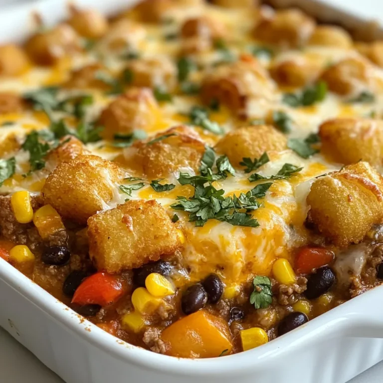 - 1 lb ground beef - 1 can (15 oz) black beans, drained and rinsed - 1 cup corn kernels (can be fresh, frozen, or canned) - 1 can (10 oz) diced tomatoes with green chilies - 1 cup shredded cheddar cheese - 1 cup diced bell peppers (mix of red and yellow for a vibrant appearance) - 1 small onion, finely chopped - 2 cloves garlic, minced - 1 teaspoon chili powder - ½ teaspoon ground cumin - 1 teaspoon smoked paprika - 1 package (1 lb) frozen tater tots - Olive oil for sautéing - Salt and black pepper to taste For this cowboy casserole, I start with a solid base. Ground beef gives a hearty feel. Black beans add protein and fiber. Corn kernels lend sweetness and color. Diced tomatoes with green chilies pack a punch. Next, I add cheese and veggies. Shredded cheddar cheese melts beautifully, creating a creamy layer. Bell peppers bring crunch and color, while onion and garlic add depth. These ingredients work together to create a rich flavor. Seasoning brings everything to life. Chili powder adds warmth, while ground cumin gives an earthy note. Smoked paprika introduces a subtle smokiness. The tater tots on top create a crispy, golden finish. Olive oil helps everything sauté nicely. Lastly, I use salt and pepper to enhance the flavors. This cowboy casserole is not just filling; it's a fun mix of tastes and textures. Each ingredient plays a role in making it a family favorite. {{ingredient_image_2}} 1. Preheat your oven to 375°F (190°C). This makes sure your casserole cooks evenly. 2. Sauté your vegetables. In a large skillet, drizzle olive oil over medium heat. Add the chopped onion and diced bell peppers. Cook for about 4-5 minutes until they soften and the onion turns clear. 3. Cook the ground beef. Add minced garlic to the skillet. Stir and cook for another minute. Then, add the ground beef. Break it apart with a spatula. Cook until it turns brown and is no longer pink, about 5-7 minutes. Drain any extra fat if needed. 1. Add beans, corn, and seasonings. Stir in the black beans, corn, and diced tomatoes with green chilies. Add the chili powder, ground cumin, and smoked paprika. Season with salt and pepper. Mix everything well to blend the flavors. 2. Transfer to baking dish and top with cheese. Pour the beef and vegetable mix into a greased 9x13 inch baking dish. Spread it evenly. Top it off with shredded cheddar cheese to melt as it bakes. 1. Layer tater tots. Carefully arrange the frozen tater tots on top of the cheese. Place them in a single layer for a nice bake. 2. Baking time. Put the casserole in the oven and bake for 30-35 minutes. Check for a golden brown and crispy top on the tater tots. Once done, take it out and let it cool for a few minutes before serving. To ensure even browning of beef, start with a hot skillet. Use medium heat to cook the meat thoroughly. Break it into smaller pieces with a spatula as it cooks. This helps it brown well. To avoid soggy tater tots, layer them on top of the cheese. Make sure they are in a single layer. This allows them to crisp up nicely in the oven. Baking them directly over the cheese ensures they stay crunchy. Garnish your cowboy casserole with fresh cilantro or sliced green onions. This adds color and a fresh taste. A dollop of sour cream or guacamole pairs nicely too. It adds creaminess and richness to each bite. For side dishes, consider a simple green salad or cornbread. Both are easy to make and balance the flavors of the casserole. Store any leftovers in an airtight container. Keep them in the fridge for up to three days. For reheating, use the oven for best results. Set it at 350°F (175°C) and heat until warm. If you want to freeze leftovers, place them in a freezer-safe dish. They can last up to three months. Thaw overnight in the fridge before reheating. This keeps the casserole tasty and fresh. Pro Tips Choose Lean Meat: Opt for lean ground beef or turkey to reduce the fat content in your casserole without sacrificing flavor. Customize the Vegetables: Feel free to mix in other vegetables such as zucchini or spinach to add more nutrition and flavor to your dish. Layer for Flavor: When layering the cheese and tater tots, make sure to cover the entire surface for even melting and a crispy top. Let it Rest: Allow the casserole to cool for a few minutes after baking; this helps it set and makes serving easier. {{image_4}} You can change the meat in cowboy casserole. Use lean turkey or chicken for a lighter dish. Both options keep the flavor rich and hearty. If you need a dairy-free meal, try using dairy-free cheese. It melts well and offers a tasty twist. Want to spice things up? Add some cayenne pepper or red pepper flakes for heat. This will make every bite exciting! You can also mix in different veggies. Try zucchini, spinach, or even mushrooms. Each choice adds a new layer of flavor. If you need a gluten-free dish, choose gluten-free tater tots. They bake up just as crispy and delicious. For thickening, use cornstarch or arrowroot powder instead of regular flour. This keeps the casserole rich without gluten. A serving of Cowboy Casserole has about 450 calories. This meal is filling and perfect for family dinners. - Protein: Each serving offers around 25 grams of protein. This comes mainly from the ground beef and black beans, supporting muscle health. - Fat: There are about 20 grams of fat per serving. The cheese and beef contribute to this, adding flavor and richness. - Carbohydrates: Each serving contains about 45 grams of carbohydrates. The tater tots and corn provide most of these, giving you energy. Cowboy Casserole is not suitable for everyone. It contains meat and dairy, which some avoid. Here are some key points: - Gluten: Standard tater tots contain gluten. Use gluten-free options if needed. - Dairy: The cheese can be replaced with dairy-free cheese for lactose-free diets. - Beans: Black beans may trigger allergies for some. Consider skipping them or using a different protein source. This casserole is a hearty choice for many, but always check for allergies or dietary needs! Leftovers of Cowboy Casserole can last for about 3 to 4 days in the fridge. Make sure to store them in an airtight container. This helps keep the flavors fresh and safe to eat. If you see any signs of spoilage, like a strange smell or mold, throw it away. Reheat leftovers in the microwave or oven until they are hot all the way through. Yes, you can freeze Cowboy Casserole! To freeze, let it cool completely first. Then, place it in a freezer-safe container. You can also use heavy-duty aluminum foil. This keeps it safe from freezer burn. It can stay frozen for about 2 to 3 months. When you’re ready to eat, thaw it in the fridge overnight. Reheat in the oven until hot. You can also microwave individual portions if you want a quick meal. Cowboy Casserole pairs well with many sides. Here are a few ideas: - Green salad: A simple green salad adds crunch and freshness. - Cornbread: Sweet cornbread complements the savory casserole. - Sour cream or guacamole: These toppings add creaminess and flavor. - Steamed veggies: Broccoli or green beans are great for extra color and nutrition. These sides enhance the meal and make it even more enjoyable! In this blog post, we explored the delicious Cowboy Casserole. We covered the key ingredients, from ground beef to tater tots. You learned how to prepare, combine, and bake it perfectly. I shared tips to ensure success while serving and storing leftovers. Cowboy Casserole is versatile, allowing you to make many variations. You can adjust ingredients for different diets and tastes. This dish offers warmth and comfort for everyone at your table. Enjoy making it your own and savor the flavors!