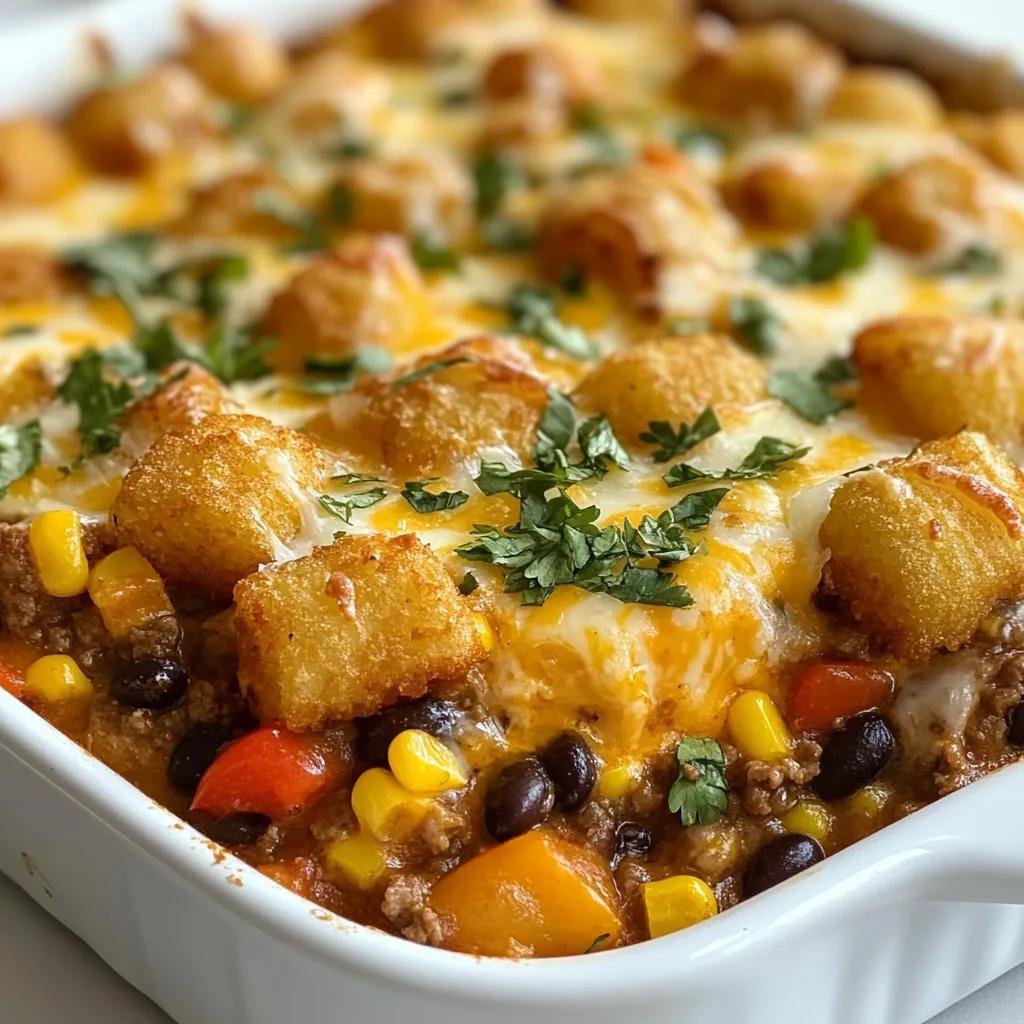 - 1 lb ground beef - 1 can (15 oz) black beans, drained and rinsed - 1 cup corn kernels (can be fresh, frozen, or canned) - 1 can (10 oz) diced tomatoes with green chilies - 1 cup shredded cheddar cheese - 1 cup diced bell peppers (mix of red and yellow for a vibrant appearance) - 1 small onion, finely chopped - 2 cloves garlic, minced - 1 teaspoon chili powder - ½ teaspoon ground cumin - 1 teaspoon smoked paprika - 1 package (1 lb) frozen tater tots - Olive oil for sautéing - Salt and black pepper to taste For this cowboy casserole, I start with a solid base. Ground beef gives a hearty feel. Black beans add protein and fiber. Corn kernels lend sweetness and color. Diced tomatoes with green chilies pack a punch. Next, I add cheese and veggies. Shredded cheddar cheese melts beautifully, creating a creamy layer. Bell peppers bring crunch and color, while onion and garlic add depth. These ingredients work together to create a rich flavor. Seasoning brings everything to life. Chili powder adds warmth, while ground cumin gives an earthy note. Smoked paprika introduces a subtle smokiness. The tater tots on top create a crispy, golden finish. Olive oil helps everything sauté nicely. Lastly, I use salt and pepper to enhance the flavors. This cowboy casserole is not just filling; it's a fun mix of tastes and textures. Each ingredient plays a role in making it a family favorite. {{ingredient_image_2}} 1. Preheat your oven to 375°F (190°C). This makes sure your casserole cooks evenly. 2. Sauté your vegetables. In a large skillet, drizzle olive oil over medium heat. Add the chopped onion and diced bell peppers. Cook for about 4-5 minutes until they soften and the onion turns clear. 3. Cook the ground beef. Add minced garlic to the skillet. Stir and cook for another minute. Then, add the ground beef. Break it apart with a spatula. Cook until it turns brown and is no longer pink, about 5-7 minutes. Drain any extra fat if needed. 1. Add beans, corn, and seasonings. Stir in the black beans, corn, and diced tomatoes with green chilies. Add the chili powder, ground cumin, and smoked paprika. Season with salt and pepper. Mix everything well to blend the flavors. 2. Transfer to baking dish and top with cheese. Pour the beef and vegetable mix into a greased 9x13 inch baking dish. Spread it evenly. Top it off with shredded cheddar cheese to melt as it bakes. 1. Layer tater tots. Carefully arrange the frozen tater tots on top of the cheese. Place them in a single layer for a nice bake. 2. Baking time. Put the casserole in the oven and bake for 30-35 minutes. Check for a golden brown and crispy top on the tater tots. Once done, take it out and let it cool for a few minutes before serving. To ensure even browning of beef, start with a hot skillet. Use medium heat to cook the meat thoroughly. Break it into smaller pieces with a spatula as it cooks. This helps it brown well. To avoid soggy tater tots, layer them on top of the cheese. Make sure they are in a single layer. This allows them to crisp up nicely in the oven. Baking them directly over the cheese ensures they stay crunchy. Garnish your cowboy casserole with fresh cilantro or sliced green onions. This adds color and a fresh taste. A dollop of sour cream or guacamole pairs nicely too. It adds creaminess and richness to each bite. For side dishes, consider a simple green salad or cornbread. Both are easy to make and balance the flavors of the casserole. Store any leftovers in an airtight container. Keep them in the fridge for up to three days. For reheating, use the oven for best results. Set it at 350°F (175°C) and heat until warm. If you want to freeze leftovers, place them in a freezer-safe dish. They can last up to three months. Thaw overnight in the fridge before reheating. This keeps the casserole tasty and fresh. Pro Tips Choose Lean Meat: Opt for lean ground beef or turkey to reduce the fat content in your casserole without sacrificing flavor. Customize the Vegetables: Feel free to mix in other vegetables such as zucchini or spinach to add more nutrition and flavor to your dish. Layer for Flavor: When layering the cheese and tater tots, make sure to cover the entire surface for even melting and a crispy top. Let it Rest: Allow the casserole to cool for a few minutes after baking; this helps it set and makes serving easier. {{image_4}} You can change the meat in cowboy casserole. Use lean turkey or chicken for a lighter dish. Both options keep the flavor rich and hearty. If you need a dairy-free meal, try using dairy-free cheese. It melts well and offers a tasty twist. Want to spice things up? Add some cayenne pepper or red pepper flakes for heat. This will make every bite exciting! You can also mix in different veggies. Try zucchini, spinach, or even mushrooms. Each choice adds a new layer of flavor. If you need a gluten-free dish, choose gluten-free tater tots. They bake up just as crispy and delicious. For thickening, use cornstarch or arrowroot powder instead of regular flour. This keeps the casserole rich without gluten. A serving of Cowboy Casserole has about 450 calories. This meal is filling and perfect for family dinners. - Protein: Each serving offers around 25 grams of protein. This comes mainly from the ground beef and black beans, supporting muscle health. - Fat: There are about 20 grams of fat per serving. The cheese and beef contribute to this, adding flavor and richness. - Carbohydrates: Each serving contains about 45 grams of carbohydrates. The tater tots and corn provide most of these, giving you energy. Cowboy Casserole is not suitable for everyone. It contains meat and dairy, which some avoid. Here are some key points: - Gluten: Standard tater tots contain gluten. Use gluten-free options if needed. - Dairy: The cheese can be replaced with dairy-free cheese for lactose-free diets. - Beans: Black beans may trigger allergies for some. Consider skipping them or using a different protein source. This casserole is a hearty choice for many, but always check for allergies or dietary needs! Leftovers of Cowboy Casserole can last for about 3 to 4 days in the fridge. Make sure to store them in an airtight container. This helps keep the flavors fresh and safe to eat. If you see any signs of spoilage, like a strange smell or mold, throw it away. Reheat leftovers in the microwave or oven until they are hot all the way through. Yes, you can freeze Cowboy Casserole! To freeze, let it cool completely first. Then, place it in a freezer-safe container. You can also use heavy-duty aluminum foil. This keeps it safe from freezer burn. It can stay frozen for about 2 to 3 months. When you’re ready to eat, thaw it in the fridge overnight. Reheat in the oven until hot. You can also microwave individual portions if you want a quick meal. Cowboy Casserole pairs well with many sides. Here are a few ideas: - Green salad: A simple green salad adds crunch and freshness. - Cornbread: Sweet cornbread complements the savory casserole. - Sour cream or guacamole: These toppings add creaminess and flavor. - Steamed veggies: Broccoli or green beans are great for extra color and nutrition. These sides enhance the meal and make it even more enjoyable! In this blog post, we explored the delicious Cowboy Casserole. We covered the key ingredients, from ground beef to tater tots. You learned how to prepare, combine, and bake it perfectly. I shared tips to ensure success while serving and storing leftovers. Cowboy Casserole is versatile, allowing you to make many variations. You can adjust ingredients for different diets and tastes. This dish offers warmth and comfort for everyone at your table. Enjoy making it your own and savor the flavors!