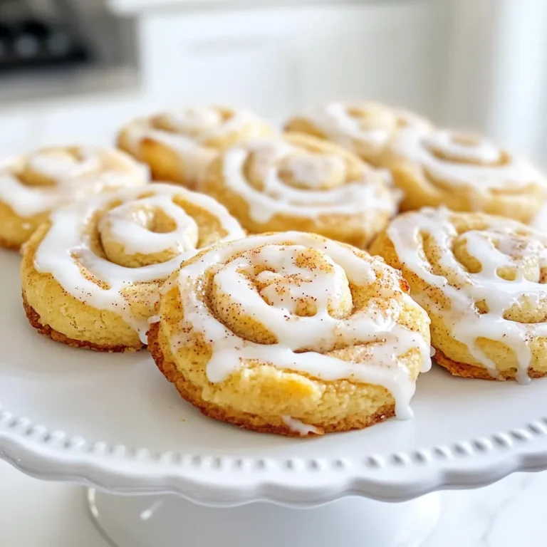 To make these delightful cinnamon roll cookies, you will need the following ingredients: - 2 cups all-purpose flour - 1 teaspoon baking powder - 1/2 teaspoon baking soda - 1/2 teaspoon salt - 1 teaspoon ground cinnamon - 3/4 cup unsalted butter, softened - 1 cup packed brown sugar - 1 large egg - 1 teaspoon pure vanilla extract - 1/4 cup granulated sugar (for rolling) - 1/2 cup powdered sugar (for glaze) - 1-2 tablespoons milk (to adjust glaze consistency) Each ingredient plays a key role. The all-purpose flour gives the cookies their structure. Baking powder and baking soda help them rise. Salt balances the sweetness, while ground cinnamon adds that warm, cozy flavor. Softened butter creates a rich texture, and brown sugar brings a deep sweetness. The egg helps bind everything together. Vanilla adds a lovely aroma, and the granulated sugar gives a sweet crust. Finally, the glaze, made with powdered sugar and milk, adds a finishing touch that makes these cookies stand out. {{ingredient_image_2}} Start by preheating your oven to 350°F (175°C). This step is key. A well-preheated oven helps the cookies bake evenly. While the oven heats, line your baking sheet with parchment paper. This lining helps with easy cookie removal after baking. Next, grab a medium bowl. In this bowl, whisk together the dry ingredients. Combine 2 cups of all-purpose flour, 1 teaspoon of baking powder, 1/2 teaspoon of baking soda, 1/2 teaspoon of salt, and 1 teaspoon of ground cinnamon. This mix provides the essential flavor and texture for your cookies. In a large bowl, use a hand mixer or stand mixer. Beat together 3/4 cup of softened unsalted butter and 1 cup of packed brown sugar. Mix them until the texture is light and fluffy, about 2-3 minutes. This step is important for a soft cookie. Now, add 1 large egg and 1 teaspoon of pure vanilla extract to the butter-sugar mix. Keep mixing until everything is smooth. This mixture should be well combined for the best flavor. Gradually fold the dry ingredient mixture into the wet mix. Use a spatula or wooden spoon to gently combine. Mix until a cohesive dough forms. Be sure there are no dry flour bits left. This ensures your cookies will have a great texture. Transfer the dough to a lightly floured surface. Roll the dough into a log, about 1.5 inches in diameter. Wrap this log in plastic wrap and refrigerate for at least 30 minutes. Chilling the dough helps maintain the shape during baking. After chilling, unwrap the dough. Slice it into 1/2-inch thick rounds. Roll each slice in granulated sugar for a sweet crust. Arrange them on your lined baking sheet, leaving space between each cookie. Bake them for 10-12 minutes until the edges are lightly golden. While your cookies cool, prepare the glaze. In a small bowl, whisk together 1/2 cup of powdered sugar and 1-2 tablespoons of milk. Adjust until you reach a smooth consistency. Once the cookies are cool, drizzle the glaze over them. Use a spoon or whisk for a nice touch. To bake perfect cinnamon roll cookies, keep a close eye on time and temperature. Preheat your oven to 350°F (175°C) for even baking. Bake the cookies for 10-12 minutes. Look for edges that are golden and set. If you bake too long, cookies can become dry. If underbaked, they may spread too much. Watch for a few common mistakes. First, don't skip the chilling step. Chilling the dough helps maintain shape during baking. Also, ensure you measure flour correctly. Too much flour can lead to dense cookies. Lastly, do not overcrowd the baking sheet. Give each cookie room to spread. For serving, arrange cookies on a pretty platter. This makes them look more inviting. You can sprinkle a bit of ground cinnamon on top for flair. A small mint leaf can also add a splash of color. Glazing cookies not only adds sweetness but also enhances their visual appeal. Drizzle glaze gently for a beautiful finish. Pro Tips Chill for Better Shape: Chilling the dough for at least 30 minutes helps the cookies maintain their shape during baking, preventing them from spreading too much. Perfect Sugar Coating: For an extra sweet touch, roll the cookie slices in granulated sugar before baking. This creates a delightful crust that enhances the flavor. Adjust Glaze Consistency: When making the glaze, add milk one teaspoon at a time to achieve your desired thickness—this allows for a perfect drizzle over the cookies. Storage Tips: Store cookies in an airtight container at room temperature for up to a week. For longer freshness, consider freezing them without glaze and adding it before serving. {{image_4}} To make gluten-free cinnamon roll cookies, you can use a gluten-free all-purpose flour blend. Look for a blend that has xanthan gum in it. If your blend does not include xanthan gum, add 1/2 teaspoon for each cup of flour. This will help bind the dough. Follow the same steps as in the original recipe, and you’ll enjoy delicious cookies without gluten. You can easily adapt this recipe for vegan diets. Replace the egg with a flax egg. To make a flax egg, mix 1 tablespoon of ground flaxseed with 2.5 tablespoons of water. Let it sit for about 5 minutes until it thickens. Use vegan butter instead of regular butter. You can also use plant-based milk for the glaze. Your cookies will still taste great! You can make your cinnamon roll cookies even more exciting. Try adding nuts like walnuts or pecans for a nice crunch. You can also mix in chocolate chips for a sweet twist. If you love spices, add a pinch of nutmeg or cardamom for extra flavor. These simple changes will make your cookies unique and fun! To keep your cinnamon roll cookies fresh, store them in an airtight container. This container helps prevent air from drying out the cookies. Place parchment paper between layers to avoid sticking. Keeping them in a cool, dark place works best. If you use a cookie jar, make sure it seals well. This keeps cookies soft and tasty for longer. You can freeze cookie dough or baked cookies. For freezing dough, shape it into a log and wrap it tightly in plastic wrap. Then, place it in a freezer bag. This way, you can bake fresh cookies later. For baked cookies, let them cool completely. After cooling, place them in an airtight container or freezer bag. They can last up to three months in the freezer. Cinnamon roll cookies stay good for about a week at room temperature. If you keep them in the fridge, they can last up to two weeks. Always check for any signs of mold or off smells before eating. For the best taste, enjoy them within the first few days. Yes, you can prepare these cookies ahead. Make the dough and chill it in the fridge. You can keep it for up to three days before baking. If you want to store them longer, freeze the dough. Wrap the log tightly in plastic wrap, then place it in a freezer bag. When ready, thaw it overnight in the fridge before slicing and baking. You can use coconut sugar instead of granulated sugar. It has a similar texture and sweetness. Brown sugar also works well but may change the flavor a bit. If you want a sugar-free option, try using monk fruit sweetener. Adjust the amount based on package instructions since some sweeteners vary in sweetness. Watch for the edges of the cookies turning golden brown. The center should look set, not doughy. You can also gently press the cookie with your finger. If it springs back, it's ready. Remember, the cookies will continue to firm up as they cool. Yes, you can use whole wheat flour for a nuttier flavor. Almond flour is another option, but it may change the texture. If using gluten-free flour, choose a blend made for baking. Adjust the liquid in the recipe, as different flours absorb moisture differently. If your dough is dry, add a little milk, one teaspoon at a time. Mix until the dough comes together. You can also add melted butter if the dough is too crumbly. Make sure not to add too much liquid; you want a soft but not sticky dough. To glaze cookies, whisk the powdered sugar with milk until smooth. Drizzle the glaze over the cookies using a spoon or whisk. You can also dip the tops of the cookies for a thicker glaze. Let the glaze set before serving for a beautiful finish. You can create delicious cinnamon roll cookies with simple ingredients and clear steps. Start by preheating your oven and mixing dry ingredients. Follow the steps for creaming butter and sugar, then incorporate the egg and vanilla. Shape, bake, and glaze for great results. Remember to avoid common baking mistakes and try variations for special diets. Store your cookies properly and enjoy them fresh. With these tips, you’ll master cookie baking in no time. Embrace your inner baker and have fun!
