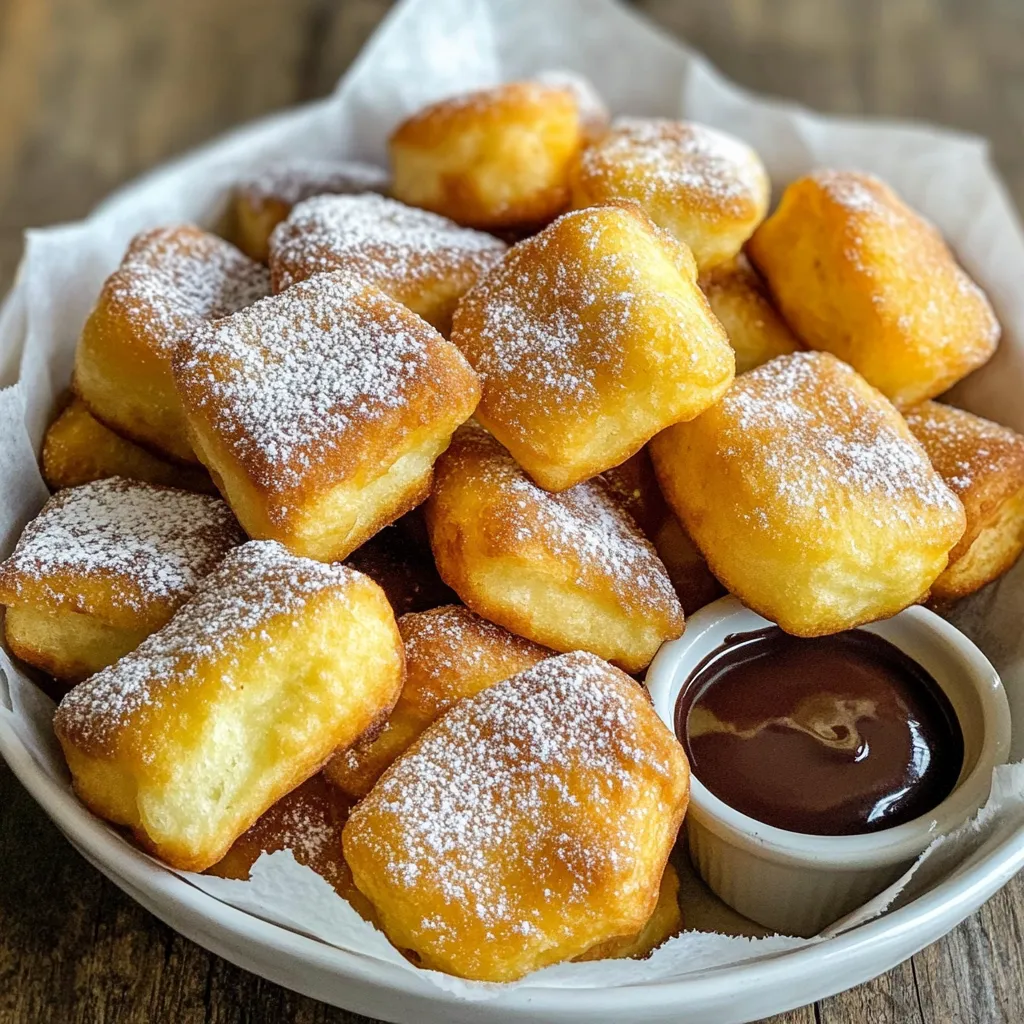 - 2 cups all-purpose flour - 1/4 cup granulated sugar - 1 tablespoon baking powder - 1/2 teaspoon salt - 1/2 teaspoon ground cinnamon - 2 large eggs - 3/4 cup whole milk - 1 teaspoon pure vanilla extract - 2 tablespoons unsalted butter, melted - Oil for frying (vegetable or canola) - Powdered sugar for dusting If you need gluten-free options, try using a gluten-free flour blend. Look for one that works well for baking. For dairy alternatives, you can use almond milk or oat milk instead of whole milk. These options will still give you tasty beignets. {{ingredient_image_2}} 1. Start with a large bowl. Add the dry ingredients: - 2 cups all-purpose flour - 1/4 cup granulated sugar - 1 tablespoon baking powder - 1/2 teaspoon salt - 1/2 teaspoon ground cinnamon Whisk these together. Make sure there are no lumps. 2. In another bowl, crack the two eggs. Whisk them until frothy. Then, add: - 3/4 cup whole milk - 1 teaspoon pure vanilla extract - 2 tablespoons unsalted butter, melted Stir until the mixture is smooth and blended. 3. Pour the wet mixture into the dry bowl. Use a spatula to mix gently. Stop when the batter is just combined. A few lumps are okay. This helps keep the beignets light and fluffy. 1. Get a deep pot or a large saucepan. Heat vegetable or canola oil over medium-high heat. You want to reach 350°F (175°C). To test the oil, drop in a spoonful of batter. It should bubble and float. 2. Use a spoon or cookie scoop. Drop about 2 tablespoons of batter into the hot oil. Do not overcrowd the pot. Fry each beignet for 2-3 minutes. They should turn golden brown. 3. When golden, remove the beignets with a slotted spoon. Place them on a plate with paper towels to absorb extra oil. 1. Let the beignets cool for a minute. Then, dust them with powdered sugar. Use a generous amount for a sweet touch. 2. For serving, place the warm beignets in a basket. Line the basket with parchment paper. Consider adding a small dish of chocolate sauce or caramel for dipping. Enjoy your delicious treats! - Overmixing the batter: Mixing too much makes the beignets tough. Mix just until combined. It's okay if some lumps remain. - Incorrect oil temperature: If the oil is too cold, the beignets soak up oil. Too hot, and they burn. Aim for 350°F (175°C) for best results. - Tips for light and fluffy beignets: Let the batter rest for a few minutes before frying. This helps the beignets puff up nicely. Also, make sure to fry in small batches. This keeps the oil hot and helps them cook evenly. - How to test for doneness: Check the color of your beignets. They should be golden brown. You can also use a toothpick; it should come out clean when inserted. - Adding spices or flavorings: Feel free to add a pinch of nutmeg or a splash of almond extract for extra flavor. Vanilla is great, but other spices can add depth. - Experimenting with fillings: Try adding fruit preserves or chocolate inside the beignets. Just make a small hole and fill them after frying. This makes each bite a tasty surprise! Pro Tips Temperature Control: Maintain the oil temperature at 350°F (175°C) for perfectly cooked beignets. Use a thermometer for accuracy. Resting Time: Allow the batter to rest for about 10 minutes before frying. This helps to enhance the texture and flavor. Variations: Experiment with different flavorings by adding citrus zest or spices such as nutmeg to the batter for a unique twist. Dusting Technique: Dust the beignets with powdered sugar while they are still warm for better adherence and a more indulgent treat. {{image_4}} You can fill your beignets with many tasty options. Fruit preserves add a sweet burst. Try raspberry or apricot for a fruity touch. Chocolate is always a hit. Melted chocolate inside gives a rich flavor. Custard is another great choice. A smooth vanilla custard makes each bite creamy. Toppings can change the whole look and taste. Chocolate sauce is a classic. Drizzle it on top for a sweet finish. Caramel is another yummy option. It adds a warm, rich flavor. You can even use icing for a fun twist. A light icing can give a nice shine. You can get creative with seasonal flavors. In fall, try pumpkin spice beignets. They add warmth and comfort. In summer, berry beignets are fresh and delightful. For special events, like birthdays, consider fun colors. Decorate with sprinkles for a party vibe. These themed beignets make any occasion special. To keep leftover beignets fresh, start by letting them cool completely. Place them in an airtight container. This helps keep moisture out. You can store them in the fridge for up to three days. If you want to keep them longer, consider freezing them. Always layer parchment paper between each beignet to prevent sticking. When reheating beignets, the oven is best. Preheat your oven to 350°F (175°C). Place the beignets on a baking sheet. Heat them for about 5-7 minutes. This method keeps them crispy. If you use a microwave, be careful. It can make them soft and chewy. If you must, heat them for just 10-15 seconds. To crisp them up, you can toss them in a hot skillet for a minute or two. To freeze uncooked beignets, first prepare the batter. Scoop dollops onto a baking sheet lined with parchment paper. Freeze them for about 1-2 hours until firm. Then, transfer them to a zip-top bag. For cooked beignets, let them cool first. Store them in a similar bag, removing as much air as possible. To thaw, leave them in the fridge overnight or at room temperature for a few hours. Always reheat before serving to enjoy their light and fluffy texture. Vanilla French beignets are light, fluffy pastries. They come from France and are often served warm. The word "beignet" means "fritter" in French. Traditionally, they are made with a dough that puffs up when fried. This gives them a soft, airy texture. You can dust them with powdered sugar for extra sweetness. Yes, you can prepare beignets ahead of time. Make the batter and store it in the fridge for up to 24 hours. Just remember to stir it gently before frying. If you want to freeze them, shape the beignets and place them on a tray. Freeze until firm, then transfer them to a bag. Fry them straight from the freezer, adding a minute or two to the cooking time. Freshly made beignets taste best the same day. They can last for about two days at room temperature. Store them in an airtight container to keep them fresh. If you need to keep them longer, refrigerate them for up to a week. Just know they might lose some crispness. Beignets pair well with many drinks. A hot cup of coffee is a classic choice. You can also enjoy them with hot chocolate or tea. For a fun twist, serve them with whipped cream or a rich chocolate sauce for dipping. They also go well with fresh fruit or a scoop of ice cream. In this post, we covered the key ingredients for beignets, including substitutions. I provided easy step-by-step instructions, tips to avoid mistakes, and ways to enhance flavor. We also explored fun variations, storage methods, and answered common questions. Making beignets can be fun and rewarding. Enjoy experimenting with different flavors and fillings. With practice, you’ll create delicious beignets for any occasion. Dive into this tasty treat and share it with friends!