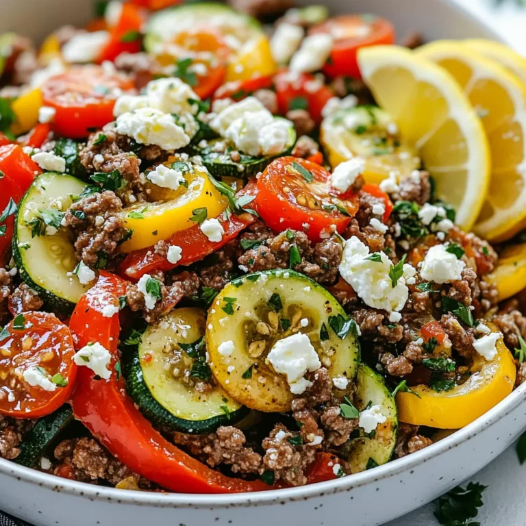 - 1 lb ground beef - 2 tablespoons extra virgin olive oil - 1 medium onion, finely chopped - 3 cloves garlic, minced - 1 red bell pepper, thinly sliced - 1 medium zucchini, thinly sliced - 1 cup cherry tomatoes, halved - 1 teaspoon dried oregano - 1 teaspoon ground cumin - Salt and freshly ground black pepper to taste The main ingredients in this Mediterranean ground beef stir fry create a rich and tasty dish. Ground beef serves as the heart of the meal. It cooks quickly and absorbs all the flavors from the spices and vegetables. Fresh vegetables add crunch and color. The onion and garlic bring a sweet, aromatic base that enhances every bite. - ½ cup feta cheese, crumbled - Fresh parsley, finely chopped for garnish - Lemon wedges for serving Toppings make this dish even better. Feta cheese adds a salty creaminess that pairs well with the beef. Fresh parsley brightens the dish with color and flavor. Lemon wedges give a zesty kick when squeezed over the stir fry. These toppings not only add taste but also make your plate look stunning. - Alternative proteins: ground turkey, chicken, or plant-based options - Vegetable swaps: bell peppers, eggplant, or spinach - Gluten-free options: ensure spices and toppings are gluten-free If you want to switch things up, you can use other proteins. Ground turkey or chicken works well too. For a vegetarian option, try lentils or tofu. You can also change the veggies based on what you have. Eggplant or spinach can add different textures. Remember to check your spices and toppings for gluten if you need a gluten-free meal. {{ingredient_image_2}} To make this Mediterranean Ground Beef Stir Fry, you need about 10 minutes to prep and 25 minutes to cook. This dish serves four people and is quick to whip up. You will need: - A large skillet - A spatula - A cutting board - A sharp knife - Measuring spoons 1. Sautéing the aromatics: Start by heating two tablespoons of extra virgin olive oil in your skillet over medium heat. Once it shimmers, add one finely chopped onion. Cook for about 3-4 minutes until it turns translucent. Then, add three minced garlic cloves and stir for one minute. The smell will be amazing! 2. Cooking the ground beef: Next, crank up the heat to medium-high and add one pound of ground beef. Use your spatula to break the meat into small pieces. Cook it for 5-7 minutes until it browns and is fully cooked. Season it with one teaspoon of dried oregano, one teaspoon of ground cumin, and salt and pepper to taste. Mix well to coat the beef. 3. Adding vegetables and seasoning: Now, introduce one thinly sliced red bell pepper and one thinly sliced zucchini to the skillet. Stir-fry for 4-5 minutes until they are tender yet still crisp. After that, fold in one cup of halved cherry tomatoes. Cook for an additional 2-3 minutes until they warm through and soften a bit. 1. Incorporating feta cheese: Turn off the heat and sprinkle half a cup of crumbled feta cheese over the stir fry. The warm beef and veggies will slightly melt the cheese, making it even more delicious. 2. Garnishing the stir fry: To finish, add freshly chopped parsley on top. This adds a nice pop of color and flavor. 3. Serving suggestions: Serve your stir fry in a large bowl or on a colorful platter. Add lemon wedges on the side for a zesty kick. Enjoy your meal with family or friends! To make your Mediterranean Ground Beef Stir Fry truly shine, proper seasoning is key. Start with salt and pepper. Add them gradually as you cook. This helps build layers of flavor. Use dried oregano and ground cumin for that classic Mediterranean taste. Mix them well into the beef for even seasoning. For the vegetables, cook them just right. You want them tender but still crisp. Sauté the onion and garlic first. Then, add the beef. Once the beef is browned, toss in the bell pepper and zucchini. Cook them for only a few minutes. This keeps them vibrant and full of life. Serving this dish well makes it even more enjoyable. Use a large, colorful bowl or a bright platter. This creates an inviting look. Scatter fresh parsley on top for a pop of green. Arrange lemon wedges around the dish. This adds a cheerful touch and invites your guests to add a zesty kick. You can make this stir fry in advance. Cook it completely and let it cool. Store it in an airtight container in the fridge. It stays fresh for up to three days. For reheating, use a skillet over low heat. Add a splash of water to keep it moist. Stir until it's heated through. Enjoy a quick and tasty meal any day of the week! Pro Tips Quality Meat Matters: Choose high-quality ground beef for a richer flavor. Grass-fed beef often has a more robust taste and healthier fat profile. Vegetable Variations: Feel free to swap out vegetables based on what you have on hand. Spinach, eggplant, or even broccoli can add different textures and flavors to the dish. Seasoning Balance: Adjust spices according to your taste preferences. If you enjoy heat, add a pinch of red pepper flakes or a dash of hot sauce for an extra kick. Serving Suggestions: Serve with a side of couscous or quinoa for a complete meal. The grains will soak up the flavors and add a nice texture. {{image_4}} To make your Mediterranean ground beef stir fry pop, you can adjust the flavor. Here are two simple ways: - Adding heat with spices: If you like it spicy, add red pepper flakes or a pinch of cayenne. Start with a small amount and taste as you go. You can always add more if you want extra heat. - Incorporating Mediterranean herbs: Fresh herbs can lift the dish. Try adding basil, dill, or mint. These herbs give a fresh taste and complement the beef well. Feel free to swap some ingredients to suit your taste or what you have on hand: - Using different vegetables: You can add veggies like spinach, eggplant, or asparagus. The key is to pick colorful options for a vibrant dish. Remember to adjust cooking times for harder vegetables. - Substituting ground beef: If you want a lighter meal, use ground turkey or chicken. For a plant-based option, try lentils or crumbled tempeh. They can provide a similar texture and soak up flavors well. You can easily modify this dish to fit various diets: - Low-carb options: Reduce carbs by skipping the starchy veggies. Instead, focus on leafy greens or cauliflower rice as a base. This keeps the dish light yet satisfying. - Vegetarian variations: To make this meal vegetarian, use canned chickpeas or black beans. They add protein and fiber, making the stir fry hearty and delicious. To store leftovers, let them cool first. Place them in airtight containers. This helps keep the flavors fresh. Use glass or plastic containers with tight lids. Avoid leaving food out for more than two hours. For freezing, make sure the stir fry is cool. Use freezer-safe containers or bags. Remove as much air as possible to prevent freezer burn. Label the bags with the date. To reheat from frozen, let it thaw in the fridge overnight. Heat it in a skillet over medium heat until warm. In the fridge, you can keep leftovers for about 3 to 4 days. After that, they may not taste good. Signs of spoilage include off smells or a change in texture. If you see mold, throw it away right away. Can I use ground turkey instead of beef? Yes, you can use ground turkey. It’s a leaner option. Just adjust the cooking time. Cook it until it is no longer pink. Ground turkey will still soak up those great flavors. How do I make this dish spicier? To spice things up, add red pepper flakes. You can also use a spicy sauce like harissa. Adjust the amount to your taste. Start with a little, then add more if you want extra heat. What vegetables can I add? Feel free to add more vegetables! Spinach, broccoli, or carrots work well. You can mix and match based on what you have. Just make sure to cut them small for even cooking. Can I omit the feta cheese? Yes, you can skip the feta cheese. This dish will still taste great without it. For a creamy touch, try using Greek yogurt instead. It adds a nice tang without the cheese. Where do the Mediterranean flavors come from? Mediterranean flavors come from many countries. They often mix herbs, spices, and fresh ingredients. Olive oil, garlic, and tomatoes are common. Each region adds its own unique twist. What are typical Mediterranean dishes? Typical Mediterranean dishes include hummus, tabbouleh, and moussaka. Grilled meats and fresh salads also shine. The key is fresh ingredients and bold flavors. Enjoying meals with family is just as important. This blog post covered a tasty dish made with ground beef, fresh vegetables, and spices. You can customize it with toppings like feta, herbs, or lemon. I shared tips for cooking steps, presentation, and meal prep. We explored variations, dietary options, and how to store leftovers properly. Remember, cooking is about creativity and fun. Don't hesitate to try new ingredients and flavors. Enjoy your cooking journey!