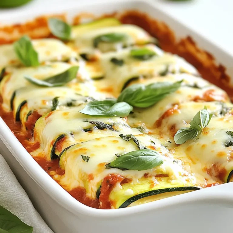 To make Ricotta Zucchini Lasagna Roll-Ups, you need fresh and tasty ingredients. Here’s what you will need: - 3 medium zucchinis, sliced thinly lengthwise - 2 cups ricotta cheese - 1 cup grated mozzarella cheese - 1 cup grated Parmesan cheese - 1 large egg - 2 cups marinara sauce (homemade or store-bought) - 2 cloves garlic, minced - 1 teaspoon dried Italian herbs (a blend of oregano, basil, and thyme) - Salt and pepper to taste - Fresh basil leaves for garnish Each ingredient plays a key role in the dish. Zucchini serves as the base, while ricotta adds creaminess. Mozzarella and Parmesan bring that cheesy goodness. The egg helps bind everything together. Marinara sauce adds rich flavor, and garlic gives it a nice kick. Dried Italian herbs and seasonings round out the taste. Fresh basil adds a bright touch when serving. You can easily find these ingredients at your local store. Choose the freshest zucchini for the best flavor. Quality cheeses make a big difference too. When you gather these items, you set the stage for a delightful meal! {{ingredient_image_2}} 1. Preheat the oven to 375°F (190°C). This helps cook the roll-ups evenly. 2. Slice three medium zucchinis thinly lengthwise. Aim for about 1/8 inch thick. A mandoline slicer works great here. 3. Lightly sprinkle salt on the zucchini slices and let them rest for 10-15 minutes. This draws out moisture. After that, pat them dry with a paper towel. 4. In a medium bowl, mix 2 cups of ricotta cheese, half of the grated mozzarella, half of the grated Parmesan, one large egg, minced garlic, and dried Italian herbs. Add salt and pepper to taste. Blend until smooth. 1. Spread a thin layer of marinara sauce across the bottom of a 9x13 inch baking dish. 2. Take a zucchini slice and place a generous tablespoon of the ricotta mixture at one end. Roll it tightly, tucking in the filling. Place the roll seam-side down in the baking dish. Repeat this until you use all the zucchini and filling. 3. Pour the remaining marinara sauce evenly over the roll-ups. Top with the rest of the mozzarella and Parmesan cheese. 1. Cover the baking dish with aluminum foil to keep the cheese from burning. 2. Bake in the preheated oven for 25 minutes. Then, remove the foil and bake for 15 more minutes. Look for melted, bubbly cheese that is lightly golden. 3. After baking, let the roll-ups rest for 5 minutes. This helps them set. Garnish with fresh basil leaves before serving for added flavor and color. - Salting zucchini for moisture control: Start by slicing the zucchini thin. Use a sharp knife or a mandoline for even cuts. Once sliced, sprinkle salt on the zucchini. Let it sit for 10-15 minutes. This step draws out extra moisture. Afterward, pat the slices dry with a paper towel. This helps keep your roll-ups from getting soggy. - Achieving a smooth ricotta mixture: In a bowl, mix the ricotta cheese, half of the mozzarella, half of the Parmesan, and the egg. Add minced garlic and dried herbs. Use a fork or spatula to blend well. Make sure there are no lumps. A smooth mixture ensures even flavor in every bite. - Pairing with salads or bread: These roll-ups are great with a fresh salad. A simple green salad adds a nice crunch. You can also serve them with garlic bread. The warm, crispy bread complements the cheesy roll-ups perfectly. - Presentation ideas for serving: For a lovely display, use a rustic platter. Arrange the roll-ups neatly and drizzle with extra marinara sauce. Sprinkle fresh herbs on top for a pop of color. This makes the dish even more inviting. - Best tools for slicing: A mandoline slicer is ideal for cutting zucchini. It gives you even, thin slices quickly. If you don’t have one, a sharp chef's knife works well too. - Essential baking dishes: Use a 9x13 inch baking dish for this recipe. It’s the perfect size for all your roll-ups. Make sure it’s deep enough to hold the sauce without spilling. A glass or ceramic dish works best for even cooking. Pro Tips Use a Mandoline Slicer: For perfectly even zucchini slices, a mandoline slicer is your best friend. This ensures consistent thickness, allowing for even cooking and a better presentation. Extract Excess Moisture: Salting the zucchini slices and letting them rest helps draw out excess moisture. This prevents your dish from becoming watery and keeps the flavors concentrated. Customize the Filling: Feel free to add additional ingredients to your ricotta mixture, such as spinach, roasted red peppers, or even a hint of nutmeg for a unique twist on flavor. Rest Before Serving: Allowing the roll-ups to rest for a few minutes after baking helps them set and makes for cleaner slices when serving. This also enhances the flavors as they meld together. {{image_4}} You can swap cheeses for a twist. Vegan cheese works well in this recipe. It melts nicely and adds creaminess. You can also try cottage cheese for a lighter option. If you want more protein, add cooked ground turkey or chicken. You can mix in finely chopped spinach or bell peppers for extra veggies. Spices can elevate your roll-ups. Try adding red pepper flakes for heat. A pinch of smoked paprika adds a nice depth. You can also mix in fresh herbs like parsley or thyme for brightness. For sauces, use pesto instead of marinara for a fresh flavor. You can also drizzle balsamic glaze before serving for a sweet touch. Cold roll-ups make a great salad option. Just chill the filled roll-ups and serve with a light dressing. Baked versions can vary, too. Serve with alfredo sauce for a creamy change. You can even layer the roll-ups with marinara and cheese for a decadent bake. Each style offers a unique taste experience. Keep your ricotta zucchini lasagna roll-ups in the fridge. Place them in an airtight container. They stay fresh for about 3 to 4 days. If you want to keep them longer, freezing is a great option. To reheat, use the oven for the best taste. Preheat it to 350°F (175°C). Cover the roll-ups with foil to keep them moist. Bake for about 15 to 20 minutes. This method avoids sogginess and keeps the cheese melty. You can freeze the roll-ups before or after baking. If freezing before, assemble them and wrap tightly. If baked, let them cool first. Store in a freezer-safe container. When ready to eat, thaw overnight in the fridge for best results. To stop zucchini from being watery, you must extract moisture. Here are my tips: - Slice zucchini thinly. Use a mandoline for best results. - Sprinkle salt on the slices and let them rest for 10-15 minutes. - After resting, pat the slices dry with a paper towel. This method helps keep your roll-ups firm and tasty. Yes, you can prepare these roll-ups in advance. Here’s how: - Make the ricotta filling and roll up the zucchini slices. - Place the roll-ups in a baking dish and cover with foil. - Store in the fridge for up to 24 hours before baking. When you're ready, just pop them in the oven. I love serving these roll-ups with a few sides: - A fresh mixed greens salad adds crunch and color. - Garlic bread pairs well for a comforting meal. - Drizzle extra marinara sauce on top for added flavor. - Garnish with fresh basil for a pop of green. These touches make for a delicious presentation! This post covered everything you need for Ricotta Zucchini Lasagna Roll-Ups. We explored the ingredients, step-by-step preparation, and tips for perfecting your dish. Don’t forget variations and storage options to keep your meal fresh. Enjoy experimenting with flavors and serving styles. With practice, you’ll impress family and friends. Embrace your kitchen adventures with these tasty roll-ups!