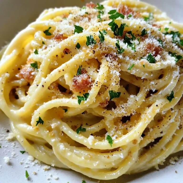- 400g spaghetti - 150g pancetta or guanciale, diced - 2 large eggs - 1 cup heavy cream - 1 cup grated Parmesan cheese (plus extra for serving) - 2 cloves garlic, minced - Salt (to taste) - Freshly ground black pepper (to taste) - Fresh parsley, chopped (for garnish) To create a delicious dish, gather these key ingredients. Spaghetti is the star. For a rich flavor, use pancetta or guanciale. The eggs and cream will make the sauce creamy. Parmesan cheese adds a salty kick. Garlic gives a nice aroma. Use salt and pepper to enhance the taste. Finally, fresh parsley adds color and freshness. - For a vegetarian option, use mushrooms or zucchini instead of pancetta. - Swap heavy cream with coconut cream for a dairy-free choice. - Choose gluten-free pasta if needed. These substitutions help you enjoy carbonara no matter your diet. Whether you avoid meat or gluten, you can still savor this dish. Explore these options to make it your own! {{ingredient_image_2}} To boil spaghetti perfectly, start with a large pot of water. Add a generous amount of salt. Bring the water to a rolling boil. Add the spaghetti and cook it according to the package instructions. Aim for al dente, which means firm but cooked through. Once cooked, it’s vital to reserve one cup of the pasta cooking water before draining. This water helps make the sauce creamy later. For crispy pancetta, heat a large skillet over medium heat. Add the diced pancetta or guanciale. Let it cook for about 3-5 minutes. Stir it occasionally until it's golden brown and crispy. Next, add minced garlic to the skillet. Cook for one more minute until the garlic smells good. Avoid burning it, as burnt garlic can ruin your dish. In a medium bowl, crack two large eggs. Add one cup of heavy cream and one cup of grated Parmesan cheese. Whisk the mixture until smooth. It should look creamy and uniform. Season lightly with salt and black pepper. Be careful with the salt, as the pancetta and cheese add saltiness. Lower the heat on the skillet. Add the drained spaghetti with the crispy pancetta and garlic. Pour the cream mixture over the pasta. Toss the noodles gently to coat them well. If the sauce looks too thick, add some reserved pasta water. Stir it in a little at a time until the sauce reaches your desired creaminess. Remove the skillet from heat right away. Serve the creamy spaghetti carbonara in warm bowls. For a nice touch, sprinkle fresh chopped parsley on top. You can also add more grated Parmesan for extra flavor and a beautiful look. The key to a creamy texture is the right mix of eggs and cream. Use two large eggs for richness. Add one cup of heavy cream to make it even smoother. Whisk them well to blend. This mixture should be thick but pourable. Using pasta water makes a big difference. Reserve one cup of it before draining. This starchy water helps adjust the sauce's thickness. Add it slowly until you reach your desired creaminess. One big mistake is overcooking the spaghetti. Follow the package directions closely. Cook until it’s al dente, not mushy. This keeps the pasta firm and helps it hold the sauce. Another mistake is cooking garlic too long. Sauté it for just a minute. If it burns, it will taste bitter. You want it fragrant, not charred. You need a few essential tools for this recipe. A large pot is needed to boil the spaghetti. A good skillet is key for cooking the pancetta and garlic. Choose one that heats evenly to avoid hot spots. A whisk is also important for mixing the cream and egg. Using quality kitchen tools can make cooking easier. It helps you achieve the best results every time. Pro Tips Use Fresh Ingredients: Using fresh eggs, quality pancetta, and freshly grated Parmesan will elevate the flavor of your carbonara immensely. Control the Heat: Make sure to lower the heat when adding the cream mixture to avoid scrambling the eggs. Gentle heat helps create a creamy sauce. Reserve Pasta Water: Always save some pasta cooking water. It’s perfect for adjusting the consistency of the sauce without watering it down. Garnish Wisely: Fresh parsley adds a pop of color and freshness to your dish. Don’t skip this step for a beautiful presentation! {{image_4}} The classic Roman Carbonara uses only eggs, cheese, and guanciale. You get a rich, creamy sauce from the eggs and cheese alone. This version has a lighter texture and a more authentic taste. In contrast, the creamy version adds heavy cream. This makes the sauce thicker and richer. Many people enjoy this style, especially if they want a comforting meal. It’s easier for some home cooks to master as well. You can make a plant-based Carbonara by swapping out a few key ingredients. Use mushrooms or smoked tofu instead of pancetta. These add a nice umami flavor. For a vegan option, replace the heavy cream and cheese with cashew cream and nutritional yeast. This still gives you that creamy feel but keeps it plant-based. You can also use chickpea pasta to boost protein and fiber. To amp up the flavor of your Carbonara, consider adding extra ingredients. Peas add sweetness and color, making the dish pop. Mushrooms can provide a hearty texture and earthy taste. You might also toss in spinach for some added greens. Each of these ingredients brings its unique flavor, making your dish even more exciting. Don’t be afraid to experiment with herbs like basil or thyme for an extra layer of taste. To keep your creamy spaghetti carbonara fresh, store it in an airtight container. This helps prevent it from drying out. Place it in the fridge within two hours of cooking. Your leftovers will stay good for about three days. When you need to reheat your carbonara, do it gently. Use a skillet on low heat. Add a splash of milk or cream to keep it creamy. Stir often to avoid hot spots. If you see it getting dry, add more liquid. This will help keep the flavor rich and smooth. You can freeze spaghetti carbonara, but it may change texture. To freeze, let it cool completely. Then, place it in a freezer-safe container. Label it with the date. It will last about two months in the freezer. To thaw, move it to the fridge overnight. Reheat gently, adding a little cream or milk as needed. This will help bring back some creaminess. The secret to creamy carbonara lies in the right mix of egg and cream. Use two large eggs and one cup of heavy cream. This blend creates a smooth sauce. The key is to mix them well before adding to the pasta. The heat from the pasta helps make it creamy without scrambling the eggs. Yes, you can use spaghetti! Spaghetti is the classic choice for carbonara. However, you can try fettuccine or bucatini for a twist. Each pasta shape holds the sauce differently, but spaghetti is always a winner. To prevent curdling, keep the heat low when mixing in the sauce. Make sure the pasta is hot but not boiling when you add the egg and cream mix. Stir quickly to combine everything. If it thickens too much, add a little reserved pasta water to loosen it. A light white wine works best with carbonara. Try a Pinot Grigio or a Sauvignon Blanc. These wines balance the richness of the dish. They also enhance the flavors without overpowering them. You can make a low-calorie version by using less cream and more vegetables. Swap heavy cream for a low-fat option or use broth. Reduce the amount of pancetta and add spinach or zucchini for extra flavor without many calories. This post covered everything you need to make a great spaghetti carbonara. We explored essential ingredients and handy substitutions. You learned step-by-step cooking methods, tips for creaminess, and common mistakes to avoid. Variations like vegetarian options add more choices. Finally, we discussed proper storage and reheating techniques to keep your dish fresh. Enjoy making and sharing your creamy carbonara masterpiece! It's a dish that brings comfort and joy to the table.
