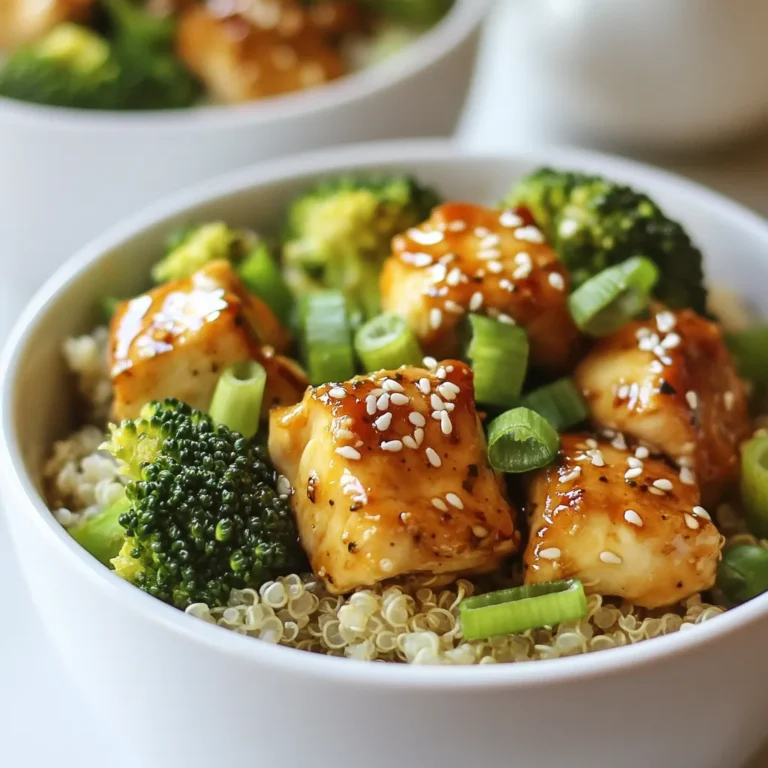 - 2 boneless, skinless chicken breasts, cubed - 2 cups fresh broccoli florets - 1 cup quinoa, rinsed - 2 tablespoons olive oil, divided - 3 cloves garlic, minced - 1 tablespoon fresh ginger, finely grated - 3 tablespoons low-sodium soy sauce - 1 tablespoon honey - 1 teaspoon sesame oil - Salt and pepper to taste - 1 teaspoon sesame seeds, for garnish - 2 green onions, thinly sliced, for garnish - Bell peppers for a pop of color - Carrots for sweetness and crunch - Spinach for extra greens - Crushed peanuts for added texture - Chicken: Packed with protein, it helps build and repair muscles. - Broccoli: Full of vitamins C and K, it supports your immune system and bone health. - Quinoa: A great grain that provides fiber and essential amino acids for energy. - Olive Oil: Contains healthy fats which promote heart health and reduce inflammation. - Garlic: Known for its antioxidant properties, it boosts your immune system. - Ginger: Aids digestion and adds a spicy kick to your meal. - Soy Sauce: Adds flavor while being low in calories. - Honey: A natural sweetener that can help soothe sore throats. - Sesame Oil: Rich in antioxidants, it enhances heart health. - Green Onions: Provide a fresh taste and are low in calories. - Sesame Seeds: High in calcium, they support bone health. These ingredients work together to create a meal that is not just tasty but also full of nutrients. Each bite gives you a boost of energy and health benefits. {{ingredient_image_2}} Start by rinsing 1 cup of quinoa in cold water. This removes any bitterness. Use a fine-mesh sieve for this step. In a medium saucepan, mix the rinsed quinoa with 2 cups of water. Bring this to a boil over high heat. After it boils, reduce the heat to low. Cover the pot and let it simmer for 15 minutes. The water should fully absorb. Then, take it off the heat and let it sit for another 5 minutes. Fluff the quinoa gently with a fork and set it aside. While your quinoa cooks, heat 1 tablespoon of olive oil in a large skillet over medium heat. Add 2 cubed chicken breasts to the skillet. Season the chicken with salt and pepper. Cook the chicken for 5 to 7 minutes. Stir occasionally until it turns golden brown and is cooked through. Once your chicken is nearly done, push it to one side of the skillet. Add another tablespoon of olive oil to the pan. Then, add 3 minced garlic cloves, 1 tablespoon of finely grated ginger, and 2 cups of broccoli florets. Sauté these together for 4 to 5 minutes. Stir often until the broccoli is tender but still bright green. In a small bowl, whisk together 3 tablespoons of low-sodium soy sauce, 1 tablespoon of honey, and 1 teaspoon of sesame oil. Once mixed well, pour this sauce over the chicken and broccoli in the skillet. Stir to coat everything evenly. Let it cook together for an extra 2 minutes so the flavors meld nicely. To assemble your bowls, divide the fluffy quinoa among four serving bowls. Top each bowl generously with the savory chicken and broccoli mixture. Finish the bowls by sprinkling 1 teaspoon of sesame seeds on top. Add sliced green onions for a fresh touch. Serve these bowls hot for a delightful meal! Enjoy the mix of flavors and textures in every bite. The best way to cook chicken for this dish is pan-searing. This method gives you a nice golden crust. Use medium heat and add oil to the pan. Season the chicken with salt and pepper. Cook for 5-7 minutes until it is golden brown and fully cooked. For extra flavor, you can marinate the chicken in soy sauce before cooking. This adds a nice depth to the dish. To cook broccoli so it stays bright green, steam it lightly. Add the florets to boiling water for just 2-3 minutes. Then, transfer them to ice water. This method keeps the color and crunch. If you sauté the broccoli, do it quickly. Add it to the pan when the chicken is almost done. Cook it for 4-5 minutes with garlic and ginger for great taste. You can change the sauce to suit your taste. For a spicy kick, add red pepper flakes. If you like it sweet, use more honey or maple syrup. Add lime juice for a tangy twist. If you want a nutty flavor, mix in some peanut butter. Try different sauces, like teriyaki or hoisin, to keep things exciting. Pro Tips Use Fresh Ingredients: Always opt for fresh broccoli and high-quality chicken to enhance the flavor and nutritional value of your dish. Perfectly Cooked Quinoa: Ensure you rinse the quinoa thoroughly to remove bitterness and let it sit covered after cooking to achieve a fluffy texture. Adjust the Sauce: Feel free to modify the soy sauce and honey ratio based on your taste preference, adding more honey for sweetness or soy sauce for saltiness. Meal Prep Friendly: This dish can be made in advance and stored in the fridge for up to three days. Just reheat before serving! {{image_4}} You can easily make a vegetarian version of this meal. Substitute chicken with firm tofu. Press the tofu to remove excess water, then cube it. Cook the tofu until golden brown, just like the chicken. You can also add more veggies, like bell peppers or carrots, to boost flavor and nutrition. This dish is nearly gluten-free! Just replace low-sodium soy sauce with tamari. Tamari is a gluten-free soy sauce alternative. Ensure that all other ingredients are also gluten-free. This way, you can enjoy your bowls without worry. If you want to switch up proteins, try shrimp or tempeh. Shrimp cooks quickly and adds a nice seafood flavor. If you choose tempeh, slice it thinly and sauté it just like chicken. Both options keep the dish tasty and satisfying while adding variety. After making your Chicken & Broccoli Bowls, let them cool down. Place leftovers in an airtight container. These bowls will stay fresh in the fridge for up to three days. Make sure to separate the chicken, broccoli, and quinoa if possible. This helps keep the texture nice when you reheat them. To reheat your bowls, the microwave is a quick option. Put your bowl in and heat for about 1-2 minutes. Stir halfway through to heat evenly. You can also use a skillet on low heat. Add a little water or oil to keep everything moist. Heat for about 5 minutes, stirring often. This will keep the chicken tender and the broccoli bright. You can freeze your Chicken & Broccoli Bowls too! Just cool them completely first. Use freezer-safe containers or bags. These bowls can last up to three months in the freezer. When you're ready to eat, thaw them overnight in the fridge. Then reheat using the tips above. This way, you can enjoy a healthy meal anytime! Yes, you can use frozen broccoli. It is quick and easy. Just add it to the pan directly. Cook it for a few extra minutes. This way, you still get the crunch and color. The taste remains delicious and nutritious. If you don't have quinoa, use brown rice or couscous. Both options are great. They add texture and flavor. Brown rice gives a nutty taste. Couscous cooks fast and is fluffy. You can also try farro for a different texture. To lower the calories, use less oil and soy sauce. You can also skip the honey. Add more veggies to fill your bowl. This keeps the meal satisfying without extra calories. Yes, meal prepping is a smart choice! Cook everything ahead of time. Store the chicken, broccoli, and quinoa in separate containers. This helps keep them fresh. When you’re ready to eat, just mix and enjoy! This article covered a tasty quinoa bowl recipe. We explored key ingredients and their health benefits. You learned step-by-step cooking tips, from chicken prep to sauce making. We shared variations for different diets and storage tips for leftovers. Remember, cooking can be fun and easy! Feel free to customize these bowls to your taste. Try meal prepping for quick lunches. Enjoy your cooking adventure!