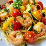 - 8 oz spaghetti or linguine - 2 medium zucchinis - 1 lb large shrimp - 2 cups cherry tomatoes - 3 cloves garlic - 3 tablespoons olive oil - 1 teaspoon red pepper flakes - Salt and pepper - Fresh basil leaves, for garnish - Grated Parmesan cheese (optional) For this Tomato Zucchini Shrimp Pasta, I love using simple, fresh ingredients. The main ones are spaghetti or linguine, which gives a nice base. Zucchini adds a sweet crunch. Large shrimp not only taste great, but they also cook quickly. Next, I add cherry tomatoes that burst with flavor when heated. Garlic brings a lovely aroma and depth. Olive oil is the heart of this dish, helping to combine everything nicely. For a little kick, I use red pepper flakes. Salt and pepper are must-haves for basic seasoning. Finally, fresh basil leaves give a bright touch on top. If you love cheese, sprinkle some grated Parmesan for extra flavor. These ingredients come together to create a delightful, colorful dish. Each bite is a mix of flavors and textures that make dinner exciting. You can easily find these items at any grocery store. {{ingredient_image_2}} To start, fill a large pot with water. Add a generous amount of salt. Bring the water to a rolling boil. This usually takes about 10 minutes. Once boiling, add 8 ounces of spaghetti or linguine. Cook according to package directions until al dente. This means the pasta should be firm but not hard. Before draining, save half a cup of the starchy pasta water. This water helps to make the sauce creamy. Drain the pasta and set it aside. Next, heat 2 tablespoons of olive oil in a large skillet over medium heat. Wait until the oil is hot. Add 1 pound of peeled and deveined shrimp to the skillet. Cook the shrimp for 2 to 3 minutes. Stir occasionally until they turn pink and opaque. This color change shows they are cooked. Season them lightly with salt and pepper. Once done, remove the shrimp from the skillet and place them on a plate. Set them aside for later. In the same skillet, add 1 tablespoon of olive oil. Heat it until hot. Then, add 3 cloves of minced garlic and 1 teaspoon of red pepper flakes. Sauté for about 30 seconds. You want it fragrant but not browned. Next, add the sliced zucchinis and 2 cups of halved cherry tomatoes. Cook these for another 4 to 5 minutes. Stir occasionally until the zucchinis are tender but still bright in color. This keeps the dish fresh and appealing. To make this dish pop, adjust the seasoning to your taste. Start with salt and pepper. You can add more red pepper flakes for heat. A squeeze of lemon juice adds bright notes. Don’t forget the lemon zest! It brings a fresh aroma and flavor. Using reserved pasta water is key. The starchy water helps bind the sauce. If the pasta seems dry, add a little at a time until creamy. Stir well to mix everything. This technique keeps your pasta moist and smooth. For a lovely presentation, plate the pasta in shallow bowls. Drizzle a bit of olive oil on top. A twist of lemon on the side looks great. For extra flavor, sprinkle grated Parmesan cheese. Fresh basil leaves add color and taste. Pro Tips Fresh Ingredients Matter: Use the freshest shrimp and vegetables you can find for the best flavor and texture in your pasta dish. Customize the Heat: Adjust the amount of red pepper flakes to your taste; you can omit them entirely for a milder dish. Perfect Pasta Cooking: Make sure to cook the pasta al dente; it will continue to cook slightly when combined with the hot shrimp and vegetables. Enhance with Herbs: Don't hesitate to experiment with different herbs like parsley or oregano to add even more flavor to your dish. {{image_4}} You can easily swap shrimp for other proteins. Chicken or scallops work great. If you prefer a vegetarian option, try chickpeas or tofu. Just cook them until they are golden. This adds a nice texture to your dish. For pasta, you can use any type you like. Whole wheat or gluten-free pasta are good choices. They will change the flavor and texture slightly but still taste great. Just remember to adjust cooking times based on the pasta type. Adding more veggies can make this dish even better. Consider bell peppers, spinach, or asparagus. They will add color and crunch. You can mix and match based on what you like or have at home. To make this meal vegetarian-friendly, skip the shrimp and load up on extra veggies. You can use zucchini and cherry tomatoes as the base. This option is still tasty and filling. If you like heat, adjust the red pepper flakes. Add a little more for a spicy kick. You can also try using fresh chili peppers. They bring a different flavor and heat level. For herbs, basil is a classic choice. However, you can also use parsley or oregano. Fresh herbs add bright flavors and make your dish look beautiful. Just sprinkle them on top when serving. To keep Tomato Zucchini Shrimp Pasta fresh, store it in an airtight container. Allow the dish to cool to room temperature before sealing. This prevents moisture buildup inside the container. The pasta will last for about 3 days in the fridge. After that, the flavors and texture may change. When you’re ready to enjoy your leftovers, the best method is using a skillet. Heat it over medium-low heat. Add a splash of olive oil or reserved pasta water to keep it moist. Stir gently until warmed through. This way, the pasta stays creamy and the shrimp does not become rubbery. You can also use the microwave, but be careful not to overheat it. Yes, you can freeze this dish! However, it’s best to freeze the pasta and shrimp separately from the vegetables. This helps maintain texture. Place the cooled pasta in a freezer-safe bag or container. Use it within 2 months for the best taste. To reheat, thaw it overnight in the fridge, then use the skillet method for warming. Making Tomato Zucchini Shrimp Pasta takes about 30 minutes. You will spend 10 minutes prepping the ingredients. Cooking the pasta and shrimp takes the remaining 20 minutes. This dish is quick and perfect for busy weeknights. Yes, you can prepare some parts ahead of time. Chop the zucchini and tomatoes. You can also peel and devein the shrimp in advance. Store them in the fridge until you're ready to cook. When you are ready to eat, just follow the cooking steps. This saves time and makes dinner easy! You can use chicken or scallops instead of shrimp. For a vegetarian option, try chickpeas or tofu. Both are great choices and will change the dish's taste. You can also add more veggies like bell peppers or mushrooms for extra flavor. This blog post shows you how to make Tomato Zucchini Shrimp Pasta. We covered the key ingredients, from shrimp to zucchini, and provided easy step-by-step instructions. I shared tips to enhance flavor and texture. You learned about variations and storage options to keep it fresh. Cooking should be enjoyable. With this dish, you can impress family or friends. Try this recipe for a tasty meal that fits your taste and needs. Enjoy your cooking adventure!