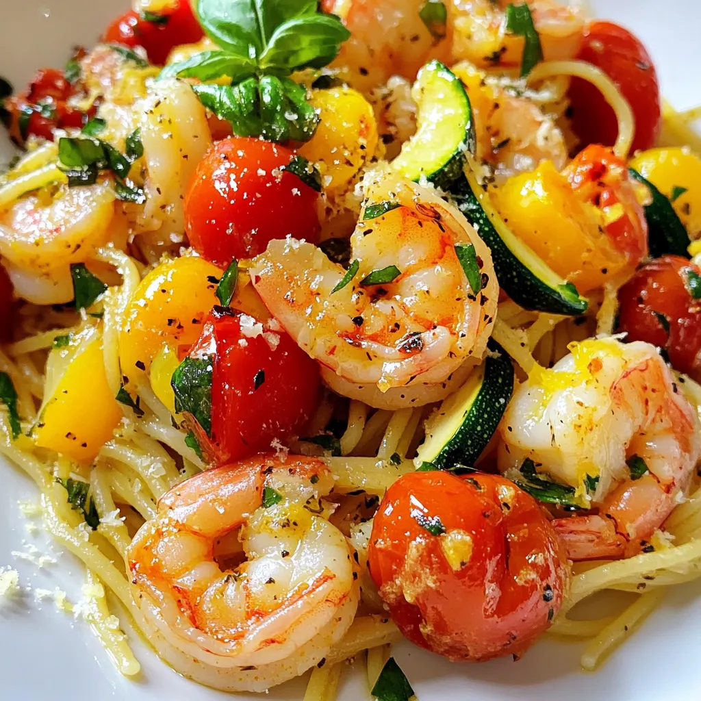 - 8 oz spaghetti or linguine - 2 medium zucchinis - 1 lb large shrimp - 2 cups cherry tomatoes - 3 cloves garlic - 3 tablespoons olive oil - 1 teaspoon red pepper flakes - Salt and pepper - Fresh basil leaves, for garnish - Grated Parmesan cheese (optional) For this Tomato Zucchini Shrimp Pasta, I love using simple, fresh ingredients. The main ones are spaghetti or linguine, which gives a nice base. Zucchini adds a sweet crunch. Large shrimp not only taste great, but they also cook quickly. Next, I add cherry tomatoes that burst with flavor when heated. Garlic brings a lovely aroma and depth. Olive oil is the heart of this dish, helping to combine everything nicely. For a little kick, I use red pepper flakes. Salt and pepper are must-haves for basic seasoning. Finally, fresh basil leaves give a bright touch on top. If you love cheese, sprinkle some grated Parmesan for extra flavor. These ingredients come together to create a delightful, colorful dish. Each bite is a mix of flavors and textures that make dinner exciting. You can easily find these items at any grocery store. {{ingredient_image_2}} To start, fill a large pot with water. Add a generous amount of salt. Bring the water to a rolling boil. This usually takes about 10 minutes. Once boiling, add 8 ounces of spaghetti or linguine. Cook according to package directions until al dente. This means the pasta should be firm but not hard. Before draining, save half a cup of the starchy pasta water. This water helps to make the sauce creamy. Drain the pasta and set it aside. Next, heat 2 tablespoons of olive oil in a large skillet over medium heat. Wait until the oil is hot. Add 1 pound of peeled and deveined shrimp to the skillet. Cook the shrimp for 2 to 3 minutes. Stir occasionally until they turn pink and opaque. This color change shows they are cooked. Season them lightly with salt and pepper. Once done, remove the shrimp from the skillet and place them on a plate. Set them aside for later. In the same skillet, add 1 tablespoon of olive oil. Heat it until hot. Then, add 3 cloves of minced garlic and 1 teaspoon of red pepper flakes. Sauté for about 30 seconds. You want it fragrant but not browned. Next, add the sliced zucchinis and 2 cups of halved cherry tomatoes. Cook these for another 4 to 5 minutes. Stir occasionally until the zucchinis are tender but still bright in color. This keeps the dish fresh and appealing. To make this dish pop, adjust the seasoning to your taste. Start with salt and pepper. You can add more red pepper flakes for heat. A squeeze of lemon juice adds bright notes. Don’t forget the lemon zest! It brings a fresh aroma and flavor. Using reserved pasta water is key. The starchy water helps bind the sauce. If the pasta seems dry, add a little at a time until creamy. Stir well to mix everything. This technique keeps your pasta moist and smooth. For a lovely presentation, plate the pasta in shallow bowls. Drizzle a bit of olive oil on top. A twist of lemon on the side looks great. For extra flavor, sprinkle grated Parmesan cheese. Fresh basil leaves add color and taste. Pro Tips Fresh Ingredients Matter: Use the freshest shrimp and vegetables you can find for the best flavor and texture in your pasta dish. Customize the Heat: Adjust the amount of red pepper flakes to your taste; you can omit them entirely for a milder dish. Perfect Pasta Cooking: Make sure to cook the pasta al dente; it will continue to cook slightly when combined with the hot shrimp and vegetables. Enhance with Herbs: Don't hesitate to experiment with different herbs like parsley or oregano to add even more flavor to your dish. {{image_4}} You can easily swap shrimp for other proteins. Chicken or scallops work great. If you prefer a vegetarian option, try chickpeas or tofu. Just cook them until they are golden. This adds a nice texture to your dish. For pasta, you can use any type you like. Whole wheat or gluten-free pasta are good choices. They will change the flavor and texture slightly but still taste great. Just remember to adjust cooking times based on the pasta type. Adding more veggies can make this dish even better. Consider bell peppers, spinach, or asparagus. They will add color and crunch. You can mix and match based on what you like or have at home. To make this meal vegetarian-friendly, skip the shrimp and load up on extra veggies. You can use zucchini and cherry tomatoes as the base. This option is still tasty and filling. If you like heat, adjust the red pepper flakes. Add a little more for a spicy kick. You can also try using fresh chili peppers. They bring a different flavor and heat level. For herbs, basil is a classic choice. However, you can also use parsley or oregano. Fresh herbs add bright flavors and make your dish look beautiful. Just sprinkle them on top when serving. To keep Tomato Zucchini Shrimp Pasta fresh, store it in an airtight container. Allow the dish to cool to room temperature before sealing. This prevents moisture buildup inside the container. The pasta will last for about 3 days in the fridge. After that, the flavors and texture may change. When you’re ready to enjoy your leftovers, the best method is using a skillet. Heat it over medium-low heat. Add a splash of olive oil or reserved pasta water to keep it moist. Stir gently until warmed through. This way, the pasta stays creamy and the shrimp does not become rubbery. You can also use the microwave, but be careful not to overheat it. Yes, you can freeze this dish! However, it’s best to freeze the pasta and shrimp separately from the vegetables. This helps maintain texture. Place the cooled pasta in a freezer-safe bag or container. Use it within 2 months for the best taste. To reheat, thaw it overnight in the fridge, then use the skillet method for warming. Making Tomato Zucchini Shrimp Pasta takes about 30 minutes. You will spend 10 minutes prepping the ingredients. Cooking the pasta and shrimp takes the remaining 20 minutes. This dish is quick and perfect for busy weeknights. Yes, you can prepare some parts ahead of time. Chop the zucchini and tomatoes. You can also peel and devein the shrimp in advance. Store them in the fridge until you're ready to cook. When you are ready to eat, just follow the cooking steps. This saves time and makes dinner easy! You can use chicken or scallops instead of shrimp. For a vegetarian option, try chickpeas or tofu. Both are great choices and will change the dish's taste. You can also add more veggies like bell peppers or mushrooms for extra flavor. This blog post shows you how to make Tomato Zucchini Shrimp Pasta. We covered the key ingredients, from shrimp to zucchini, and provided easy step-by-step instructions. I shared tips to enhance flavor and texture. You learned about variations and storage options to keep it fresh. Cooking should be enjoyable. With this dish, you can impress family or friends. Try this recipe for a tasty meal that fits your taste and needs. Enjoy your cooking adventure!