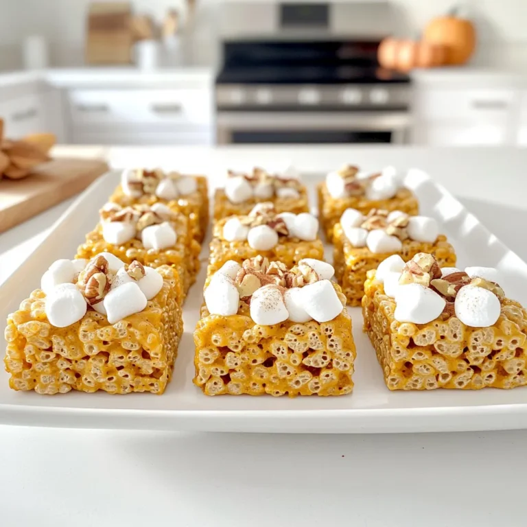 - 4 tablespoons unsalted butter - 1 cup pumpkin puree - 1 teaspoon ground cinnamon - 1/2 teaspoon ground nutmeg - 1/4 teaspoon ground ginger - 1/2 teaspoon vanilla extract - 1/4 teaspoon salt - 10 oz mini marshmallows - 6 cups Rice Krispies cereal - Optional: 1/2 cup chopped pecans or walnuts To start, melt 4 tablespoons of unsalted butter in a medium saucepan over medium heat. Stir the butter often as it melts. Watch closely as it foams and turns a golden brown color. This process takes about 5-7 minutes. Brown butter gives our treats a nice nutty flavor. Once the butter is golden, remove the saucepan from the heat. Add in 1 cup of pumpkin puree, 1 teaspoon of ground cinnamon, 1/2 teaspoon of ground nutmeg, 1/4 teaspoon of ground ginger, 1/2 teaspoon of vanilla extract, and 1/4 teaspoon of salt. Stir until all the ingredients blend into a smooth, creamy mixture. Next, place the saucepan back on low heat. Add 10 ounces of mini marshmallows to the pumpkin mix. Stir constantly until the marshmallows melt and combine well. This step creates a velvety consistency that makes the treats extra special. Now, take the saucepan off the heat. Gradually fold in 6 cups of Rice Krispies cereal. Make sure all the cereal gets coated with the pumpkin mixture. If you want some crunch, mix in 1/2 cup of chopped pecans or walnuts at this stage. Quickly transfer the mixture into a greased 9x13 inch baking dish. Use a spatula or your lightly greased hands to press the mixture evenly into the dish. Let the Rice Krispies treats cool at room temperature for about 30-45 minutes. Once set, cut them into squares or rectangles for serving. To make great brown butter, watch it closely. You want it to turn a nice golden brown. Stir it often to help it cook evenly. The smell will change to a nutty aroma. This step adds a rich flavor to your treats. Be careful not to burn the butter. If it starts to smell bitter, you need to stop cooking it. The perfect brown butter should have a warm, nutty tone. This flavor lifts the whole dish. When you serve your Brown Butter Pumpkin Rice Krispies, make it look special. Use colorful fall-themed napkins for a fun touch. A wooden cutting board can add a rustic feel. For a sweet twist, drizzle melted white chocolate on top. This adds a nice shine and extra flavor. You can also sprinkle some chopped nuts on top for texture. To keep your treats fresh, store them in an airtight container. This helps prevent them from becoming hard. Keep them at room temperature for the best texture. If you have leftovers, try to eat them within a week. If you want to save them, you can freeze the treats. Just wrap them tightly in plastic wrap and place them in a freezer bag. When you're ready to enjoy, let them thaw at room temperature. {{image_4}} You can switch up the flavors in your Brown Butter Pumpkin Rice Krispies treats. Try using almond or hazelnut instead of regular nuts. These will give a nice twist to the taste. You can also add chocolate chips. They melt a bit and mix beautifully with the pumpkin flavor. Just fold them in after the marshmallows melt. This adds a rich, sweet touch. If you want gluten-free treats, use gluten-free Rice Krispies. They work just as well and taste great. For a vegan version, swap the butter for coconut oil. Choose vegan marshmallows too. This way, everyone can enjoy these tasty treats, no matter their diet. Make your treats festive by adding seasonal spices. Try a bit of allspice or cloves for a warm flavor. You can also present them in fun, Halloween shapes. Use cookie cutters for spooky designs. Add edible eyes or sprinkles for a fun look. These twists make the treats perfect for parties or family gatherings! Brown Butter Pumpkin Rice Krispies treats last for about one week. Store them in an airtight container. Keep the treats at room temperature for best taste. If you want to keep them longer, wrap them in plastic wrap before placing them in the container. This extra step keeps them fresh and tasty. Yes, you can freeze these treats. Wrap them tightly in plastic wrap. Then, place them in a freezer bag. They can last up to three months in the freezer. To thaw, take them out and leave them at room temperature for a few hours. You can also microwave them for a few seconds to enjoy them warm. If you do not have pumpkin puree, you can use applesauce. It gives a nice sweetness and moisture. Another option is to use butternut squash puree. It has a similar flavor. You can also try using sweet potato puree for a unique twist. - Brown Butter Treats Variations You can mix things up with different flavors. Try adding a splash of maple syrup or using almond extract instead of vanilla. You can even swap pumpkin for sweet potato or butternut squash for a twist. Each variation brings its own unique flavor to the table. - Other Seasonal Desserts Explore more fall-inspired treats. Think about baking spiced apple crisp or maple pecan pie. These desserts also use warm spices and seasonal ingredients. They make great companions to your Brown Butter Pumpkin Rice Krispies treats. - Visual Step-by-Step Guides Watching someone make these treats can be very helpful. Look for cooking videos that show each step. They often share tips on achieving that perfect brown butter. It's a fun way to learn and get inspired to try the recipe yourself. - Feedback from Those Who Have Tried the Recipe Many people love these treats! They rave about the rich flavor and crispy texture. Users often share their own twists and ideas. Reading their feedback can give you new ways to enjoy your Brown Butter Pumpkin Rice Krispies. Plus, it’s nice to see how others made the recipe their own. We explored the delicious world of Brown Butter Pumpkin Rice Krispies treats. We discussed important ingredients like butter, pumpkin puree, and spices. I shared step-by-step instructions for perfecting your treats and added tips for serving and storage. You learned about tasty variations, dietary modifications, and answers to common questions. Now, it’s your turn to create these tasty treats. Enjoy the fun and flavors they bring to your kitchen!