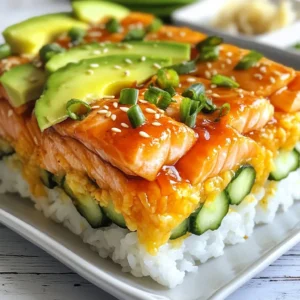 - 2 cups sushi rice - 2 &frac12; cups water - 1 lb fresh salmon, skinless and diced - 1 tablespoon rice vinegar - 1 tablespoon sugar - 1 teaspoon salt - 2 tablespoons sriracha (spiciness can be adjusted) - 2 tablespoons mayonnaise (Kewpie is preferred for creaminess) - 1 tablespoon soy sauce - 1 avocado, sliced for garnish - 1 cucumber, thinly sliced for garnish - &frac12; cup green onions, finely chopped - 1 tablespoon sesame seeds for topping - Nori sheets, cut into squares for serving When I make Spicy Salmon Sushi Bake, I love to use fresh ingredients. The sushi rice is the base of this dish. It gives that soft and sticky feel. Using sushi rice is key for that authentic texture. The salmon is the star here. Fresh, skinless, and diced salmon brings great flavor. I prefer to use sriracha for heat, but you can add less if you want it milder. The mayonnaise adds creaminess and binds the flavors. Kewpie mayo is a great choice for that extra rich taste. Don&rsquo;t skip the garnishes! Avocado and cucumber add freshness. Green onions give a nice crunch. Finally, sesame seeds add a toasted flavor. Wrapping each bite in nori sheets makes it feel like real sushi. This dish is not just tasty; it looks great too! {{ingredient_image_2}} To start, rinse 2 cups of sushi rice under cold water. Keep rinsing until the water runs clear. This step helps remove excess starch. After rinsing, place the rice and 2 &frac12; cups of water in a rice cooker. Cook the rice according to the manufacturer's instructions. Once cooked, cover the rice and let it rest for 10 minutes. This resting time makes the rice fluffy. While the rice is resting, mix the seasoning. In a small bowl, combine 1 tablespoon of rice vinegar, 1 tablespoon of sugar, and 1 teaspoon of salt. Stir until the sugar and salt dissolve completely. Once the rice cools slightly, gently mix the seasoning into it. Be careful not to mash the rice grains. Set the seasoned rice aside to cool further. In a large mixing bowl, combine 1 pound of diced salmon with 2 tablespoons of sriracha, 2 tablespoons of mayonnaise, and 1 tablespoon of soy sauce. Stir well to coat every piece of salmon. This mixture adds a great spicy flavor to the dish. Preheat your oven to 375&deg;F (190&deg;C). Spread the seasoned sushi rice evenly across the bottom of a baking dish. This creates a solid base for the bake. Next, evenly distribute the spicy salmon mixture over the rice. Make sure to cover the rice completely for even cooking. Place the baking dish in the preheated oven. Bake for 15-20 minutes. The dish is ready when the salmon is cooked through and the top has a light golden color. Keep an eye on it to avoid overcooking. Carefully remove the dish from the oven and let it cool slightly. Top the sushi bake with slices of avocado, thinly sliced cucumber, and chopped green onions. Finally, sprinkle 1 tablespoon of sesame seeds on top for added flavor and texture. For serving, cut the sushi bake into squares. You can wrap each piece in nori sheets. This adds an authentic sushi experience. Enjoy warm, and let each bite burst with flavor! To make great sushi rice, start by rinsing it well. Rinse it under cold water until the water is clear. This removes extra starch. After that, cook it in a rice cooker. Use 2 cups of rice and 2 &frac12; cups of water. Let it rest for 10 minutes after cooking. This helps the rice get fluffy and soft. You can change the spiciness of the dish easily. If you want less heat, use less sriracha. Start with 1 tablespoon and taste the mixture. You can add more if you prefer a spicy kick. Mixing sriracha with mayonnaise also helps balance the heat. You can swap some ingredients if needed. If you don&rsquo;t have fresh salmon, try canned salmon. Kewpie mayonnaise adds creaminess, but regular mayo works too. For a lighter flavor, use plain yogurt. You can also switch avocado with mango for a fruity twist. This sushi bake is great for many events. Serve it warm for a cozy family dinner. For parties, cut it into small squares. Let guests wrap each piece in nori sheets. It&rsquo;s fun and interactive! Pair it with a fresh salad or miso soup for a full meal. Pro Tips Soak the Rice: For an even fluffier texture, soak the sushi rice in water for about 30 minutes before cooking. This helps the grains absorb water better and cook more evenly. Adjust the Spice: If you prefer a milder flavor, start with 1 tablespoon of sriracha and gradually increase to your desired spice level. You can also add a touch of honey for a sweet-spicy balance. Use Fresh Ingredients: For the best flavor, always opt for the freshest salmon available. If possible, purchase sushi-grade salmon for a safer and tastier result. Perfect Baking: Keep an eye on your sushi bake towards the end of the cooking time. If you're aiming for a crispy top, you can broil it for the last 2-3 minutes, watching closely to prevent burning. {{image_4}} You can switch out salmon for other proteins. Shrimp or crab work great here. Both bring a fun twist and pair well with the spicy sauce. You might also try tuna for a classic flavor. Just remember to adjust the cooking time. Cook time will vary based on the protein you choose. For a vegan or vegetarian option, use tofu or tempeh. Marinate them in the same sriracha and soy sauce mix. This adds flavor and keeps the dish exciting. You can also use mushrooms for a meaty texture. Just make sure to cook them until tender. You can add more flavor by mixing in herbs or spices. Try adding cilantro or basil for freshness. You could also toss in some diced jalape&ntilde;os for extra heat. If you like crunch, add chopped nuts or seeds. These small changes can really elevate your sushi bake. After enjoying your spicy salmon sushi bake, store any leftovers in an airtight container. Let it cool to room temperature first. This way, the flavors stay fresh. Keep the container in the fridge for up to three days. Make sure to cover individual servings with plastic wrap if you want to save space. Reheating is easy! You can use the oven or microwave. For the oven, preheat it to 350&deg;F (175&deg;C). Place your sushi bake in a baking dish and cover it with foil. Heat for about 10-15 minutes until warm. If using a microwave, put a piece on a microwave-safe plate and heat for 1-2 minutes. Check to avoid overcooking. Want to save some for later? You can freeze the sushi bake! Cut it into squares and wrap each piece in plastic wrap. Place the wrapped pieces into a freezer bag. Squeeze out the air before sealing. This way, it can last for up to three months in the freezer. When ready to eat, thaw it in the fridge overnight before reheating. You can prepare the sushi bake in advance. Cook the sushi rice and make the spicy salmon mix. Layer the rice and salmon in a baking dish. Cover it tightly with plastic wrap. Store it in the fridge for up to a day. When ready to eat, simply bake it as directed. Yes, you can use cooked salmon. Just make sure it is flaked into small pieces. Mix it with sriracha, mayonnaise, and soy sauce. This will give it a nice flavor. The bake will still be delicious. Pair this sushi bake with fresh salads. A simple cucumber salad works well. You can also serve it with miso soup for warmth. Edamame is another great option. These sides balance the rich flavor of the bake. Check the sushi bake after 15 minutes in the oven. The salmon should be opaque and flaky. The top should have a light golden color. If it looks undercooked, bake it a few more minutes. The sushi bake can be gluten-free. Use gluten-free soy sauce to keep it safe. The other ingredients, like rice and salmon, are naturally gluten-free. Always check labels to be sure. This blog post explored how to make a Spicy Salmon Sushi Bake. We looked at the key ingredients, seasoning, and garnishes. Then, I shared step-by-step instructions for preparing sushi rice, making the spicy mixture, and baking the dish. I also offered tips for perfecting the recipe and variations for dietary needs. Finally, I covered storage tips and answered your FAQs. Enjoy making this dish. It&rsquo;s fun, easy, and sure to impress! Dive into this recipe today.