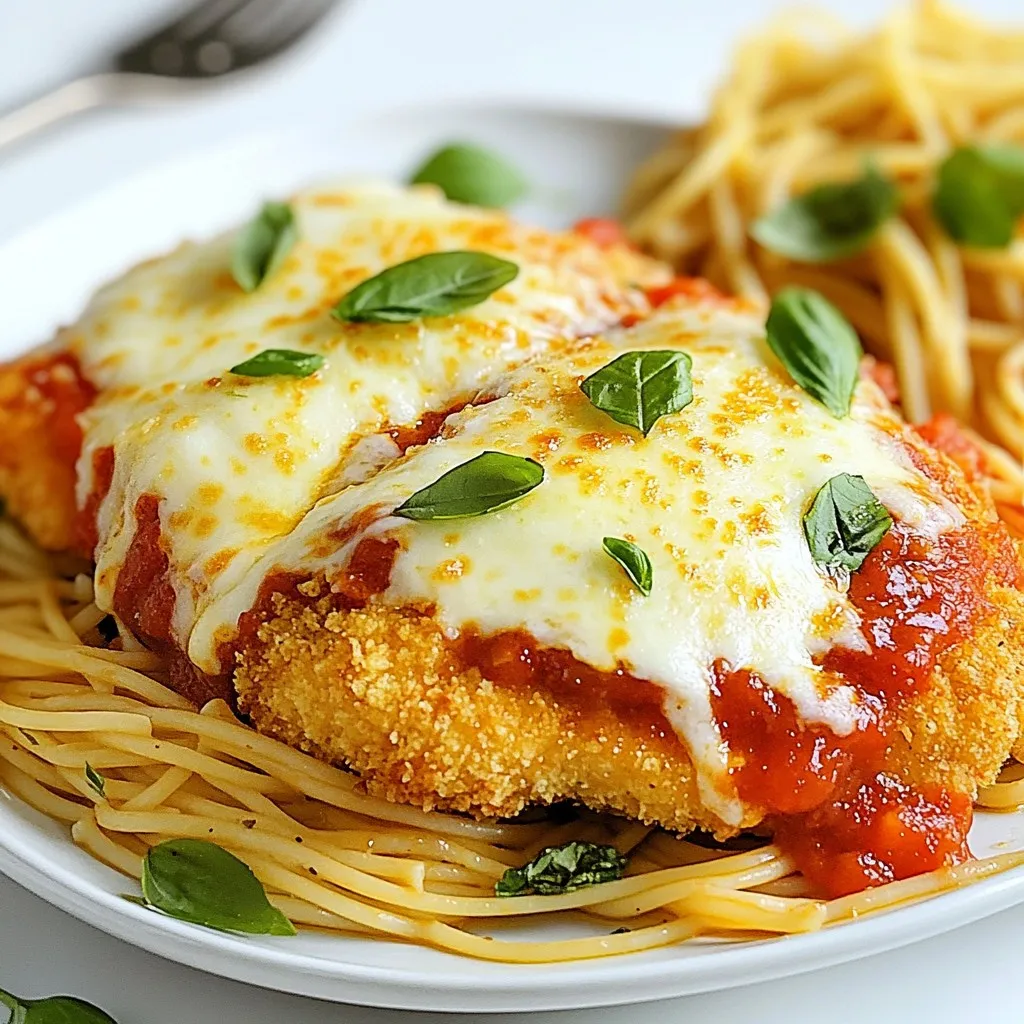 - 2 boneless, skinless chicken breasts - 1 cup all-purpose flour - 2 large eggs, beaten - 1 cup panko breadcrumbs - 1 teaspoon dried Italian seasoning - ½ cup freshly grated Parmesan cheese - 1 cup marinara sauce - 1 cup shredded mozzarella cheese - Salt and freshly ground black pepper - Olive oil for frying - Fresh basil leaves for garnish - Garlic powder for a hint of flavor - Red pepper flakes for some heat - Fresh parsley for extra color - Lemon zest for a fresh twist - Three shallow dishes for the breading process - A large skillet for frying - A baking dish for the oven - A meat mallet to pound the chicken - A sharp knife for slicing and serving - Paper towels for patting the chicken dry When you gather these ingredients and tools, you set yourself up for success. Each item plays a role in making your Chicken Parmesan crispy, cheesy, and full of flavor. Don't skip the optional ingredients; they can take your dish to the next level! {{ingredient_image_2}} Start by gathering your chicken breasts. Use two boneless, skinless breasts for the best results. Pat the chicken dry with paper towels. This keeps the breading from getting soggy. Season both sides of the chicken with salt and freshly ground black pepper. This step adds flavor to the meat. Next, set up your breading station. You need three shallow dishes for this. - In the first dish, mix 1 cup of all-purpose flour with a pinch of salt and pepper. - In the second dish, beat 2 large eggs until they are smooth. - In the third dish, combine 1 cup of panko breadcrumbs, 1 teaspoon of dried Italian seasoning, and ½ cup of freshly grated Parmesan cheese. Now, take each chicken breast. First, coat it in the flour mixture. Shake off any extra flour. Then, dip it into the beaten eggs. Let the excess egg drip off. Finally, coat the chicken with the breadcrumb mix. Press down gently to make sure it sticks well. Heat olive oil in a large skillet over medium heat. You want enough oil to cover the bottom. Once the oil is hot and shimmering, carefully add the breaded chicken. Fry each piece for about 4-5 minutes on each side. Look for a golden brown color. After frying, place the chicken in a baking dish. Spoon marinara sauce over each piece, covering them well. Sprinkle shredded mozzarella cheese on top. Make sure to use enough cheese to cover each chicken breast. Now, bake the dish in a preheated oven at 375°F (190°C) for 15-20 minutes. The cheese should melt and bubble. It should also turn a lovely golden brown. After baking, let the dish sit for a few minutes. This helps the cheese set. Garnish with fresh basil leaves for the final touch. Enjoy your Chicken Parmesan! To make your Chicken Parmesan extra crispy, follow these steps: - Use panko breadcrumbs. They create a light and crunchy texture. - Add Italian seasoning to the breadcrumbs. This boosts flavor and crunch. - Double-bread the chicken. Coat it twice for a thicker, crispier layer. - Fry in hot oil. Make sure the oil shimmers before adding chicken. These tips help you get that perfect crunch with every bite. Here are some mistakes to watch out for when making Chicken Parmesan: - Skipping the drying step. Always pat the chicken dry first. This helps the breading stick better. - Not seasoning enough. A pinch of salt and pepper on the chicken makes a big difference. - Overcrowding the pan. Fry in batches to keep the oil hot and achieve even cooking. - Forgetting to let the cheese melt. Bake long enough for a bubbly, golden topping. Avoiding these pitfalls will lead to a more delicious dish. To serve Classic Chicken Parmesan, consider these ideas: - Pair it with spaghetti. Toss the pasta in olive oil and garlic for a tasty side. - Add a fresh salad. A simple green salad with vinaigrette complements the dish well. - Garnish with fresh basil. This adds color and a burst of flavor. - Serve with crusty bread. It’s perfect for soaking up extra sauce. These serving suggestions enhance the meal and make it even more enjoyable. Pro Tips Use Fresh Ingredients: Always opt for fresh herbs and quality cheese to elevate the flavor of your Chicken Parmesan. Double Fry for Extra Crispiness: For an extra crunchy coating, fry the chicken twice, allowing it to rest for a few minutes between fryings. Let It Rest: After baking, let the Chicken Parmesan sit for a few minutes before serving. This helps the cheese to set and makes slicing easier. Experiment with Sauces: Feel free to switch up the marinara sauce with a white sauce or pesto for a unique twist on the classic Chicken Parmesan. {{image_4}} To make gluten-free chicken Parmesan, you can swap the flour and panko. Use gluten-free flour and gluten-free breadcrumbs. These options will still give you that crispy texture. When frying, be careful to avoid cross-contamination. You want to keep everything gluten-free. This way, everyone can enjoy a tasty meal! You can change up the cheeses in your chicken Parmesan. Try using provolone or gouda for a new flavor. Mixing mozzarella with a bit of feta adds a nice salty touch. Feel free to experiment! Each cheese brings its own taste and texture. You might find a new favorite combo. Adding vegetables can make your chicken Parmesan even better. You can roast zucchini, bell peppers, or spinach and place them on the side. This not only boosts flavor but also adds color to your plate. A side of spaghetti tossed in olive oil and garlic complements the dish well. You can also serve it with a fresh salad for extra crunch. These additions make your meal balanced and delicious! To store leftover Chicken Parmesan, first let it cool. Place it in an airtight container. Make sure to cover the top tightly. You can keep it in the fridge for up to three days. If you want to store it longer, freezing is a great option. When you reheat Chicken Parmesan, aim to keep it crispy. Preheat your oven to 350°F (175°C). Place the chicken on a baking sheet. Cover it lightly with foil to prevent drying. Bake for about 15-20 minutes. Check that it's heated through before serving. This method helps the cheese stay gooey while keeping the coating crispy. Freezing Chicken Parmesan is easy. First, let it cool completely. Wrap each piece tightly in plastic wrap. Then, place the wrapped pieces in a freezer bag or container. Label it with the date. You can freeze it for up to three months. When ready to eat, thaw it in the fridge overnight before reheating. Enjoy your meal without the fuss! You can use regular breadcrumbs if you need to. They work well, but they might not be as crispy. You can also use crushed cornflakes for a fun crunch. For gluten-free options, try ground almonds or gluten-free breadcrumbs. Each choice gives a unique texture and flavor to your Chicken Parmesan. Yes, you can prepare Chicken Parmesan ahead of time. You can bread the chicken and fry it, then store it in the fridge. When you're ready to eat, just add the marinara and cheese, then bake it. This method saves time and keeps the flavors fresh. A classic side dish is spaghetti. Toss it in olive oil and garlic for a simple, tasty pairing. You can also serve a fresh salad with greens and a light dressing. Garlic bread is another great option. It adds a nice crunch and flavor to your meal. You learned how to make Chicken Parmesan from scratch. We covered key ingredients, cooking steps, and tips for the best results. You now know how to elevate the dish with options like gluten-free breading or adding veggies. Remember to store your leftovers properly and reheat them for tasty meals later. With these tools and techniques, you can create a delicious Chicken Parmesan that impresses everyone. Enjoy your cooking journey!