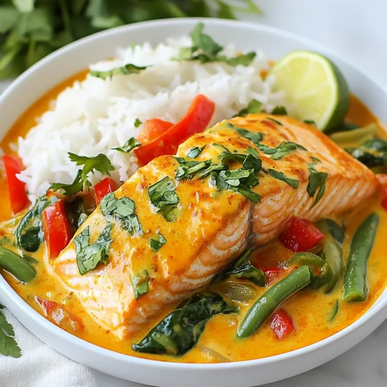 - 2 salmon fillets, skinless and boneless - 1 can (400ml) coconut milk - 2 tablespoons red curry paste - 1 tablespoon fish sauce - 1 tablespoon brown sugar - 1 cup vegetable broth The main ingredients create a rich, creamy dish. The salmon brings protein and healthy fats. Coconut milk adds creaminess while balancing the spices. The red curry paste provides warmth and flavor. Fish sauce offers a touch of umami. Brown sugar sweetens the dish, enhancing the flavors. Vegetable broth pulls it all together, creating a satisfying sauce. - 1 red bell pepper, sliced into thin strips - 1 cup green beans, trimmed and cut into 2-inch pieces - 1 cup fresh baby spinach - Fresh basil and cilantro leaves for garnish Adding vegetables makes the curry colorful and healthy. Red bell peppers add sweetness and crunch. Green beans give a nice texture. Baby spinach wilts down and adds nutrients. Fresh basil and cilantro bring freshness and aroma to the dish. These garnishes make your meal visually appealing and flavorful. - Cooked jasmine rice - Optional lime wedges Serving Thai Salmon Coconut Curry over jasmine rice is a must. The rice soaks up the flavorful sauce. It makes the meal filling and satisfying. You can also add lime wedges on the side. A squeeze of lime brightens the dish and adds a fresh kick. {{ingredient_image_2}} 1. Warm a drizzle of oil in a medium saucepan over medium heat. 2. Add 2 tablespoons of red curry paste. Sauté for about 1 minute. It should smell fragrant. 3. Gradually pour in 1 can of coconut milk and 1 cup of vegetable broth. Stir until smooth. 4. Let the mixture come to a gentle simmer. 1. Add 1 tablespoon of fish sauce and 1 tablespoon of brown sugar. Stir well until the sugar dissolves. 2. Once simmering, add the sliced red bell pepper and green beans. Cook for about 5 minutes. 3. Stir occasionally, and watch for the veggies to soften. 1. Carefully place 2 salmon fillets into the curry. Make sure they are submerged in the sauce. 2. Cook for 5 to 7 minutes. The salmon is ready when it flakes easily with a fork. 1. Fold in 1 cup of fresh baby spinach. Cook until the leaves are just wilted, about 1-2 minutes. 2. Remove the saucepan from heat. Stir in 2 tablespoons of fresh lime juice to brighten the flavors. 3. Serve over cooked jasmine rice. Garnish with fresh basil and cilantro leaves for a lovely touch. To make your curry just right, you can change the spice level. If you like it hot, add more red curry paste. For a milder dish, use less. Taste your curry as you cook. Adjust sweetness with brown sugar and saltiness with fish sauce. Small tweaks can make a big difference. To ensure the salmon cooks evenly, place it gently in the curry. Let it soak in the flavors. Cook it until it flakes easily, usually 5-7 minutes. Fresh ingredients are best for taste. Canned veggies can work, but fresh ones add more crunch and color. For a great look, serve in shallow bowls. This shows off the bright colors of your curry and veggies. Add jasmine rice on the side for a nice contrast. Use fresh basil and cilantro as garnishes. A lime wedge adds a pop of color and flavor. Pro Tips Fresh Ingredients: Use fresh herbs and vegetables for the best flavor in your curry. Fresh basil and cilantro will add a vibrant taste and aroma that dried herbs cannot replicate. Control the Heat: Adjust the amount of red curry paste according to your spice preference. Start with less and add more if you like it spicier! Perfectly Cooked Salmon: Keep an eye on the salmon while it cooks. Overcooking can lead to dry fish. It should flake easily when done, around 5-7 minutes in the curry. Balance the Flavors: Taste the curry before serving and adjust seasoning with more lime juice or sugar to balance the flavors to your liking. A little tweak can elevate the dish! {{image_4}} You can swap salmon for shrimp or chicken. Shrimp cooks fast and adds a nice bite. Chicken gives a hearty flavor. Both options work well with the curry sauce. For a vegan twist, use tofu. Firm tofu holds its shape in the curry. Just cut it into cubes and add it when cooking the vegetables. This change keeps the dish creamy and rich. Feel free to add your favorite veggies. Seasonal choices like zucchini or carrots can brighten the dish. They add texture and flavor. You can also use frozen vegetables if fresh ones are not available. Frozen veggies are quick and easy. Just add them when you add the salmon, and they will cook perfectly. Want to boost the taste? Try adding lemongrass. It adds a fresh, citrusy note. You can also use ginger for warmth and spice. For those who enjoy some heat, add sliced chilies. They bring a kick that balances the curry's creaminess. Adjust the amount to fit your taste. To keep your Thai salmon coconut curry fresh, store it in an airtight container. Glass or plastic containers work well. Let the curry cool to room temperature first. Then, seal the container tightly and place it in the fridge. It will stay good for about three days. Make sure to label it with the date! If you want to save the curry for later, freezing is a great option. Pour the cooled curry into freezer-safe bags or containers. Remove as much air as possible before sealing. This helps prevent freezer burn. You can freeze it for up to three months. When you're ready to eat it, thaw it in the fridge overnight. Reheat it gently on the stove or in the microwave. Stir well to make sure it heats evenly. In the fridge, your curry lasts about three days. In the freezer, it can last up to three months. Always check for signs of spoilage. If it smells off or has a strange color, toss it out. Keeping track of dates helps you enjoy your curry at its best! You can serve this dish with a few tasty sides: - Cooked jasmine rice - Steamed broccoli - Crispy spring rolls - Fresh cucumber salad - Thai-style noodles Each of these pairs well with the rich curry. The rice soaks up the sauce nicely. The spring rolls add a fun crunch. To add heat, try these tips: - Add more red curry paste. - Toss in some sliced fresh chilies. - Use a spicy fish sauce. - Serve with chili flakes on the side. Start small and taste as you go. You can always add more spice! Yes, you can use light coconut milk. The curry will have a lighter texture. It may taste less rich but still delicious. You can boost flavor by adding more curry paste or using extra veggies. Yes, this recipe is gluten-free. The main ingredients do not contain gluten: - Coconut milk - Fresh vegetables - Salmon Just ensure that your fish sauce is gluten-free. Many brands offer gluten-free options. Always check the labels for safety. Thai Salmon Coconut Curry blends rich flavors with fresh ingredients. You learned the main ingredients, from salmon and coconut milk to red curry paste and fresh veggies. The step-by-step guide simplifies the cooking process, ensuring a delicious dish every time. You now have tips to adjust flavors and present your meal beautifully. Try variations like using shrimp or tofu for a fresh twist. Remember to store leftovers properly for later enjoyment. Experiment and make this recipe your own, and enjoy a taste of Thailand at home.