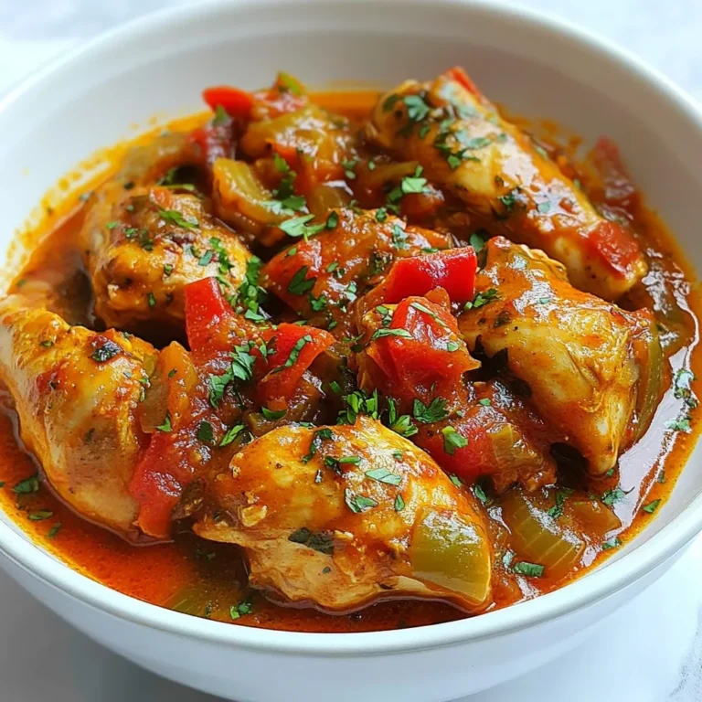 - 1.5 lbs chicken, cut into bite-sized pieces - 4 large ripe tomatoes, blended until smooth - 1 red bell pepper, blended until smooth - 1 green bell pepper, blended until smooth - 1 medium onion, finely chopped - 3 cloves garlic, minced - 1-inch piece of fresh ginger, grated - 2 scotch bonnet peppers, finely chopped - 1 cup chicken broth (preferably low-sodium) - 1/4 cup vegetable oil (or palm oil for authentic flavor) - 2 teaspoons ground cumin - 2 teaspoons paprika (smoked paprika for depth of flavor) - 1 teaspoon dried thyme - 1 bay leaf - Salt and freshly ground black pepper, to taste - Fresh parsley or cilantro, chopped, for garnish This stew shines with its main ingredients. They create a rich base full of flavor. The chicken gives protein, while the tomatoes and peppers add freshness and brightness. If you want more flavor, try smoked paprika or ground cumin. These spices will lift the dish higher. Don't forget fresh herbs for garnish. They add a lovely touch and color. {{ingredient_image_2}} Start by heating 1/4 cup of vegetable oil in a large pot. Use medium heat until it shimmers. Add 1 medium onion, finely chopped. Sauté the onion for about 5 minutes. You want it soft and clear. Next, add 3 minced garlic cloves, 1-inch of grated ginger, and 2 finely chopped scotch bonnet peppers. Stir this mix for 1-2 minutes. It should smell amazing! Now, blend 4 large ripe tomatoes and 1 red and 1 green bell pepper until smooth. Pour this blend into the pot. Cook for 10-15 minutes, stirring often. This thickens your sauce and deepens the taste. It's time to season your sauce! Add 2 teaspoons of ground cumin, 2 teaspoons of paprika, 1 teaspoon of dried thyme, salt, and black pepper to taste. Toss in 1 bay leaf for flavor. Now, add 1.5 lbs of chicken, cut into bite-sized pieces. Make sure each piece is covered in the sauce. Pour in 1 cup of chicken broth and stir gently. Bring the stew to a gentle simmer. Cover the pot and lower the heat. Let it cook for 30-40 minutes. Stir occasionally to prevent sticking. Your chicken should be cooked and tender. After cooking, taste your stew. Adjust seasoning as needed. If you want more heat, add more chopped scotch bonnet. Remove the bay leaf before serving. Ladle the hot stew into deep bowls. Garnish with chopped parsley or cilantro for a fresh touch. Serve with jollof rice or steamed rice. Fried plantains make a great side too. Enjoy every spicy bite! To make your stew spicier, add more scotch bonnet peppers. These peppers pack a punch! Start with one and taste as you go. You can also add chili powder or cayenne pepper for extra heat. If you need to tone it down, add more tomatoes or a bit of cream. This balances the heat and keeps it tasty. Use fresh ingredients for the best flavor. Always brown the onions first; it builds a rich base. Cook the chicken until it’s tender and juicy. Stir the pot gently to avoid breaking up the chicken. Simmering on low heat helps the flavors blend well. Keep an eye on it to prevent burning at the bottom. Serve your stew in deep bowls for a cozy feel. Garnish with fresh parsley or cilantro for a pop of color. Pair it with jollof rice or steamed rice. This soaks up the sauce and adds texture. Fried plantains on the side make a delightful addition too. It looks great and tastes even better! Pro Tips Adjust the Heat: If you're unsure about the spice level, start with one scotch bonnet pepper and taste the stew as it cooks. You can always add more at the end for extra heat. Marinate the Chicken: For deeper flavor, marinate the chicken pieces in a mix of spices (cumin, paprika, salt, and pepper) for at least 30 minutes before cooking. Use Fresh Ingredients: Opt for fresh tomatoes and peppers instead of canned for a richer and more vibrant flavor in your stew. Serve with Sides: Enhance your meal by serving the stew with traditional sides like jollof rice, steamed rice, or fried plantains for a complete dining experience. {{image_4}} You can swap chicken for other meats. Try turkey or beef for a twist. If you want seafood, shrimp works well too. Just adjust the cooking time. Fish cooks faster, so add it later in the stew. For a vegetarian option, use chickpeas or lentils. They add protein and texture. A mix of mushrooms can give a meaty feel. You can also add more veggies like carrots and zucchini for extra flavor. If you have allergies, here are some swaps. Use olive oil instead of vegetable oil. For a gluten-free option, check your broth. You can also skip the bay leaf if needed. Always taste as you go to ensure the flavors work for you. After enjoying your spicy Nigerian chicken stew, let it cool down. Transfer the stew to an airtight container. This helps keep the flavors fresh. Store it in the fridge. It lasts for about 3 to 4 days. Make sure to label the container with the date. This way, you know when to eat it. When you're ready to eat the leftovers, grab a pot. Pour the stew inside and heat it over low to medium heat. Stir it often to avoid burning. You can also reheat it in the microwave. Use a microwave-safe bowl and cover it loosely. Heat in short bursts, stirring in between. Make sure it’s hot all the way through. If you want to save your stew for longer, freezing works well. Let it cool completely before freezing. Use freezer-safe containers or bags. Divide the stew into portions, so you can thaw just what you need. It can last up to 3 months in the freezer. When ready to eat, thaw it overnight in the fridge. Then reheat as mentioned above. Enjoy your delicious stew anytime! Yes, you can use other peppers. If you like milder heat, try jalapeños or poblano peppers. For more spice, you can use habaneros. Each pepper brings its own flavor. Feel free to mix and match to suit your taste. Just remember to adjust the amount to keep the heat level you prefer. Spicy Nigerian Chicken Stew lasts about 3 to 4 days in the fridge. Store it in an airtight container to keep it fresh. Let it cool completely before putting it away. If you want to enjoy it later, you can freeze it. Just make sure to label the container with the date. This stew pairs great with jollof rice or steamed rice. These sides soak up the rich sauce well. Fried plantains add a sweet touch that balances the heat. You can also serve it with a fresh salad or crusty bread to complete the meal. Spicy Nigerian chicken stew is a vibrant dish full of flavor. We discussed key ingredients, detailed steps for cooking, and ways to adjust spiciness. You learned how to store leftovers and how to personalize the recipe. Embrace the variations to suit your tastes or needs. Remember, cooking should be fun and creative! Enjoy making this dish, sharing it with friends and family, and savoring the rich flavors.