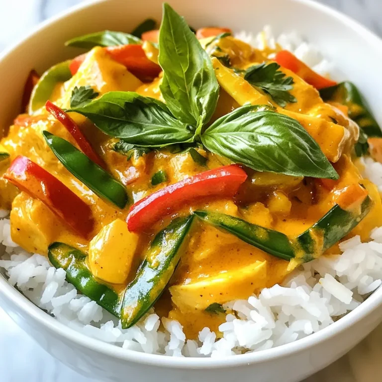 To make a delicious Easy Thai Red Curry, gather these key items: - 1 tablespoon coconut oil - 1 medium onion, thinly sliced - 2 cloves garlic, minced - 1 inch piece of ginger, finely grated - 1 red bell pepper, cut into strips - 1 cup bamboo shoots, drained and rinsed - 1 can (14 ounces) coconut milk - 3 tablespoons Thai red curry paste - 1 tablespoon brown sugar - 2 tablespoons soy sauce - 1 cup snap peas, trimmed - 1 cup fresh spinach, rinsed - Fresh basil leaves, for garnish - Cooked jasmine rice, for serving These ingredients provide a lovely mix of flavors and textures. The coconut milk adds creaminess, while the red curry paste gives it a nice kick. You can enhance your curry with these optional ingredients: - Lime juice for brightness - Chopped cilantro for freshness - Red chili for extra heat - Peanuts for a crunchy texture These extras can take your dish to the next level. A squeeze of lime juice can brighten the flavors. Cilantro adds a fresh touch that complements the spices well. If you can’t find an ingredient, don’t worry! Here are some easy swaps: - Use olive oil instead of coconut oil. - Swap red bell pepper for yellow or green. - Try other veggies, like zucchini or carrots. - Use vegetable broth if you need a lighter base. These substitutions keep your dish tasty without losing its essence. Feel free to mix and match based on what you have at home! {{ingredient_image_2}} Start by heating coconut oil in a large skillet or wok over medium heat. You want the oil to shimmer. Next, add the thinly sliced onion. Sauté it for 3-4 minutes. Stir it occasionally until it turns translucent. This step builds a strong flavor base. After the onion, add minced garlic and grated ginger. Stir for one minute until you smell their aroma. This adds depth to our dish. Now, add the red bell pepper strips and bamboo shoots to the skillet. Cook these for an additional 2-3 minutes. You want the bell pepper to soften a bit. Then, pour in the can of coconut milk. This makes the curry creamy and rich. Stir in the red curry paste, brown sugar, and soy sauce. Mix well so all ingredients blend together. You want the curry paste fully dissolved. Increase the heat slightly and bring the mixture to a gentle simmer. Once it starts simmering, add the snap peas and fresh spinach. Cook for another 4-5 minutes. The snap peas should be tender-crisp, and the spinach should wilt nicely. Taste the curry and adjust the seasoning if needed. You can add a pinch of salt or more sugar. Finally, remove the skillet from heat. Garnish with fresh basil leaves before serving. Enjoy your delicious curry over fluffy jasmine rice! To get the best Thai taste, use fresh ingredients. Fresh veggies, herbs, and spices make a big difference. Always choose good quality coconut milk. It should be creamy and rich. When you pick red curry paste, look for brands that are made in Thailand. They tend to have a better flavor. Adding a touch of brown sugar helps balance the heat and adds depth. Use fresh basil leaves as a garnish. They give a lovely aroma and taste. One common mistake is not cooking the onion long enough. You want it soft and sweet. If you skip the garlic and ginger, your dish will lack flavor. Another mistake is adding too much water. This can dilute the rich taste of the curry. Don't forget to taste the curry. This way, you can adjust flavors before serving. Lastly, avoid overcooking the snap peas. They should be tender-crisp for the best texture. To adjust spice levels, start with less red curry paste. You can always add more later. If your curry becomes too spicy, add more coconut milk. This will help cool it down. A spoonful of brown sugar can also reduce heat. For those who love heat, try adding sliced fresh chili peppers. They give a nice kick without overpowering the dish. Enjoy finding your perfect spice balance! Pro Tips Fresh Ingredients: Use fresh vegetables and herbs for the best flavor and texture in your curry. Adjusting Spice Level: Feel free to add more or less red curry paste based on your heat preference. Protein Additions: For added protein, consider incorporating tofu, chicken, or shrimp into the curry. Storage Tips: Leftover curry can be stored in an airtight container in the fridge for up to three days; reheat gently. {{image_4}} You can easily make this red curry vegan or vegetarian. Use tofu instead of meat. Firm tofu absorbs the curry flavor well. You can also add more veggies like carrots or eggplant. These add texture and taste. For a plant-based protein boost, try chickpeas or lentils. They blend well with the dish. If you want to add protein, chicken is a great choice. Use boneless, skinless chicken thighs or breasts. Cut them into bite-sized pieces before cooking. For a seafood twist, add shrimp. Just toss them in during the last few minutes of cooking. Tofu is perfect for a meatless meal. Press and cube it, then add it early to soak up all the flavors. To make this dish healthier, swap the coconut milk for light coconut milk. This reduces fat but keeps creaminess. You can also add extra greens like kale or Swiss chard. Both pack nutrients and taste great. If you want less sugar, cut back on brown sugar or use a natural sweetener like maple syrup. These changes keep your meal tasty and healthy. After you enjoy your Easy Thai Red Curry, store any leftovers in an airtight container. Let the curry cool to room temperature first. This step helps keep it fresh. Place the container in the fridge. It will stay good for about 3 to 4 days. When you’re ready to eat, a quick reheating will bring it back to life. If you want to keep your curry longer, freezing is a great option. First, let the curry cool down completely. Then, pour it into a freezer-safe container. Leave some space at the top for expansion. Seal the container tightly. Your Easy Thai Red Curry will last up to 3 months in the freezer. When you're ready to enjoy it, just thaw it in the fridge overnight. To reheat your curry, you have a couple of great options. You can use the microwave or the stovetop. - Microwave: Place your curry in a microwave-safe bowl. Cover it with a lid or microwave-safe wrap. Heat on high for 1-2 minutes. Stir halfway through to ensure even heating. - Stovetop: Pour the curry into a small pot. Heat over medium-low heat. Stir occasionally until hot. This method helps keep the flavors intact. Remember, don’t let it boil! This way, you keep your Easy Thai Red Curry tasty and fresh. Thai red curry is a mix of rich flavors. It uses coconut milk, which gives it a creamy base. The main ingredients include onion, garlic, ginger, and red bell pepper. You also need bamboo shoots and snap peas for crunch. The key flavor comes from red curry paste, which has spices and herbs. I add brown sugar and soy sauce for balance. Fresh spinach and basil add color and taste. This mix makes a warm and tasty dish. Yes, you can make Thai red curry without coconut milk. If you want a lighter version, use vegetable broth instead. You can also try almond milk or cashew cream for a nutty flavor. These options will change the texture and taste a bit. But you'll still get a nice curry. Just remember to adjust the seasoning to match your new base. To make Easy Thai Red Curry spicier, you can add more red curry paste. Start with an extra half tablespoon and taste. You can also add fresh chili peppers for heat. Sliced Thai bird’s eye chilies work well. If you like smoky flavors, try adding a dash of chili oil. Always taste as you go to find the right level of spice for you. We explored the key ingredients for Easy Thai Red Curry. You learned about essential, optional, and substitute ingredients to enhance flavor. The step-by-step guide showed how to prepare and cook for the best taste. Remember the tips to keep your curry authentic and avoid common mistakes. There are tasty variations you can try, including vegan options and protein additions. Lastly, storing and reheating your curry can keep it fresh for later. With these skills, you can enjoy a delicious Thai red curry anytime. Happy cooking!