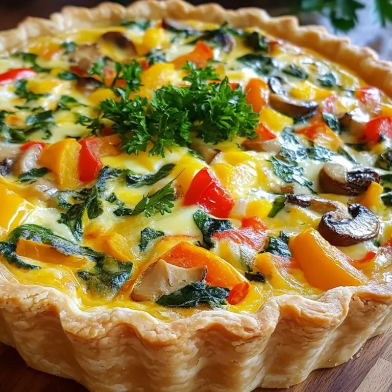 - 1 pre-made 9-inch pie crust - 4 large eggs - 1 cup heavy cream - 1 cup shredded cheddar cheese - 1 cup chopped mixed vegetables (e.g., fresh spinach, diced bell peppers, and sliced mushrooms) - 1/2 cup whole milk - 1 teaspoon dried thyme - Salt and pepper, to taste - Fresh parsley, chopped (for garnish) The key to a great quiche is quality ingredients. A pre-made pie crust saves time and offers a nice base. Fresh eggs give the quiche a rich texture. Heavy cream and whole milk create a creamy filling that tastes amazing. I love mixing in vibrant vegetables for color and flavor. Spinach, bell peppers, and mushrooms work great. Don't forget to season with thyme, salt, and pepper for depth. Finally, fresh parsley adds a lovely touch when you serve it. - Alternatives for heavy cream: You can use half-and-half or whole milk for a lighter option. - Vegetable options and variations: Try broccoli, zucchini, or even sun-dried tomatoes for different flavors. - Dairy-free alternatives: Use coconut milk or almond milk instead of dairy. Nutritional yeast can add a cheesy flavor. These substitutions keep your quiche flexible. You can adjust it based on what you have at home. This way, you'll always have a tasty quiche to enjoy! {{ingredient_image_2}} Preheating the oven First, you need to preheat your oven to 375°F (190°C). This temperature helps bake the quiche evenly. Preparing the pie crust Next, take your pre-made pie crust. Carefully place it into a 9-inch pie dish. Use a fork to prick the bottom of the crust. This step stops bubbles from forming while it bakes. Whisking the egg mixture In a large bowl, whisk together four large eggs, one cup of heavy cream, and half a cup of whole milk. Mix until it's smooth and well combined. Folding in cheese and vegetables Now, fold in one cup of shredded cheddar cheese and one cup of chopped mixed vegetables. You can use fresh spinach, diced bell peppers, and sliced mushrooms. Add one teaspoon of dried thyme and season with salt and pepper. Use a spatula to mix everything evenly. Pouring the mixture into the crust Pour the creamy egg and vegetable mix into the prepared pie crust. Fill it just below the edge to allow it to rise. Baking time and checking doneness Place the quiche in the hot oven. Bake it for 35 to 40 minutes. The top should turn golden brown. To check if it’s done, insert a knife into the center. If it comes out clean, your quiche is ready. Remove it from the oven and let it cool for about 10 minutes. This cooling time helps the filling set, making neat slices easier. To avoid a soggy bottom, use a few simple tricks. Pricking the crust with a fork helps release steam. This keeps the bottom crisp. You can also blind bake the crust. To do this, line the crust with parchment paper and fill it with pie weights or dried beans. Bake it for about 10-15 minutes before adding the filling. This will give you a sturdy base. For a light texture, whisk the eggs well. Use a large bowl and mix until the eggs are fully blended. This adds air, which makes the filling fluffy. When adding seasonings, taste as you go. A good mix of salt, pepper, and thyme brings out the best flavor. Don’t skip this step. It makes a big difference. Quiche pairs well with fresh salads or light soups. Try a simple green salad with a vinaigrette. This adds a nice contrast to the creamy quiche. For presentation, slice the quiche into wedges. Place them on a colorful plate. A sprinkle of fresh parsley on top adds a pop of color. This makes your dish more inviting. Pro Tips Blind Bake the Crust: For an extra crispy crust, consider blind baking it for 10-15 minutes before adding the filling. This helps prevent a soggy bottom. Customize Your Veggies: Feel free to use any vegetables you have on hand, such as zucchini, asparagus, or broccoli. Just make sure they are chopped small for even cooking. Add Extra Flavor: Enhance the flavor by adding herbs like basil or oregano, or a sprinkle of red pepper flakes for some heat. Storage Tips: Store leftover quiche in an airtight container in the refrigerator for up to 3 days. Reheat in the oven for best results. {{image_4}} You can change up your quiche to fit your taste. For meat lovers, try adding ham or bacon. These meats add a savory kick. Just chop them into small pieces and mix them into the egg filling. For a vegetarian twist, add more veggies. You can use broccoli, zucchini, or even sun-dried tomatoes. Mix them with eggs and cheese for a colorful dish. Each veggie brings its own flavor. This way, you can create a new quiche every time! If you need a gluten-free option, use a gluten-free pie crust. Many stores sell these, or you can make your own. They taste great and hold the filling well. For those who follow a vegan diet, you can make a delicious quiche too. Swap the eggs for a mix of silken tofu and chickpea flour. Add your favorite plant-based milk and spices to get the right texture. You can still enjoy the creamy filling without dairy! These variations let you explore different tastes and diets. Get creative in your kitchen! To keep your quiche fresh, you should refrigerate it right away. Place it in an airtight container. This helps prevent drying out or picking up other smells. Quiche can last in the fridge for about 3 to 4 days. If you want to store quiche for a longer time, freezing is a great option. Wrap the quiche tightly in plastic wrap and then in aluminum foil. This keeps it safe from freezer burn. You can freeze it for up to 2 months. When ready to eat, thaw it in the fridge overnight. Reheating can be tricky. You want to keep the quiche fluffy and moist. The best way is to use the oven. Preheat your oven to 350°F (175°C). Place the quiche on a baking sheet and cover it with foil. Heat for about 15 to 20 minutes. This keeps the crust crisp and the filling warm. You can also use the microwave for quick reheating. But be careful; it can make the crust soggy. Heat in short bursts of 30 seconds. Check often to avoid overheating. After reheating, serve the quiche with a side salad or fresh fruit. A sprinkle of herbs on top makes it look nice and adds flavor. Enjoy your delicious meal! You can tell your quiche is done when the top is golden brown. A knife inserted in the center should come out clean. The filling should also be set, not jiggly. If it wobbles too much, give it a few more minutes in the oven. Yes, you can make a crustless quiche! Just skip the pie crust and pour the filling directly into a greased pie dish. This method is lower in carbs and just as tasty. You can add more veggies or cheese for extra flavor. Crustless quiches are simple and often quicker to prepare. You can keep quiche in the fridge for about three to four days. Make sure to cover it tightly with plastic wrap or foil. If you want to store it longer, consider freezing it. Just wrap it well and it can last up to three months in the freezer. This blog post covered how to make a delicious quiche from scratch. You learned about essential ingredients, including pie crust, eggs, and vegetables. I shared tips for substitutions and how to prep your crust and filling. You now know the best techniques to bake it perfectly. Remember, the right seasonings can make a big difference. Quiche is versatile and can fit many diets. Whether you try it savory or sweet, enjoy experimenting. With these tips, you're ready to create your own tasty quiche at home!