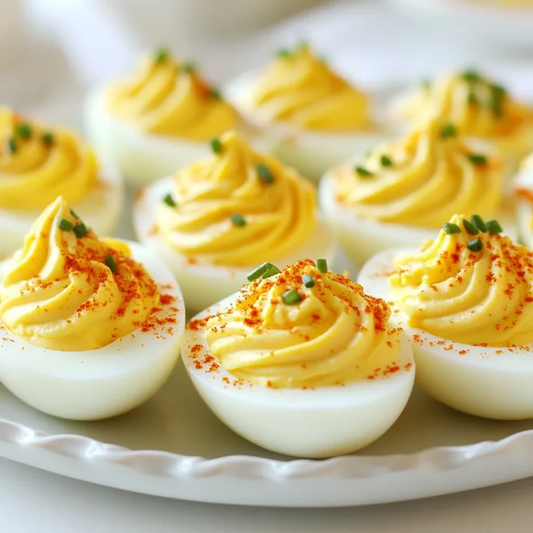 To make classic deviled eggs, you need simple, fresh ingredients: - 6 large eggs - 3 tablespoons creamy mayonnaise - 1 teaspoon tangy Dijon mustard - 1 teaspoon white vinegar - 1/4 teaspoon smoky paprika - Salt and freshly cracked pepper to taste - Fresh chives or parsley, finely chopped (for a vibrant garnish) These ingredients create a rich and creamy filling that is hard to resist. The eggs provide protein, while the mayonnaise and mustard add creaminess and flavor. The white vinegar gives a nice tang that balances the richness. For those who want to add a twist, consider these optional ingredients: - 1/2 teaspoon zesty pickle relish Adding pickle relish gives the deviled eggs an extra punch of flavor. This touch enhances the classic taste and adds a bit of crunch. You can mix it in with the yolk filling for a delightful surprise. Feel free to experiment with other flavors, but remember to keep the balance right! {{ingredient_image_2}} First, place 6 large eggs in a medium saucepan. Cover them with cold water by about an inch. This helps them cook evenly. Set the heat to medium-high and bring the water to a rapid boil. Once boiling, cover the pot with a lid. Remove it from heat and let the eggs sit for 12 minutes. This method gives you perfect hard-boiled eggs. After 12 minutes, carefully move the eggs to an ice bath. Let them cool for 5 to 10 minutes. This stops the cooking and makes peeling easier. Once the eggs are cool, tap each one on the countertop. Crack the shell gently, then peel the eggs. To make peeling easier, do this under a gentle stream of running water. Slice each egg in half lengthwise. Use a small spoon to scoop out the yolks and place them in a mixing bowl. Be careful to keep the egg whites intact. Use a fork to mash the yolks until smooth. Add 3 tablespoons of creamy mayonnaise, 1 teaspoon of Dijon mustard, 1 teaspoon of white vinegar, and 1/4 teaspoon of smoky paprika. Season with salt and pepper to taste. If you want more flavor, stir in 1/2 teaspoon of pickle relish. Now, it’s time to fill the egg whites. Use a spoon or a piping bag to refill each white with yolk mix. Make sure to fill them generously. To finish, sprinkle a light dusting of smoked paprika on top of the filled eggs. Add finely chopped fresh chives or parsley for a pop of color. Arrange the deviled eggs on a platter for a beautiful presentation. Enjoy your delicious classic deviled eggs! To make perfect deviled eggs, start with large eggs. Place them in a pot and cover them with cold water. The water should be about an inch above the eggs. Heat the pot on medium-high until it boils. Once boiling, cover the pot and turn off the heat. Let the eggs sit for 12 minutes. This method ensures the yolks are firm and bright yellow. Peeling eggs can be tricky. To make it easier, transfer the eggs to an ice bath right after boiling. Let them cool for 5-10 minutes. Crack the eggs gently on your countertop. Peel them under running water. This helps remove the shell cleanly and keeps the egg whites intact. Presentation makes a big difference. Arrange the deviled eggs on a nice platter. For extra flair, sprinkle smoked paprika on top. Use fresh chives or parsley as a garnish. You can also add edible flowers for a fun touch. These small details make the dish look gourmet and inviting. Pro Tips Fresh Eggs Matter: For the best results, use eggs that are at least a week old. Fresh eggs are harder to peel, while older eggs separate from the shell more easily. Perfect Boiling Technique: Always cover the eggs with water and remove from heat once boiling. This helps to prevent overcooking, which can lead to a greenish yolk. Enhance Flavor: Experiment with different ingredients in the yolk mixture, such as sriracha for heat or avocado for creaminess, to create your unique twist on classic deviled eggs. Piping for Presentation: Use a piping bag to fill the egg whites for a professional look. This creates a beautiful swirl and ensures each egg is evenly filled. {{image_4}} You can make deviled eggs even more exciting with fun flavor twists. Here are a few ideas: - Bacon bits: Add crunchy bits of cooked bacon for a savory touch. - Sriracha: Mix in a bit of this hot sauce for some heat. - Avocado: Swap out some mayo for creamy avocado for a fresh taste. - Curry powder: A dash adds warmth and spice, giving a unique flavor. You can also try different herbs like dill or cilantro to change the taste. Each addition can create a new favorite. How you present your deviled eggs can make them shine at any gathering. Try these tips: - Colorful toppings: Use bright toppings like diced tomatoes or olives. - Egg cups: Serve them in small cups for a fancy look. - Edible flowers: Use these as a garnish for a beautiful touch. - Layered styles: Stack the eggs on a tiered stand for a stunning display. These ideas can elevate the look of your dish and impress your guests. If you have guests with dietary needs, there are great options. For vegan deviled eggs, try this: - Chickpeas: Use mashed chickpeas instead of egg yolks. - Cashew cream: Blend soaked cashews for a creamy base. - Nutritional yeast: Add this for a cheesy flavor without dairy. These options can make your deviled eggs fit for everyone. Enjoy playing with flavors while keeping everyone happy! To store leftover deviled eggs, cover them with plastic wrap. This keeps them fresh and moist. Place the eggs in the fridge immediately. They stay good for up to two days. If you see any browning, that means they are losing freshness. Always check for any odd smells before eating them again. You can make deviled eggs ahead of time. Just boil and peel the eggs as usual. Then, store the egg whites in one container and the yolk mixture in another. Keep both containers in the fridge. Fill the egg whites with the yolk mixture right before serving. This helps keep them fresh and tasty. The best eggs for deviled eggs are large, fresh eggs. Fresh eggs have a firmer white and richer yolk. This makes for a creamier filling. Look for eggs with no cracks and a clean shell. Yes, you can make deviled eggs a day in advance. Prepare the filling and store it in the fridge. Keep the egg whites separate until serving. This helps them stay fresh and tasty. To prevent eggs from cracking, use room temperature eggs. Place them in cold water before heating. Avoid high heat and bring water to a boil slowly. This helps the eggs cook evenly and reduces cracks. Deviled eggs are simple but tasty snacks. You learned about essential and optional ingredients. We covered step-by-step instructions for preparing and filling them. Tips on boiling and peeling eggs will help you succeed. Creative variations can impress your guests. Remember, leftover deviled eggs last in the fridge. You can even make them a day ahead. Enjoy sharing your delicious creations at your next gathering!