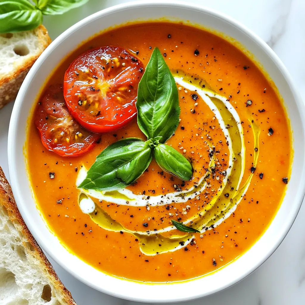 To make this tasty roasted tomato soup, you'll need the following ingredients: - 2 pounds of ripe tomatoes, halved - 1 medium onion, quartered - 4 cloves of garlic, peeled - 3 tablespoons of olive oil - Salt and freshly ground black pepper, to taste - 2 cups of vegetable broth - 1 teaspoon of balsamic vinegar - 1 teaspoon of sugar (optional, for added sweetness) - ½ cup of fresh basil leaves, torn (plus extra for garnish) - ½ cup of heavy cream (or coconut cream for a vegan alternative) If you don't have some ingredients, here are great substitutes: - Tomatoes: Try canned tomatoes for out-of-season options. - Onion: Shallots or leeks work well in a pinch. - Garlic: Garlic powder can add flavor but use less. - Olive Oil: Avocado oil or sunflower oil are good choices. - Vegetable Broth: Chicken broth can be used for a non-vegetarian version. - Balsamic Vinegar: Red wine vinegar adds similar acidity. - Sugar: Maple syrup or honey can add sweetness if desired. - Basil: Oregano or thyme can replace basil for a different taste. - Cream: For a lighter option, use milk or a nut cream substitute. Each ingredient plays a key role in the soup's flavor and health: - Tomatoes: Packed with vitamins and antioxidants, they give the soup its base. - Onion: Adds sweetness and depth while providing fiber and vitamins. - Garlic: Known for its health benefits, it boosts flavor and adds aroma. - Olive Oil: A healthy fat that helps absorb nutrients from the tomatoes. - Salt and Pepper: Essential for enhancing all the flavors in your soup. - Vegetable Broth: Adds richness and depth without extra calories. - Balsamic Vinegar: Gives a tangy note that balances the sweetness of tomatoes. - Sugar: Optional, but it can help round out the flavors in the soup. - Basil: Fresh basil adds a fragrant, herbal note and is rich in vitamins. - Cream: Adds creaminess, making the soup feel luxurious and smooth. This soup is not just tasty but also loaded with nutrients. Enjoy creating this delicious dish with ingredients that work well together! {{ingredient_image_2}} First, gather all your ingredients. You need: - 2 pounds of ripe tomatoes, halved - 1 medium onion, quartered - 4 cloves of garlic, peeled - 3 tablespoons of olive oil - Salt and freshly ground black pepper, to taste - 2 cups of vegetable broth - 1 teaspoon of balsamic vinegar - 1 teaspoon of sugar (optional) - ½ cup of fresh basil leaves, torn - ½ cup of heavy cream (or coconut cream for a vegan option) Next, preheat your oven to 425°F (220°C). This step is key for great roasting. In a large bowl, mix the halved tomatoes, quartered onion, and peeled garlic. Pour in 2 tablespoons of olive oil. Then, sprinkle with salt and black pepper. Toss until everything is well coated. Spread the tomato mix onto a large baking sheet. Make sure they are in a single layer. This helps them roast evenly. Place the baking sheet in the oven. Roast for 30-35 minutes. Look for caramelized tomatoes with soft texture and slightly charred edges. This brings out rich flavors. Remove the roasted vegetables from the oven. Carefully transfer them to a large pot. Pour in 2 cups of vegetable broth. Add 1 teaspoon of balsamic vinegar and sugar if you want a bit of sweetness. Heat over medium, bringing the mix to a gentle simmer. Let it cook for about 10 minutes. This time helps the flavors combine well. After simmering, remove the pot from heat. Stir in the torn basil leaves. This will add a fresh taste to your soup. For a smooth texture, use an immersion blender to puree the soup. If you like it chunkier, blend only half or mash with a fork. Return the pureed soup to low heat. Stir in ½ cup of heavy cream. Taste and adjust salt and pepper if needed. Heat through gently, but do not boil. Now, you have a delicious, creamy roasted tomato soup ready to enjoy! To get the best flavor from your tomatoes, roast them well. Here are some tips: - Use ripe tomatoes. They should be bright and fragrant. - Cut them in half for even cooking. - Spread them out on the baking sheet. This helps them roast, not steam. - Keep the oven at 425°F (220°C). This high heat caramelizes the edges. - Roast for 30-35 minutes. Look for soft, slightly charred tomatoes. You can tweak the flavors to suit your taste. Here’s how: - Add more garlic for a stronger flavor. - Use more basil for a fresh, herbal note. - If you like sweetness, add a teaspoon of sugar. - Balsamic vinegar adds depth. It balances the tomato's acidity. - Don’t forget salt and pepper. They enhance all the flavors. If you want a vegan soup, swap the cream easily. Here are some great options: - Use coconut cream for a rich, creamy texture. - Almond milk gives a lighter feel. - Cashew cream adds a nice, nutty flavor. - For a thicker option, blend soaked cashews with water. - Each choice brings a unique taste to your soup. By following these tips and tricks, you elevate your roasted tomato soup. Enjoy the process and make it your own! Pro Tips Choose the Right Tomatoes: For the best flavor, select ripe, in-season tomatoes. Heirloom varieties are particularly delicious for roasting and offer a rich sweetness. Add Depth with Spices: Consider adding herbs like thyme or oregano to the roasting vegetables for added complexity, enhancing the overall flavor profile of the soup. Blend for Texture: Adjust the texture of your soup to your preference. A smooth puree provides a luxurious mouthfeel, while a chunkier version offers heartiness. Garnish Creatively: Elevate your dish with creative garnishes. A dollop of pesto or a sprinkle of croutons can add texture and visual appeal to your roasted tomato basil soup. {{image_4}} You can easily boost the flavor of your roasted tomato soup. Here are some ideas: - Oregano: Add 1 teaspoon for a warm, earthy taste. - Thyme: Use fresh or dried thyme for a fresh twist. - Red pepper flakes: Sprinkle in some heat for a spicy kick. - Smoked paprika: This adds a lovely smoky flavor to the soup. Experiment with these spices to find what you love. Mixing different herbs can create unique versions of the soup. Keeping it vegan and gluten-free is simple! Here’s how: - Coconut cream: Swap heavy cream for coconut cream for a rich, creamy texture. - Gluten-free broth: Ensure your vegetable broth is gluten-free. - Sugar: You can use agave syrup or maple syrup instead of sugar for sweetness. These swaps keep the soup delicious and inclusive for all diets. Garnishing your soup makes it look and taste better. Here are some fun ideas: - Fresh basil: Add torn basil leaves for a fresh pop of flavor. - Olive oil drizzle: A drizzle of good olive oil adds richness. - Croutons: Top with homemade croutons for crunch. - Chili oil: A splash of chili oil gives a spicy touch. These garnishes not only enhance the look but add layers of taste to your soup. Enjoy your culinary creativity! To keep your roasted tomato soup fresh, store it in an airtight container. Allow it to cool down before sealing. This step helps prevent condensation, which can make the soup watery. Place the container in the fridge if you plan to eat it within three days. When you’re ready to enjoy your soup again, pour it into a pot. Heat it over low to medium heat on the stove. Stir often to avoid sticking. You can also use a microwave. Just heat it in a microwave-safe bowl for about two minutes. Stir halfway through to ensure even heating. If you want to save your soup for later, freezing is a great option. Cool the soup completely before freezing. Use freezer-safe bags or containers. Leave some space at the top because the soup will expand when frozen. It will stay good for up to three months. To reheat, thaw it overnight in the fridge and then warm it on the stove. You can serve roasted tomato soup with several sides. A classic pairing is a grilled cheese sandwich. The gooey cheese complements the soup's rich flavor. You can also try crusty bread or garlic toast. Both add a nice crunch and make dipping fun. For a lighter option, consider a fresh salad. A simple green salad with vinaigrette can balance the meal. Roasted tomato soup can last for about 3 to 5 days in the fridge. Store it in an airtight container to keep it fresh. If you want to enjoy it longer, you can freeze it. Frozen soup can last for about 3 months. Just remember to cool it completely before freezing. This helps prevent ice crystals from forming. Yes, you can make roasted tomato soup ahead of time. This soup tastes even better the next day. The flavors deepen as it sits. Just follow the recipe, then cool it and store it. When you’re ready to eat, reheat it gently on the stove. Stir in the cream right before serving for the best taste. This blog post showed you how to make roasted tomato soup from start to finish. We covered ingredients, step-by-step cooking, and helpful tips. You learned about substitutes, flavor tweaks, and even how to store leftovers. Remember, cooking is fun and gives you many choices. Don't be afraid to try new things or make the soup your own. Enjoy making this dish and share it with others!
