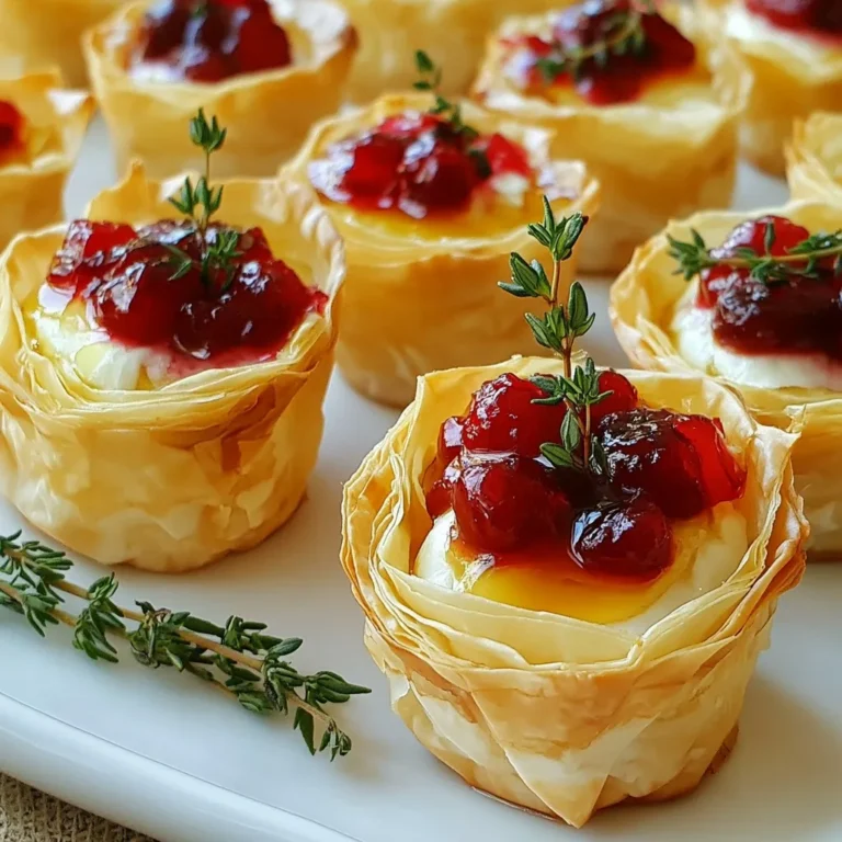 To create your delicious Cranberry Brie Thyme Phyllo Cups, gather these simple ingredients: - 12 sheets of phyllo dough - 1 cup brie cheese, cut into small cubes - 1 cup cranberry sauce (homemade or store-bought) - 1 tablespoon fresh thyme leaves, finely chopped - 1/4 cup honey - 1/4 teaspoon salt - 1/4 teaspoon freshly ground black pepper - Cooking spray or melted butter, for brushing These ingredients combine to form a rich and tasty bite. The phyllo dough gives a flaky crunch. The brie melts beautifully, while the cranberry sauce adds sweetness. Fresh thyme brings a nice herbal note. Honey adds a touch of warmth, and salt and pepper balance the flavors. Keep your ingredients fresh. This ensures your cups taste their best. You can use store-bought cranberry sauce if you're short on time. However, homemade sauce can add extra flavor. With these ingredients ready, you can start making your holiday treat. {{ingredient_image_2}} 1. Preheat the oven: Start by setting your oven to 375°F (190°C). This heat makes the phyllo cups crispy and golden. 2. Layering phyllo dough: Take one sheet of phyllo dough and place it on a clean surface. Brush it lightly with melted butter or spray it with cooking spray. Add another sheet on top and repeat this step. Do this until you have four layers. 3. Cutting phyllo into squares: Use a sharp knife or pizza cutter to cut the stacked phyllo into 12 squares. Aim for a grid of 3x4 squares. 1. Pressing phyllo squares into muffin tin: Gently take each square and press it into the cups of a muffin tin. Don't worry about making the edges even; this helps create a lovely texture later. 2. Baking the cups: Bake the phyllo cups in your preheated oven for about 8-10 minutes. Watch for a golden-brown color. Once done, take them out and let them cool a bit. 1. Mixing ingredients for the filling: In a small bowl, mix together the brie cubes, cranberry sauce, chopped thyme, honey, salt, and pepper. Stir until everything is well combined. 2. Filling the baked cups: Spoon the cranberry-brie mixture generously into each of the baked phyllo cups. Fill them to the top for the best flavor. 1. Cooking time for melting brie: Place the filled cups back in the oven for 5-7 minutes. You'll know they’re ready when the brie is melted and bubbly. 2. Cooling and removing cups from tin: After baking, let the cups cool for a couple of minutes. Use a fork or small spatula to carefully lift them from the muffin tin. This prevents tearing the delicate cups. - Ensuring crispy phyllo: To get that perfect crunch, layer your phyllo dough with care. Brush each sheet with melted butter or spray it well with cooking spray. This adds flavor and helps it bake up crispy. Use at least four layers for the best texture. - Avoiding soggy bottoms: To prevent soggy cups, bake them empty first. This gives the phyllo a chance to crisp up. Bake for about 8-10 minutes until golden brown before adding the filling. - Additional herbs or spices: Want to spice things up? Try adding rosemary or a pinch of nutmeg to the filling. These herbs pair well with brie and cranberry, adding depth to the flavors. - Alternative fillings: Not a fan of cranberry? Swap it for apple butter or fig jam. You can also use different cheeses like goat cheese or cheddar for a unique twist. - Plating suggestions: For a stunning display, use a pretty platter. Arrange your phyllo cups in a circle or in rows. This makes them easy to grab and adds visual appeal. - Garnishing ideas: Add a little flair by topping each cup with a sprig of thyme. A light drizzle of honey on top just before serving adds shine and extra sweetness. Pro Tips Layering Technique: Make sure to layer the phyllo dough sheets carefully; this will ensure your cups are flaky and crispy once baked. Thyme Substitutes: If you don't have fresh thyme, dried thyme can be used as a substitute. Just use about one-third of the amount since dried herbs are more concentrated. Cooling Time: Allow the phyllo cups to cool slightly before removing them from the muffin tin to prevent them from breaking apart. Serving Suggestion: For an extra touch of flavor, consider adding a sprinkle of chopped walnuts or pecans on top of the filling before the final bake. {{image_4}} You can easily switch out the brie cheese for other soft cheeses. Cream cheese or goat cheese both work well. They bring their own flavors to the dish. If you want a stronger taste, try blue cheese. For sauces, cranberry sauce is classic but not your only choice. Try fig jam or a savory onion jam for a twist. If you need a gluten-free option, use gluten-free phyllo dough. Many stores offer this now. For a vegan version, substitute the brie with a vegan cheese. You can also replace honey with maple syrup or agave nectar. These swaps let everyone enjoy the treat! During the holidays, add spices like cinnamon or nutmeg to the filling. This gives your cups a festive flavor. In summer, try using fresh fruits like peaches or cherries. Pair them with a light cheese for a refreshing taste. Changing the flavors lets you enjoy these cups all year long! To keep your phyllo cups fresh, store them in an airtight container. Place a layer of parchment paper between the layers to avoid sticking. This simple step keeps the cups crispy and tasty. If you have leftover cups, refrigerate them for up to three days. However, they taste best when fresh. To reheat your phyllo cups, use an oven set to 350°F (175°C). Place the cups on a baking sheet. Heat for about 5 to 7 minutes. This method helps them regain their crispiness. You can also use an air fryer for quick reheating. Just set it to 300°F (150°C) for about 4 minutes. This keeps the texture perfect. You can freeze phyllo cups before or after baking. If you freeze them before baking, layer them with parchment paper. Store in an airtight container for up to a month. To bake, just add a few extra minutes to the baking time. If you freeze them after baking, let them cool first. When ready to eat, thaw in the fridge overnight. Then, reheat in the oven as mentioned. Enjoy your tasty treats anytime! Cranberry Brie Thyme Phyllo Cups stay fresh for about 2-3 days in the fridge. Store them in an airtight container. This keeps them from drying out. If you want to freeze them, do so before baking. They can last up to a month in the freezer. When ready, thaw them in the fridge overnight. Then bake them as directed. Yes! You can prepare the phyllo cups ahead. Simply bake them until golden. After baking, let them cool completely. Store them in an airtight container. Fill them with the cranberry-brie mixture just before serving. This keeps everything fresh and tasty. You can also prepare the filling a day ahead and store it in the fridge. These phyllo cups pair well with many appetizers. Try serving them with a light salad. A simple arugula salad with lemon vinaigrette works great. You can also add a cheese platter with various cheeses. A selection of nuts or dried fruits makes a lovely addition too. These options create a well-rounded spread for your guests. One common mistake is overbaking the phyllo cups. Keep an eye on them while baking. They should be golden and crispy, not burnt. Another mistake is filling the cups too early. If you fill them and wait too long, the phyllo can get soggy. Be sure to serve them warm for the best taste and texture. Cranberry brie thyme phyllo cups are simple yet delightful. We covered the tasty ingredients and step-by-step making process. Don’t forget the baking tips for that perfect crunch. Feel free to adapt ingredients based on need and add your own twist. Proper storage and reheating keep them fresh and enjoyable. These cups are great for sharing at any event. I hope you feel confident to try this recipe and impress your guests!