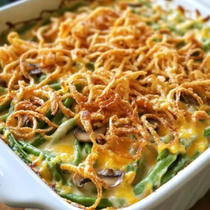 To create a delicious green bean casserole, gather these items: - 1 pound fresh green beans, trimmed and halved - 1 can (10.5 oz) cream of mushroom soup - 1 cup milk - 1 teaspoon soy sauce - 1 cup crispy fried onions, plus extra for garnishing - 1 cup shredded sharp cheddar cheese - 2 garlic cloves, minced - 1 small onion, finely chopped - Salt and pepper, to taste - 1 teaspoon Dijon mustard (optional for added depth of flavor) - Zest of 1 lemon (for a refreshing hint) You can swap some ingredients to suit your taste or needs: - For the cream of mushroom soup, use a homemade version or a different cream soup. - Almond milk or oat milk works well as a milk substitute. - If you don&rsquo;t have soy sauce, try tamari or coconut aminos for a similar flavor. - Use any type of cheese you like, such as mozzarella or pepper jack. - For a lighter dish, replace half the green beans with cauliflower florets. Fresh ingredients make a big difference in flavor. Here are some tips: - Choose bright green beans that snap easily. Avoid beans that are wilted or brown. - When buying onions, look for firm ones with a smooth skin. - Fresh garlic should feel firm and not sprout. Avoid soft or mushy cloves. - Store fresh items in the fridge for best quality. Use them within a week for peak taste. - If using lemon zest, choose organic lemons to avoid wax or chemical residue. {{ingredient_image_2}} First, set your oven to 350&deg;F (175&deg;C). This step warms the oven for baking. It helps the casserole cook evenly. Next, take a large pot and fill it with salted water. Bring this water to a rolling boil. When the water is bubbling, add the fresh green beans. Blanch them for 3-4 minutes. You want them bright green and crisp. Once done, drain the beans. Rinse them under cold water to stop cooking. Set them aside for later. Now, grab a large mixing bowl. In it, combine the cream of mushroom soup, milk, soy sauce, and Dijon mustard, if you want. Whisk these ingredients until they are smooth. A well-mixed sauce is key for good flavor. Add minced garlic, chopped onion, lemon zest, and a pinch of salt and pepper to the sauce. Mix well to blend the flavors. Then, gently fold in the blanched green beans. Add half of the crispy fried onions, too. Make sure every green bean gets coated with the sauce. Lightly grease a 9x13 inch baking dish. Pour the green bean mixture into it. Spread it out so it cooks evenly. Next, sprinkle shredded cheddar cheese on top. Add the rest of the crispy fried onions for extra crunch. Place the dish in the oven. Bake for 25-30 minutes. It&rsquo;s done when the casserole is bubbly and the cheese is golden brown. Remove it from the oven and let it cool for a few minutes before serving. Enjoy your tasty green bean casserole! To get the best texture, start with fresh green beans. Blanch them before mixing. This keeps them crisp and bright green. Aim for a cooking time of just 3-4 minutes. After blanching, cool them down right away with cold water. This stops the cooking. You want a nice crunch in every bite. Add-ins can make your dish even better. A teaspoon of soy sauce brings umami flavor. If you want more depth, try a teaspoon of Dijon mustard. Fresh herbs like thyme or parsley add freshness. You can also mix in some saut&eacute;ed mushrooms for extra texture and taste. Feel free to play around with these ingredients. When it&rsquo;s time to serve, presentation matters. You can serve it right from the baking dish. For a fancier look, scoop portions onto plates. Top with extra crispy fried onions for crunch. A sprinkle of parsley adds color and flavor. Serve with lemon wedges for a refreshing twist. This makes your dish even more delightful. Pro Tips Tip Title: Blanching Technique: Blanching the green beans not only retains their vibrant color but also ensures they maintain a crisp texture in the final casserole. Tip Title: Cheese Options: Experiment with different types of cheese, like Gruy&egrave;re or Monterey Jack, for unique flavors that can elevate your casserole. Tip Title: Make Ahead: You can prepare the casserole a day in advance. Just cover it tightly with foil and refrigerate; bake it when you're ready to serve. Tip Title: Flavor Boost: Adding a splash of white wine to the sauce can enhance the overall flavor profile, adding a touch of sophistication to the dish. {{image_4}} You can make green bean casserole lighter. Swap the cream of mushroom soup for a low-fat version. Use skim milk instead of whole milk. You can also try Greek yogurt as a creamy base. This mix gives you flavor with fewer calories. To make a vegan green bean casserole, replace cream of mushroom soup with a plant-based version. Use almond or soy milk in place of dairy milk. For the cheese, try vegan cheese or skip it. Use more fried onions for crunch and flavor. Cheese can change the taste of your casserole. Instead of sharp cheddar, use mozzarella for a milder flavor. You can add Parmesan for a nutty note. For a spicy kick, try pepper jack cheese. Mix and match to find your favorite combo! To keep your green bean casserole fresh, store it in an airtight container. Place it in the fridge within two hours after cooking. The casserole will last for three to four days. Make sure the container seals well to prevent drying out. If you have extra crispy fried onions, store them separately to keep their crunch. You can freeze green bean casserole for longer storage. First, let it cool completely. Then, transfer it to a freezer-safe container. Use plastic wrap or foil to cover it well. It should stay fresh for up to three months. Remember, the texture may change after freezing, especially for the onions. When you&rsquo;re ready to enjoy your casserole again, preheat your oven to 350&deg;F (175&deg;C). Remove the casserole from the fridge or freezer. Bake for 25 to 30 minutes if chilled, or 40 to 50 minutes if frozen. Check that it&rsquo;s heated through and bubbly. For a crispy top, add more fried onions during the last few minutes of baking. Enjoy every bite! Yes, you can make green bean casserole ahead of time. Prepare the dish up to the baking step. Cover it tightly with plastic wrap or foil. Store it in the fridge for up to two days. When ready to bake, remove the cover and add extra crispy fried onions on top. Bake as directed, adding a few extra minutes if it&rsquo;s cold. If you want a substitute for cream of mushroom soup, try using cream of celery soup or a homemade white sauce. You can blend saut&eacute;ed mushrooms with heavy cream for a fresh taste. Another option is to mix sour cream and milk with seasonings. This keeps the creamy texture while adding unique flavors. To make green bean casserole gluten-free, use gluten-free cream of mushroom soup. You can also thicken your homemade sauce with cornstarch instead of flour. Check the label on crispy fried onions; some brands are gluten-free. This way, you can enjoy the dish without worry. This blog post covered everything you need for a great green bean casserole. We discussed the key ingredients, how to prepare and bake the dish, and tips for perfecting the texture and flavor. You learned about healthy variations and how to store leftovers properly. Remember, your choices in ingredients can make a big difference. Enjoy experimenting with flavors and textures. A delicious casserole awaits!