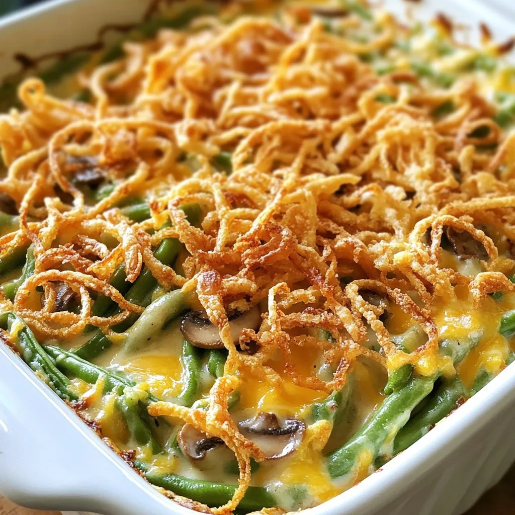 To create a delicious green bean casserole, gather these items: - 1 pound fresh green beans, trimmed and halved - 1 can (10.5 oz) cream of mushroom soup - 1 cup milk - 1 teaspoon soy sauce - 1 cup crispy fried onions, plus extra for garnishing - 1 cup shredded sharp cheddar cheese - 2 garlic cloves, minced - 1 small onion, finely chopped - Salt and pepper, to taste - 1 teaspoon Dijon mustard (optional for added depth of flavor) - Zest of 1 lemon (for a refreshing hint) You can swap some ingredients to suit your taste or needs: - For the cream of mushroom soup, use a homemade version or a different cream soup. - Almond milk or oat milk works well as a milk substitute. - If you don’t have soy sauce, try tamari or coconut aminos for a similar flavor. - Use any type of cheese you like, such as mozzarella or pepper jack. - For a lighter dish, replace half the green beans with cauliflower florets. Fresh ingredients make a big difference in flavor. Here are some tips: - Choose bright green beans that snap easily. Avoid beans that are wilted or brown. - When buying onions, look for firm ones with a smooth skin. - Fresh garlic should feel firm and not sprout. Avoid soft or mushy cloves. - Store fresh items in the fridge for best quality. Use them within a week for peak taste. - If using lemon zest, choose organic lemons to avoid wax or chemical residue. {{ingredient_image_2}} First, set your oven to 350°F (175°C). This step warms the oven for baking. It helps the casserole cook evenly. Next, take a large pot and fill it with salted water. Bring this water to a rolling boil. When the water is bubbling, add the fresh green beans. Blanch them for 3-4 minutes. You want them bright green and crisp. Once done, drain the beans. Rinse them under cold water to stop cooking. Set them aside for later. Now, grab a large mixing bowl. In it, combine the cream of mushroom soup, milk, soy sauce, and Dijon mustard, if you want. Whisk these ingredients until they are smooth. A well-mixed sauce is key for good flavor. Add minced garlic, chopped onion, lemon zest, and a pinch of salt and pepper to the sauce. Mix well to blend the flavors. Then, gently fold in the blanched green beans. Add half of the crispy fried onions, too. Make sure every green bean gets coated with the sauce. Lightly grease a 9x13 inch baking dish. Pour the green bean mixture into it. Spread it out so it cooks evenly. Next, sprinkle shredded cheddar cheese on top. Add the rest of the crispy fried onions for extra crunch. Place the dish in the oven. Bake for 25-30 minutes. It’s done when the casserole is bubbly and the cheese is golden brown. Remove it from the oven and let it cool for a few minutes before serving. Enjoy your tasty green bean casserole! To get the best texture, start with fresh green beans. Blanch them before mixing. This keeps them crisp and bright green. Aim for a cooking time of just 3-4 minutes. After blanching, cool them down right away with cold water. This stops the cooking. You want a nice crunch in every bite. Add-ins can make your dish even better. A teaspoon of soy sauce brings umami flavor. If you want more depth, try a teaspoon of Dijon mustard. Fresh herbs like thyme or parsley add freshness. You can also mix in some sautéed mushrooms for extra texture and taste. Feel free to play around with these ingredients. When it’s time to serve, presentation matters. You can serve it right from the baking dish. For a fancier look, scoop portions onto plates. Top with extra crispy fried onions for crunch. A sprinkle of parsley adds color and flavor. Serve with lemon wedges for a refreshing twist. This makes your dish even more delightful. Pro Tips Tip Title: Blanching Technique: Blanching the green beans not only retains their vibrant color but also ensures they maintain a crisp texture in the final casserole. Tip Title: Cheese Options: Experiment with different types of cheese, like Gruyère or Monterey Jack, for unique flavors that can elevate your casserole. Tip Title: Make Ahead: You can prepare the casserole a day in advance. Just cover it tightly with foil and refrigerate; bake it when you're ready to serve. Tip Title: Flavor Boost: Adding a splash of white wine to the sauce can enhance the overall flavor profile, adding a touch of sophistication to the dish. {{image_4}} You can make green bean casserole lighter. Swap the cream of mushroom soup for a low-fat version. Use skim milk instead of whole milk. You can also try Greek yogurt as a creamy base. This mix gives you flavor with fewer calories. To make a vegan green bean casserole, replace cream of mushroom soup with a plant-based version. Use almond or soy milk in place of dairy milk. For the cheese, try vegan cheese or skip it. Use more fried onions for crunch and flavor. Cheese can change the taste of your casserole. Instead of sharp cheddar, use mozzarella for a milder flavor. You can add Parmesan for a nutty note. For a spicy kick, try pepper jack cheese. Mix and match to find your favorite combo! To keep your green bean casserole fresh, store it in an airtight container. Place it in the fridge within two hours after cooking. The casserole will last for three to four days. Make sure the container seals well to prevent drying out. If you have extra crispy fried onions, store them separately to keep their crunch. You can freeze green bean casserole for longer storage. First, let it cool completely. Then, transfer it to a freezer-safe container. Use plastic wrap or foil to cover it well. It should stay fresh for up to three months. Remember, the texture may change after freezing, especially for the onions. When you’re ready to enjoy your casserole again, preheat your oven to 350°F (175°C). Remove the casserole from the fridge or freezer. Bake for 25 to 30 minutes if chilled, or 40 to 50 minutes if frozen. Check that it’s heated through and bubbly. For a crispy top, add more fried onions during the last few minutes of baking. Enjoy every bite! Yes, you can make green bean casserole ahead of time. Prepare the dish up to the baking step. Cover it tightly with plastic wrap or foil. Store it in the fridge for up to two days. When ready to bake, remove the cover and add extra crispy fried onions on top. Bake as directed, adding a few extra minutes if it’s cold. If you want a substitute for cream of mushroom soup, try using cream of celery soup or a homemade white sauce. You can blend sautéed mushrooms with heavy cream for a fresh taste. Another option is to mix sour cream and milk with seasonings. This keeps the creamy texture while adding unique flavors. To make green bean casserole gluten-free, use gluten-free cream of mushroom soup. You can also thicken your homemade sauce with cornstarch instead of flour. Check the label on crispy fried onions; some brands are gluten-free. This way, you can enjoy the dish without worry. This blog post covered everything you need for a great green bean casserole. We discussed the key ingredients, how to prepare and bake the dish, and tips for perfecting the texture and flavor. You learned about healthy variations and how to store leftovers properly. Remember, your choices in ingredients can make a big difference. Enjoy experimenting with flavors and textures. A delicious casserole awaits!