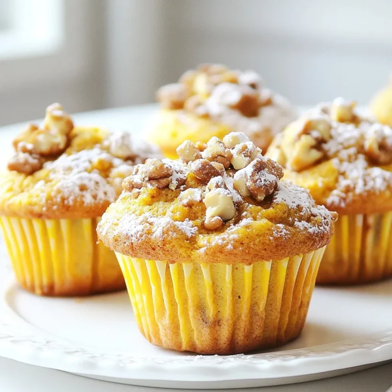 To make bakery-style pumpkin muffins, gather these key ingredients: - 1 1/2 cups all-purpose flour - 1 cup canned pumpkin puree - 3/4 cup granulated sugar - 1/4 cup brown sugar, packed - 1/2 cup vegetable oil - 2 large eggs - 1 teaspoon vanilla extract - 1 teaspoon baking soda - 1 teaspoon baking powder - 1 teaspoon ground cinnamon - 1/2 teaspoon ground nutmeg - 1/4 teaspoon ground ginger - 1/4 teaspoon salt - 1/2 cup chopped walnuts or pecans (optional) - 1/2 cup chocolate chips (optional) Each ingredient plays a vital role. The all-purpose flour gives the muffins structure. Canned pumpkin puree adds moisture and flavor. Granulated and brown sugars sweeten the muffins while the oil keeps them soft. Eggs act as a binder, helping everything stick together. Vanilla extract enhances the taste. Baking soda and baking powder work together to help the muffins rise. Spices like cinnamon, nutmeg, and ginger bring warmth and depth to the flavor. Salt balances the sweetness. You can choose to add walnuts, pecans, or chocolate chips for extra texture and taste. By using these ingredients, you will create soft and delectable muffins that remind you of your favorite bakery. {{ingredient_image_2}} First, set your oven to 350°F (175°C). This step warms up the oven for even baking. Next, prepare your muffin tin. You can line it with paper liners or lightly grease it with cooking spray or oil. This keeps the muffins from sticking. In a large bowl, combine 1 cup of canned pumpkin puree, 1/2 cup of vegetable oil, 3/4 cup of granulated sugar, and 1/4 cup of brown sugar. Mix these well until the mixture is smooth. Now, crack in 2 large eggs and add 1 teaspoon of vanilla extract. Whisk everything together until fully blended. Now, in a separate bowl, sift together 1 1/2 cups of all-purpose flour, 1 teaspoon of baking soda, 1 teaspoon of baking powder, and spices like 1 teaspoon of ground cinnamon, 1/2 teaspoon of ground nutmeg, 1/4 teaspoon of ground ginger, and 1/4 teaspoon of salt. Sifting helps to evenly spread the baking agents and spices. This ensures every muffin has great flavor. Slowly mix the dry ingredients into the wet mixture. Stir gently just until combined. It's okay if there are a few lumps; overmixing can make your muffins tough. Aim for a smooth batter without too much mixing. If you want to add some texture, fold in 1/2 cup of chopped walnuts or pecans, and/or 1/2 cup of chocolate chips. Choose what you like! Gently fold them in so they mix evenly without breaking apart. Using a spoon or a scoop, fill each muffin cup about three-quarters full. This gives them space to rise. Place the muffin tin in your preheated oven. Bake for 18-20 minutes. To check if they’re done, insert a toothpick into the center of a muffin. If it comes out clean, they are ready! After baking, let the muffins cool in the tin for about 5 minutes. This helps them set. Then, transfer them to a wire rack to cool completely. Cooling them fully helps keep them soft and tasty. To make your muffins soft and fluffy, avoid overmixing. When you mix too much, the muffins can become tough. Stir gently until you see no dry flour. A few lumps are fine. This keeps the muffins light. Next, pay attention to your baking conditions. Preheat your oven to 350°F (175°C) for even baking. Use an oven thermometer if needed. If your oven runs hot or cold, you might not get the right texture. Spices bring warmth to your muffins. Use fresh ground spices like cinnamon, nutmeg, and ginger to boost flavor. Adjust the amounts based on your taste. For a sweeter touch, feel free to mix different sugars. Brown sugar gives a hint of caramel, while granulated sugar adds pure sweetness. Using high-quality pumpkin puree is key. Canned pumpkin works well, but check for pure pumpkin, not pie filling. This ensures you get a rich pumpkin taste without unwanted spices or sugar. Serve your muffins warm for the best flavor. If they cool down, pop them in the microwave for a few seconds. A light dusting of powdered sugar or cinnamon on top makes them look special. For a lovely touch, add a dollop of whipped cream or a bit of cream cheese frosting on the side. These small details make your muffins feel like a treat. Enjoy each bite! Pro Tips Use Fresh Spices: Freshly ground spices can elevate the flavor profile of your muffins significantly. Consider grinding your own cinnamon or nutmeg for the best taste. Check for Doneness: To ensure your muffins are perfectly baked, use a toothpick to test for doneness. If it comes out clean or with a few moist crumbs, they're ready! Cool Before Storing: Allow your muffins to cool completely before storing them in an airtight container. This prevents moisture buildup and keeps them fresh longer. Experiment with Flavors: Feel free to customize your muffins with different mix-ins like dried cranberries, raisins, or even a swirl of cream cheese for a unique twist! {{image_4}} You can easily make your pumpkin muffins healthier. Start by substituting oil with applesauce. This swap cuts down on fat while keeping the muffins moist. You can also reduce sugar. Try using half the amount of granulated sugar. For a natural sweet taste, consider using maple syrup or honey. If you need gluten-free muffins, use almond or coconut flour. These flours can replace all-purpose flour. They add unique flavors and a different texture. Just remember, gluten-free flours behave differently, so you may need to adjust the liquid in the recipe. To spice things up, change the spices you use. Instead of just cinnamon, add cardamom or allspice. These spices bring warmth and depth to your muffins. You can also play with the mix-ins. Dried fruits like cranberries or raisins add a nice chewiness. If you're a chocolate lover, consider using dark chocolate chunks instead of chips for a richer taste. Make your muffins festive for the holidays! Add a pinch of nutmeg for a cozy feel. You can mix in cranberries for a tart burst that fits the season. For Halloween, add some orange zest for a bright flavor. For Thanksgiving, try mixing in pecans for a crunchy texture that pairs well with the pumpkin. Each variation brings new life to your pumpkin muffins, making them perfect for any occasion. To keep your muffins fresh, store them in an airtight container. This method locks in moisture and flavor. If you want to keep them for a few days, place the container in the fridge. Muffins stay soft at cool room temperature for about two days. To freeze your muffins, first, let them cool completely. Then, wrap each muffin in plastic wrap. Place the wrapped muffins in a zip-top bag. Remove as much air as possible. Label the bag with the date. For best taste, use them within three months. When it’s time to enjoy, take a muffin out and let it thaw on the counter. If you want them warm, reheat in the oven at 350°F for about 10 minutes. You can also use the microwave for about 20-30 seconds. Bakery-style muffins can last about 3-5 days at room temperature. In the fridge, they can stay fresh for up to a week. Signs of spoilage include a dry texture or mold. Always check before eating. If in doubt, throw them out! Yes, you can make these muffins ahead of time. To do this, bake the muffins and let them cool completely. Once cool, store them in an airtight container. They will stay fresh for about three days at room temperature. You can also freeze them for longer storage. Just wrap them tightly in plastic wrap and place them in a freezer bag. When ready to eat, thaw them at room temperature or warm them in the oven. You can use fresh pumpkin, but it requires more work. Fresh pumpkin has a different moisture content and flavor. To use fresh pumpkin, you need to roast or steam it until soft, then puree it until smooth. This process takes time, but it can add a rich flavor to your muffins. Canned pumpkin is convenient and consistent, making it a popular choice for many bakers. Muffins may sink for a few reasons. Overmixing the batter can lead to a tough texture, causing them to collapse. Using too much leavening agent can also cause this issue. Make sure to mix just until combined and check your measurements carefully. If your muffins sink, don’t worry! They still taste great, and you can enjoy them as a delicious treat. To check if your muffins are done, insert a toothpick into the center of a muffin. If it comes out clean or with a few crumbs, they are ready. If the toothpick has wet batter on it, bake them a little longer. Keep an eye on them in the last few minutes to avoid overbaking. Perfectly baked muffins should be golden on top and spring back when gently pressed. In this post, I covered the key ingredients and steps for making pumpkin muffins. You learned about mixing wet and dry ingredients, adding optional mix-ins, and cooling methods. I shared tips for texture, flavor, and serving suggestions. Lastly, I explored variations and storage options for your muffins. With this knowledge, you can make delicious muffins that impress. Happy baking!