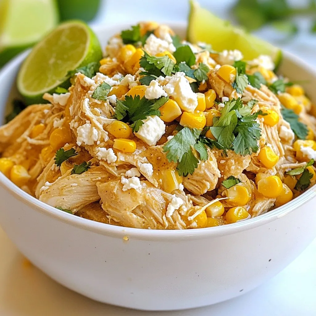 - 2 lbs boneless, skinless chicken thighs - 4 ears of corn, husked and kernels carefully removed - 1 cup cream cheese, softened to room temperature - 1 cup sour cream The main ingredients for Slow Cooker Street Corn Chicken make this dish hearty and tasty. I love using boneless, skinless chicken thighs. They stay juicy and tender as they cook. Fresh corn adds a sweet crunch and vibrant color. Cream cheese and sour cream create a creamy, rich sauce. This mix makes every bite a delight. - 1 teaspoon chili powder - 1 teaspoon garlic powder - 1 teaspoon smoked paprika - 1/2 teaspoon ground cumin - Salt and freshly cracked black pepper to taste - 1 cup crumbled feta cheese - 1/4 cup fresh cilantro, finely chopped (for garnish) - 1 lime, cut into wedges (for serving) Seasoning is key to great flavor. I use chili powder for a warm kick. Garlic powder brings a nice depth. Smoked paprika adds a hint of smokiness. Ground cumin gives a touch of earthiness. Don't forget salt and pepper to taste! For garnishing, I love crumbled feta cheese. It adds a salty creaminess that ties the dish together. Fresh cilantro brightens up each serving. Finally, lime wedges add a zesty finish. Squeezing lime over the top makes it even better! {{ingredient_image_2}} Start by placing the chicken thighs in the slow cooker. Lay them flat at the bottom. Make sure they form one even layer. This helps the chicken cook well and keeps it juicy. Avoid stacking the thighs on top of each other. If you do, some may not cook through. In a bowl, mix the cream cheese and sour cream. Add chili powder, garlic powder, smoked paprika, and cumin. Blend these until smooth. You can use a hand mixer or a spatula. The goal is to have a creamy, lump-free blend. Once it’s ready, spread this mixture over the chicken. Make sure you cover each thigh well. This adds flavor to every bite. Cover the slow cooker with its lid. Cook on low for 6-7 hours or high for 3-4 hours. The chicken should be very tender when done. To check, use two forks to shred the chicken in the slow cooker. Mix the shredded chicken with the corn and creamy sauce. This will ensure every piece is coated. After shredding, fold in the feta cheese gently. This allows the cheese to melt slightly and mix in. Serve hot with cilantro and lime wedges. To ensure even cooking and flavor, start by layering the chicken thighs flat in your slow cooker. This step helps the chicken cook uniformly. Next, spread the creamy mixture over the chicken. This allows all the spices to blend well. The corn should be added last, ensuring it sits on top. This way, it steams well and adds moisture. Season the dish with just the right amount of salt and pepper. Taste it before serving to adjust flavors if needed. For a great presentation, serve the chicken in bowls. I like to add a sprinkle of fresh cilantro on top for color. Lime wedges on the side add a zesty twist. You could pair this dish with warm tortillas or serve it over fluffy rice. This adds more texture and makes the meal hearty. If you want to impress, consider a colorful salad as a side. Using a reliable slow cooker makes a difference. I recommend one with a capacity of at least 6 quarts. This size lets you cook enough for the whole family. Look for a slow cooker with a programmable timer. It allows you to set cook times easily. A good mixing bowl and a hand mixer help blend the creamy sauce well. You'll also need two forks for shredding the chicken after cooking. Pro Tips Use Fresh Corn: For the best flavor, opt for fresh corn on the cob rather than frozen or canned. The sweetness and crunch of fresh corn will enhance the overall dish. Adjust Spice Levels: If you prefer a spicier dish, feel free to increase the amount of chili powder or add in diced jalapeños for an extra kick. Make Ahead: This dish can be prepared in advance. Simply shred the chicken and mix it with the sauce, then store it in the refrigerator for up to 2 days before serving. Serve with Sides: Pair this dish with warm tortillas or over fluffy rice to create a more filling meal that is perfect for sharing. {{image_4}} You can change some ingredients to suit your taste. For cheese, try using goat cheese or cream cheese. If you prefer a different spice, use taco seasoning or paprika. You can also swap sour cream for Greek yogurt. This will make the dish lighter but still creamy. If you need a gluten-free option, check your spices. Most are safe, but always read the labels. For a low-carb meal, skip the corn or use cauliflower rice instead. You can also add more chicken or veggies to keep it filling. Add local flavors to make this dish unique. For a Mexican twist, mix in some diced jalapeños or fresh corn salsa. If you love Southern flavors, add some hot sauce or smoked sausage. You can also finish with avocado slices or pickled onions for a fun garnish. To store leftover slow cooker street corn chicken, let it cool first. Place the chicken in an airtight container. It will stay fresh in the fridge for up to four days. Make sure to cover it well to prevent drying out. When you are ready to eat the leftovers, reheat them gently. You can use the microwave for quick heating. Heat it in a bowl, covered with a damp paper towel. This helps keep it moist. Stir halfway through to heat evenly. You can also reheat it on the stove over low heat. Stir often to avoid burning. Freezing is a great way to keep this dish longer. Place the cooled chicken in a freezer-safe bag or container. Remove as much air as possible to prevent freezer burn. It can last up to three months in the freezer. When you want to eat it, thaw it overnight in the fridge. Reheat it as mentioned above for the best taste. Yes, you can use frozen corn. Frozen corn is sweet and convenient. It also cooks well in the slow cooker. Just add it straight from the bag. No need to thaw. This saves time and effort. Fresh corn has a great crunch, but frozen works too. If you want to make more, cook it longer. For every extra pound of chicken, add about 30 minutes. Use a meat thermometer to check the chicken. It should reach 165°F to be safe. Larger batches may need an hour on low or 30 minutes on high. Yes, you can prep it the night before. Layer the chicken and cream cheese mix in the slow cooker. Cover and store it in the fridge. In the morning, turn on the slow cooker. This way, you save time on busy days. Enjoy a warm meal when you get home! In this post, I covered a tasty slow cooker street corn chicken recipe. We explored the key ingredients, like chicken thighs, fresh corn, and spices. I shared step-by-step instructions to make this dish easy for anyone. You learned cooking tips, variations for different diets, and how to store leftovers. This meal is simple, fun to make, and packed with flavor. Try it out for a delicious meal!
